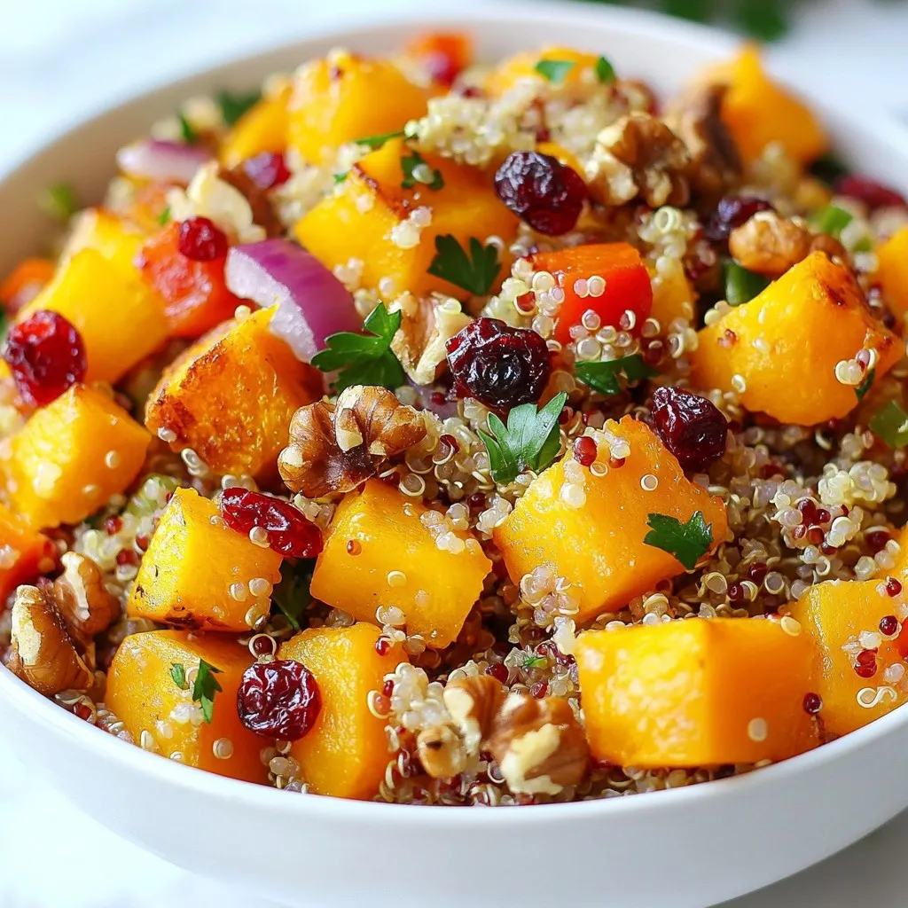 - 1 medium butternut squash, peeled and cubed - 1 cup quinoa, rinsed - 2 cups vegetable broth - 1 red bell pepper, diced - 1/2 cup red onion, finely chopped - 1/2 cup dried cranberries - 1/2 cup chopped walnuts, toasted - 2 tablespoons olive oil - 1 teaspoon ground cumin - 1 teaspoon smoked paprika - Salt and pepper to taste - Fresh parsley, for garnish When I make this Roasted Butternut Squash Quinoa Salad, I start with the main ingredients. The butternut squash shines here. I peel and cube it into small pieces. This helps it roast evenly and caramelize nicely. Next, I focus on quinoa. I always rinse it first. This removes any bitter taste. I use vegetable broth to cook the quinoa. It adds rich flavor to the dish. For the additional ingredients, I love the crunch of red bell pepper and the sharpness of red onion. Dried cranberries add a touch of sweetness. And toasted walnuts give the salad a lovely crunch. Now, let’s talk seasonings. Olive oil is key for roasting. I use ground cumin and smoked paprika for warmth and depth. I always add salt and pepper to taste. Fresh parsley makes a great garnish, adding color and freshness. Every ingredient plays a role in this delightful mix, creating a flavor explosion in every bite. {{ingredient_image_1}} 1. Preheat the oven: Start by preheating your oven to 400°F (200°C). This step is key for roasting the butternut squash perfectly. 2. Prepare butternut squash: Peel and cube your medium butternut squash. Aim for bite-sized pieces for even cooking. In a bowl, toss the cubes with 1 tablespoon of olive oil, ground cumin, smoked paprika, salt, and pepper. This mix adds great flavor to the squash. 1. Roast the butternut squash: Spread the seasoned squash on a baking sheet lined with parchment paper. Roast the squash in the oven for about 25-30 minutes. Toss it halfway through to ensure even cooking. The squash should be tender and slightly caramelized when done. 2. Cook the quinoa: While the squash roasts, rinse 1 cup of quinoa under cold water. Combine the rinsed quinoa and 2 cups of vegetable broth in a medium saucepan. Bring this mix to a boil over medium-high heat. After boiling, reduce the heat to low, cover, and simmer for about 15 minutes. Once the liquid is absorbed, fluff the quinoa with a fork and set it aside to cool. 1. Combine salad ingredients: In a large bowl, mix the cooked quinoa with the diced red bell pepper, chopped red onion, dried cranberries, and toasted walnuts. Once the butternut squash is ready, add it to the bowl and mix gently. 2. Dress and mix the salad: Drizzle the salad with the remaining tablespoon of olive oil. Add more salt and pepper if you like. Toss everything together until well combined. 3. Let the flavors meld: Allow the salad to sit for about 10 minutes before serving. This resting time helps all the flavors blend nicely. Enjoy your salad! To get that perfect tenderness, start with a medium butternut squash. Peel and cube it into small, even pieces. This helps it cook evenly. Toss the cubes with olive oil, ground cumin, smoked paprika, salt, and pepper. Spread them out on a baking sheet. This allows the heat to circulate. For caramelization, roast at 400°F (200°C) for about 25 to 30 minutes. Toss the squash halfway through. Keep an eye on the edges. They should turn golden-brown and crispy. This adds great flavor. Rinsing quinoa is key for better texture. Place it in a fine mesh strainer and rinse under cold water. This removes the natural coating, called saponin, which can taste bitter. Use a water-to-quinoa ratio of 2:1. For every cup of quinoa, add two cups of vegetable broth. This gives great flavor. Bring it to a boil, then reduce to low heat. Cover and simmer for about 15 minutes. Once the liquid absorbs, fluff it with a fork. For presentation, serve the salad in a large bowl. Garnish with fresh parsley. This adds a pop of color. You can also sprinkle extra toasted walnuts on top for crunch. For a more elegant touch, use a ring mold. Stack individual servings on plates. This makes your dish look fancy and fun. Pro Tips Use Fresh Herbs: Fresh parsley adds a burst of flavor and a vibrant color to your salad. Consider adding other herbs like cilantro or mint for a unique twist. Customize Your Nuts: While walnuts are delicious, feel free to experiment with other nuts like pecans or almonds for different textures and flavors. Perfectly Cooked Quinoa: Rinse quinoa thoroughly before cooking to remove its natural bitterness. This ensures a fluffier and more enjoyable texture. Make It A Meal: To turn this salad into a main dish, add a protein source like grilled chicken, chickpeas, or feta cheese for extra nutrition and satisfaction. {{image_2}} You can boost your salad with protein. Grilled chicken adds a hearty touch. The smoky flavor pairs well with the salad. If you're vegetarian, try adding tofu. It soaks up flavors and makes the dish filling. Chickpeas are another great choice. They offer protein and fiber, making your meal more satisfying. To add a burst of taste, consider feta cheese. Its creamy texture contrasts well with the squash. You can crumble it over the salad for a salty kick. Fresh herbs also make a difference. Try adding parsley, cilantro, or mint. They brighten the dish and add freshness. Tailor this salad to the seasons. In fall, use roasted root vegetables. Carrots or sweet potatoes also work well. In spring, add fresh peas or asparagus for crunch. During summer, include fresh tomatoes or cucumbers. Adapting the recipe keeps it exciting year-round. Each season offers new flavors to explore. To keep your salad fresh, store it in the fridge right away. Use airtight containers to seal in the flavors. Glass containers work great because they don't stain or absorb odors. Make sure the salad is cool before putting it in the fridge. For longer storage, you can freeze the salad. However, I suggest freezing only the quinoa and roasted squash. They freeze well and keep their taste. Pack them in freezer bags, pressing out the air before sealing. When you want to eat it, thaw overnight in the fridge. Reheat the quinoa and squash in a pan or microwave until warm. In the fridge, the salad will last about 3 to 5 days. After that, the taste and texture may change. To check for spoilage, look for off smells, slimy textures, or changes in color. If you see these signs, it’s best to discard the salad. Yes, you can make this salad in advance. It tastes even better after resting. I suggest preparing it up to a day before serving. Just store it in the fridge. This allows all the flavors to mix well. If you need an alternative grain, consider using farro, couscous, or rice. Each grain brings a unique taste and texture. Farro adds a nutty flavor, while couscous cooks quickly. Rice is a classic option that pairs well with many dishes. Roasting the squash adds a sweet and rich flavor. You can eat it raw, but it will have a crunchier texture. Roasting also softens the squash and enhances its natural sugars. This gives the salad a warm and comforting taste. This salad is almost vegan as is! Just ensure you use vegetable broth. Check that the olive oil is pure. All other ingredients are plant-based. You can enjoy this salad without any animal products. This blog post shared a simple, tasty salad recipe. We covered key ingredients like butternut squash, quinoa, and colorful veggies. You learned step-by-step instructions for preparation, cooking, and assembly. Tips on roasting and serving enhance your dish. I also shared variations to suit your taste and preferences. Lastly, proper storage ensures your salad stays fresh. Enjoy making this healthy salad that’s easy to customize. With these tips, live better and eat well!