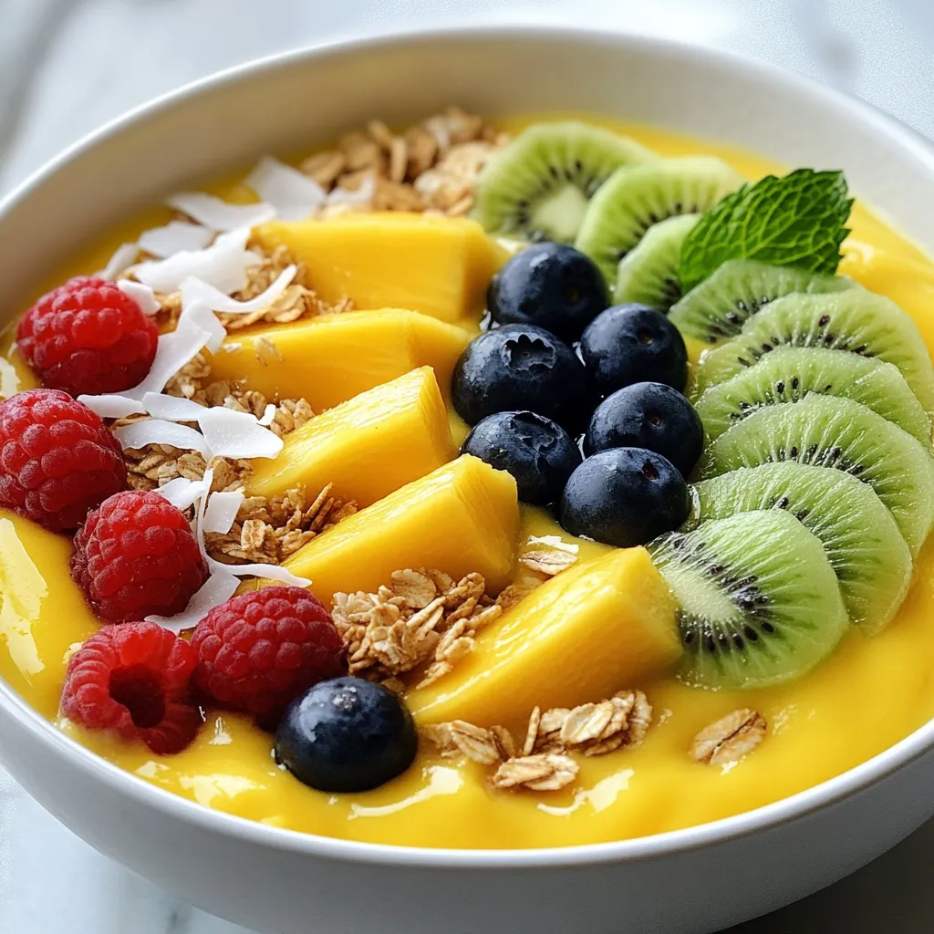 To make this tasty smoothie bowl, you need these key ingredients: - 2 ripe mangoes, peeled and diced - 1 banana, sliced - 1 cup coconut milk (or almond milk) - 1/2 cup Greek yogurt (or dairy-free alternative) - 1 tablespoon honey or maple syrup (optional) - 1/4 cup rolled oats - 1 tablespoon chia seeds These ingredients create a creamy and refreshing base. The mangoes provide a sweet, tropical flavor. The banana adds creaminess and natural sweetness. Coconut milk gives a rich, smooth texture. You can switch things up with these optional ingredients: - Spinach or kale for added greens - Protein powder for an energy boost - A dash of vanilla extract for extra flavor These additions let you personalize your smoothie bowl. Using greens makes it healthier. Protein powder can help keep you full longer. Add these tasty toppings for extra flavor and crunch: - Sliced kiwi - Shredded coconut - Granola - Fresh berries - Mint leaves These toppings bring color and texture to your bowl. They also enhance the taste, making each bite exciting. You can mix and match toppings to suit your taste. {{ingredient_image_1}} Start by peeling and dicing two ripe mangoes. You want sweet, juicy mango for the best taste. Next, slice one banana. In a blender, add the mango, banana, one cup of coconut milk, and half a cup of Greek yogurt. You can use a dairy-free yogurt if you prefer. If you like it sweeter, add one tablespoon of honey or maple syrup. Blend this mixture until it becomes smooth and creamy. This step creates the base of your smoothie bowl. After blending, add one-fourth cup of rolled oats and one tablespoon of chia seeds to the blender. Pulse the blender a few times to mix. The oats and chia seeds give your smoothie bowl a nice texture. They also add fiber and nutrients. You want to keep some texture, so don’t over-blend. This mixture should be thick but still pourable. Pour your smoothie mixture into a bowl. Use a spatula or the back of a spoon to smooth the top. Now comes the fun part—adding toppings! You can use sliced kiwi, shredded coconut, granola, fresh berries, and mint leaves. Be creative! Arrange the toppings in a colorful way. This makes your smoothie bowl not only tasty but also pretty. Serve it right away with a spoon and enjoy the fresh, tropical flavors! To find the best mangoes, feel for softness. Ripe mangoes should yield slightly when you press them. Look for a deep yellow or orange color. A few small blemishes are okay. Avoid mangoes that are too hard or have dark spots. For a thick and creamy smoothie bowl, use frozen fruit. If you want it thinner, add more coconut milk. Blend until smooth, but don’t over-blend. You want some texture from the oats and chia seeds. The right balance makes each bite delightful. You can swap Greek yogurt for a dairy-free alternative. Almond milk works great if you want a lighter touch. Try adding spinach for extra greens without changing the taste. Honey can be replaced with agave syrup for a vegan option. Pro Tips Use Frozen Fruit: For a thicker and colder smoothie bowl, consider using frozen mangoes and bananas instead of fresh. This will give your bowl a refreshing texture. Add Protein: If you're looking to boost the protein content, add a scoop of your favorite protein powder or an extra dollop of Greek yogurt. Experiment with Toppings: Feel free to get creative with your toppings! Try adding nuts, seeds, or other fruits like pineapple or papaya for additional flavors and textures. Blend Well: Ensure that you blend the ingredients thoroughly until smooth to achieve the perfect consistency for your smoothie bowl. {{image_2}} You can mix different fruits into your smoothie bowl. Try adding pineapple for a zesty taste. Papaya adds a sweet, smooth texture. You can also use berries for a fresh kick. Each fruit brings its own flavor and health benefits. Experiment and find your favorite mix! For a dairy-free version, use almond milk instead of coconut milk. You can swap Greek yogurt for a dairy-free yogurt. Coconut yogurt is a great choice for creaminess. Maple syrup works well if you want a vegan sweetener. These swaps keep your smoothie bowl tasty and plant-based! If you want more protein, add a scoop of protein powder. You can also mix in nut butter like almond or peanut. Silken tofu blends in easily and adds creaminess. These additions boost the nutrition of your smoothie bowl. Enjoy a filling meal that fuels your day! If you have leftover smoothie bowl, store it in an airtight container. This keeps it fresh. Place the container in the fridge. It will last for up to two days. When you’re ready to eat, give it a quick stir. You may need to add a splash of milk to thin it out. You can freeze the ingredients for your tropical mango smoothie bowl. Cut and peel ripe mangoes and bananas. Place them in freezer bags. Remove the air and seal tightly. They will stay good for up to three months. This way, you can have a smoothie bowl ready anytime you want. The prepped ingredients have varying shelf lives. Fresh mangoes and bananas last about three to five days in the fridge. Coconut milk can stay good for up to a week once opened. Greek yogurt lasts around five to seven days. Always check for any signs of spoilage before using. To make a Tropical Mango Smoothie Bowl, first gather your ingredients. You need two ripe mangoes, one banana, one cup of coconut milk, and half a cup of Greek yogurt. You can also add honey or maple syrup for sweetness, plus rolled oats and chia seeds for texture. 1. Start by peeling and dicing the mangoes. 2. Slice the banana and add both fruits to your blender. 3. Pour in the coconut milk and Greek yogurt. 4. If you want, add honey or maple syrup. 5. Blend until the mix is smooth and creamy. 6. Next, add the rolled oats and chia seeds. Pulse a few times to mix. 7. Pour the smoothie into a bowl and smooth the top. 8. Add your favorite toppings like kiwi, coconut, granola, and berries. 9. Serve with a spoon and enjoy this tasty treat! Yes, you can use frozen mangoes. They add a nice chill to your smoothie. Just blend them straight from the freezer. You can also swap mangoes for other fruits like pineapple or papaya. Each fruit will give a unique taste. Experiment to find your favorite mix! Smoothie bowls are packed with nutrients. They are rich in vitamins from fruits. Mangoes provide vitamin C, which helps your immune system. Bananas add potassium, good for your heart. Greek yogurt gives protein for strong muscles. Chia seeds add fiber, which helps digestion. The toppings also add more vitamins and minerals, making this bowl both tasty and healthy! You learned how to create a tasty tropical mango smoothie bowl. We covered key ingredients, step-by-step instructions, and tips for great flavor. Variations let you mix things up with new fruits and proteins. Storing leftovers helps keep them fresh for later use. Now, you can enjoy a refreshing treat anytime. Embrace your creativity and make your perfect bowl today.