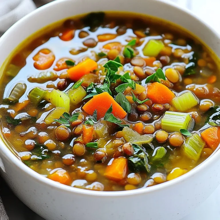 - 1 cup green or brown lentils, rinsed - 1 medium onion, diced - 2 carrots, diced - 2 celery stalks, diced - 3 cloves garlic, minced - 1 can (14 oz) diced tomatoes, with juices - 4 cups vegetable broth Lentils form the base of this soup. They are rich in protein and fiber. You can use green or brown lentils. Both types are tasty and nutritious. Next, we have fresh veggies. Onion, carrots, celery, and garlic add layers of flavor. They make the soup hearty and filling. The diced tomatoes bring natural sweetness and acidity. Vegetable broth ties it all together, making a warm, savory mix. - 1 teaspoon ground cumin - 1 teaspoon smoked paprika - 1 tablespoon olive oil - Salt and pepper to taste - 2 cups fresh spinach or kale, roughly chopped - Juice of 1 lemon - Fresh parsley, chopped for garnish Seasonings are key to a flavorful soup. Ground cumin gives warmth, while smoked paprika adds a nice depth. Olive oil helps to sauté the veggies and adds healthy fats. Spinach or kale brings color and nutrients. Lemon juice brightens the dish, making it refreshing. Finally, a sprinkle of fresh parsley adds a pop of color and taste. Together, these ingredients create a cozy, nourishing meal that warms both body and soul. {{ingredient_image_1}} In this article, I shared how to make Mediterranean lentil soup, starting with key ingredients, preparation, and cooking steps. I included tips for enhancing flavor and saving time. We explored ingredient swaps and dietary changes to suit your needs. Finally, I discussed how to store and reheat leftovers. This soup is not only easy to prepare, but it also delivers great taste and nutrition. Take these insights and create a dish that warms the soul and delights the senses. Enjoy your cooking journey!