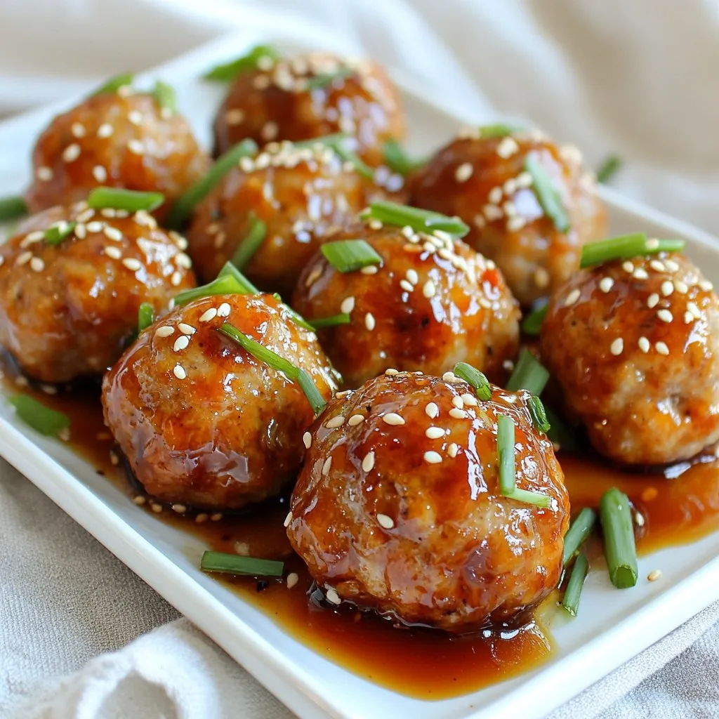 To make teriyaki turkey meatballs, you need simple, fresh ingredients. Here’s the list: - 1 pound ground turkey - 1/4 cup breadcrumbs - 1/4 cup finely chopped green onions - 2 cloves garlic, minced - 1 tablespoon fresh ginger, grated - 1 tablespoon soy sauce - 1 tablespoon teriyaki sauce - 1 teaspoon sesame oil - 1/2 teaspoon black pepper - 1/4 teaspoon salt - 1 tablespoon vegetable oil (for frying) These ingredients combine to create a flavorful and juicy meatball. Garnishes can elevate your dish. For your meatballs, consider adding: - Sesame seeds - Additional sliced green onions These toppings add color and crunch, enhancing the dish. If you lack an ingredient, don’t worry! Here are some easy swaps: - Ground turkey can be replaced with ground chicken or beef. - Use panko breadcrumbs for a lighter texture. - Coconut aminos can stand in for soy sauce if you need a gluten-free option. - Olive oil can work instead of sesame oil for a different flavor. These substitutions keep your meatballs tasty while fitting your needs. {{ingredient_image_1}} To start, gather your ingredients. You need: - 1 pound ground turkey - 1/4 cup breadcrumbs - 1/4 cup finely chopped green onions - 2 cloves garlic, minced - 1 tablespoon fresh ginger, grated - 1 tablespoon soy sauce - 1 tablespoon teriyaki sauce - 1 teaspoon sesame oil - 1/2 teaspoon black pepper - 1/4 teaspoon salt In a large bowl, combine the ground turkey with breadcrumbs, chopped green onions, garlic, ginger, soy sauce, teriyaki sauce, sesame oil, black pepper, and salt. Mix everything well. I find my hands work best for this task. The mixture should feel sticky and hold together. Next, form the mixture into small meatballs. Aim for about 1 inch in size. You should end up with around 20 meatballs. Make them uniform so they cook evenly. Now, heat 1 tablespoon of vegetable oil in a large skillet over medium heat. Make sure the oil is hot before adding the meatballs. This helps them brown nicely. Carefully add the meatballs in a single layer. Cook for about 6-8 minutes. Turn them occasionally to brown on all sides. You want them golden brown and cooked through. Check the internal temperature. It should reach 165°F (75°C) for safe eating. Once cooked, remove the meatballs from the skillet. If you like, drain them on paper towels to remove excess oil. For a burst of flavor, drizzle a little more teriyaki sauce over the hot meatballs. This will caramelize slightly and add a nice glaze. Transfer the meatballs to a serving platter. Garnish them with sesame seeds and sliced green onions. This adds a great crunch and fresh look. Enjoy your teriyaki turkey meatballs with rice or noodles, or serve them as an appetizer. They are sure to be a hit! To cook your meatballs just right, follow these steps: - Use a meat thermometer to check the internal temperature. It should reach 165°F (75°C). - Don’t overcrowd the skillet. Cook in batches if needed for even cooking. - Turn the meatballs gently while cooking. This helps them brown nicely on all sides. Want to boost the flavor of your meatballs? Here are some ideas: - Add a splash of lime juice for a zesty kick. - Mix in fresh herbs like cilantro or basil for extra depth. - Try a dash of chili flakes if you enjoy some heat. - Drizzle extra teriyaki sauce right after cooking for a sweet glaze. Using the right tools makes cooking easier. Here’s what I suggest: - A large mixing bowl is key for combining the meatball mixture. - Use a sturdy skillet for frying the meatballs evenly. - A wooden spoon helps mix ingredients without damaging the bowl. - Don’t forget a meat thermometer for checking doneness! These tools will make your cooking experience smoother and more enjoyable. Pro Tips Use Chilled Ingredients: Chilling the ground turkey and ingredients before mixing helps the meatballs hold their shape better during cooking. Experiment with Flavors: Feel free to add chopped bell peppers or mushrooms to the meat mixture for added texture and flavor. Don’t Overcrowd the Pan: Fry meatballs in batches to ensure they brown evenly and cook through without steaming. Adjust the Sauce: If you prefer a sweeter teriyaki flavor, mix in a bit of honey or brown sugar to the sauce before drizzling. {{image_2}} You can swap ground turkey for other meats. Ground chicken works very well. You can also use ground beef or pork for a richer taste. For a vegetarian option, try using mashed tofu or lentils. Just ensure you adjust the seasoning to fit the protein you choose. While teriyaki sauce is great, you can mix things up. Try using hoisin sauce for a sweeter flavor. You can also use a spicy chili sauce for a kick. If you want a tangy touch, add some sweet and sour sauce. Each sauce gives a unique taste to the meatballs. These meatballs pair well with many sides. Serve them over steamed rice or noodles. You can also have them with a fresh salad for a lighter meal. Roasted vegetables make a great side too. For a fun twist, serve them in lettuce wraps. After you cook your teriyaki turkey meatballs, let them cool first. Place them in a shallow container. Use an airtight lid to keep them fresh. Cooked meatballs can last in the fridge for up to three days. If you want them to stay longer, consider freezing them. To freeze your meatballs, arrange them in a single layer on a baking sheet. Make sure they do not touch each other. Place the sheet in the freezer for about one hour. Once they are firm, transfer the meatballs to a freezer bag. Label the bag with the date. Frozen meatballs can last up to three months. When you are ready to eat, you can reheat the meatballs easily. You can use the microwave, oven, or stovetop. For the microwave, place them on a plate and cover with a damp paper towel. Heat for one to two minutes. For the oven, set it to 350°F (175°C) and heat for 10-15 minutes. If you use the stovetop, add a bit of water to a pan and cover. Heat on low, stirring gently until warmed through. Enjoy your tasty meatballs! You can tell if your turkey meatballs are cooked when they reach a safe temperature. Use a meat thermometer to check. The internal temperature should be 165°F (75°C). When they are golden brown on the outside, they are likely done. If you cut one open, the meat should be white and no pink should show. Yes, you can make these meatballs ahead of time. Prepare the meatball mixture and form the meatballs. You can then chill them in the fridge for up to 24 hours before cooking. This helps the flavors blend well. You can also cook the meatballs, let them cool, and store them in the fridge for up to three days. Reheat them before serving. Teriyaki turkey meatballs pair well with many sides. Try serving them with steamed rice or fried rice for a complete meal. You can also add stir-fried veggies for color and crunch. For a lighter option, serve them on a bed of greens or in lettuce wraps. Don’t forget to drizzle extra teriyaki sauce on top for added flavor! You learned about making teriyaki turkey meatballs. We covered ingredients, cooking steps, and useful tips. I shared ways to customize flavors and variations with different proteins. You also learned how to store and reheat them. These meatballs are easy, fun, and tasty. Enjoy cooking and sharing them with others. You've got the tools to make a tasty dish!
