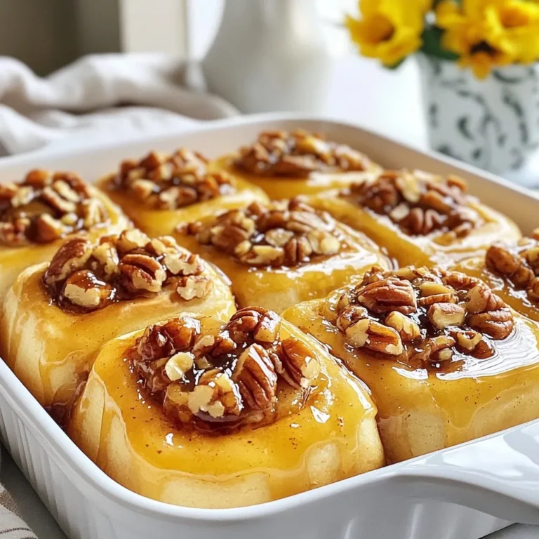 - 4 cups all-purpose flour - 1/4 cup granulated sugar - 2 1/4 teaspoons instant yeast - 1 teaspoon salt - 1/2 cup whole milk - 1/2 cup unsalted butter - 2 large eggs - 1 teaspoon vanilla extract - 1 cup pecans, chopped - 1/2 cup brown sugar - 1/2 cup maple syrup - 1 tablespoon ground cinnamon - 1/4 cup unsalted butter for filling To make Maple Pecan Sticky Buns, you need simple ingredients. The base is all-purpose flour, which gives the buns their structure. Granulated sugar adds sweetness, while instant yeast helps the dough rise. Salt enhances flavors, and whole milk makes the dough rich. Unsalted butter adds moisture and flavor. The eggs bind the dough and add richness. Pecans bring a delightful crunch. Brown sugar and maple syrup form the sticky topping, giving these buns their signature flavor. Ground cinnamon adds warmth and spice. You’ll also need some softened butter for the filling, making the buns extra delicious. - Variations for nut use (e.g., walnuts, almonds) - Flavor substitutions (e.g., almond extract instead of vanilla) If you want to change things up, you can swap nuts. Walnuts or almonds work great instead of pecans. You can also use almond extract in place of vanilla for a different flavor. These swaps can create a new twist on this classic treat. {{ingredient_image_1}} To start, you need to mix the dry and wet ingredients. In a large bowl, combine 4 cups of all-purpose flour, 1/4 cup of granulated sugar, 2 1/4 teaspoons of instant yeast, and 1 teaspoon of salt. Whisk these together well. In another bowl, mix 1/2 cup of warmed whole milk, 1/2 cup of melted unsalted butter, 2 large eggs, and 1 teaspoon of vanilla extract. Pour the wet mix into the dry mix. Stir it until a dough forms. Next, knead the dough on a floured surface for about 5-7 minutes. You want the dough to become smooth and elastic. When you finish kneading, place the dough in a greased bowl. Cover it with a damp cloth and let it rise in a warm spot for about 1 hour. It should double in size. While the dough rises, prepare the sticky topping. In a medium saucepan, combine 1 cup of chopped pecans, 1/2 cup of brown sugar, 1/2 cup of maple syrup, and 1/4 cup of softened unsalted butter. Heat it over medium heat. Stir until everything melts and blends well. Once it's ready, remove it from heat and set it aside. After the dough has risen, punch it down gently to release air. Roll the dough out on a floured surface into a rectangle, about 16x12 inches. Spread the softened butter over the surface. Then, sprinkle a mix of 1 tablespoon of ground cinnamon and more brown sugar evenly on top. Next, start rolling the dough tightly from one long side. Once you have a log, cut it into 12 equal pieces. Place the cut rolls snugly in a greased 9x13-inch baking dish. Pour the sticky pecan mixture evenly over the rolls. Cover the dish with a cloth and let the buns rise for another 30 minutes until puffy. Preheat your oven to 350°F (175°C). Bake the buns for 25-30 minutes until they turn golden brown. After baking, let them cool for 5 minutes before flipping them onto a serving platter. Enjoy your warm Maple Pecan Sticky Buns! To know when the dough has risen enough, look for it to double in size. This process usually takes about one hour. If your dough is soft and puffy, it's ready. When kneading the dough, use a floured surface. Knead it for about 5 to 7 minutes. You want it smooth and elastic. If the dough sticks to your hands, sprinkle a bit more flour. When rolling out the dough, aim for a rectangle. Make it about 16 by 12 inches. This size helps in getting even rolls. Maple Pecan Sticky Buns taste best warm. Serve them fresh from the oven for a delightful treat. You can drizzle extra maple syrup over the top for added sweetness. For drinks, consider pairing these buns with coffee or hot chocolate. A side of whipped cream cheese spread adds a nice touch. One common mistake is over-kneading the dough. This can make the buns tough. If you feel the dough is too firm, stop kneading. Another mistake is not allowing enough time for rising. The dough needs time to puff up. Skipping this step can lead to dense buns. Always be patient for the best results. Pro Tips Use Fresh Yeast: Ensure your yeast is fresh for the best rise and fluffy buns. If unsure, proof it in warm water with sugar before adding to the dough. Room Temperature Ingredients: Using room temperature eggs and butter helps create a smoother dough and enhances the overall texture of the buns. Customize the Nuts: Feel free to substitute pecans with walnuts or almonds for a different flavor profile in your sticky buns. Extra Sticky Topping: For an even stickier finish, increase the amount of maple syrup in the topping mixture for a more decadent treat. {{image_2}} You can change the flavor of your sticky buns easily. Try adding spices like nutmeg or cardamom for warmth. These spices give a nice twist to the sweet taste. If you want a creamier topping, swap the maple glaze for a cream cheese glaze. This change adds a rich, tangy flavor that pairs well with the sweetness. For those with dietary needs, there are great options. You can use gluten-free flour instead of all-purpose flour. Many brands make good blends that work well in baking. If you want to make these buns vegan, try using plant-based milk and butter. Also, replace eggs with flaxseed meal or applesauce. These swaps keep the buns tasty and fluffy. You can serve sticky buns in different ways. Individual sticky buns are fun and easy to grab. Just cut them into smaller pieces before baking. This way, each person gets their own. Alternatively, you can make a larger pull-apart version. This style is perfect for sharing at brunch or a family gathering. Just bake all the rolls together, and everyone can enjoy pulling apart their treat! To keep your Maple Pecan Sticky Buns fresh, place them in an airtight container. You can store them in the fridge for up to five days. If you notice mold or an off smell, it's time to toss them. Dry or hard spots also mean they have spoiled. You can freeze these sticky buns for later enjoyment. If you want to freeze the raw buns, wrap them tightly in plastic wrap. Place them in a freezer bag and store for up to three months. To freeze baked buns, let them cool completely first. Then, wrap them well and store them. To reheat, bake the frozen buns at 350°F (175°C) for 20-25 minutes. If you freeze raw buns, let them rise first, then bake as usual. This way, they stay soft and tasty. Maple Pecan Sticky Buns last about two days on the counter if covered. In the fridge, they stay fresh for up to five days. If you freeze them, they can last up to three months. Always check for spoilage before eating. Enjoy your tasty treats! To check if your buns are done, look for a golden color. You can also tap the top gently. If it sounds hollow, they are ready. The internal temperature should reach 190°F. Use a food thermometer for accuracy. Let them cool for five minutes before serving. Yes, you can prepare the dough ahead of time. After kneading, place the dough in a greased bowl. Cover it tightly with plastic wrap. Store it in the fridge overnight. When you are ready to bake, let the dough sit at room temperature for 30 minutes before rolling. If you need a nut-free option, try sunflower seeds. They add a nice crunch. You can also use walnuts or almonds for a different flavor. Chopped hazelnuts work well too. Adjust the quantity based on your taste preference. You’ve learned how to make delicious Maple Pecan Sticky Buns from scratch. We covered the key ingredients and step-by-step instructions to guide your baking journey. Remember to knead the dough just right for the best texture. Explore flavor and dietary variations to make this recipe your own. With the tips and tricks provided, you can avoid common mistakes and serve these buns perfectly. Enjoy the sweet rewards of your hard work and share them with friends and family!