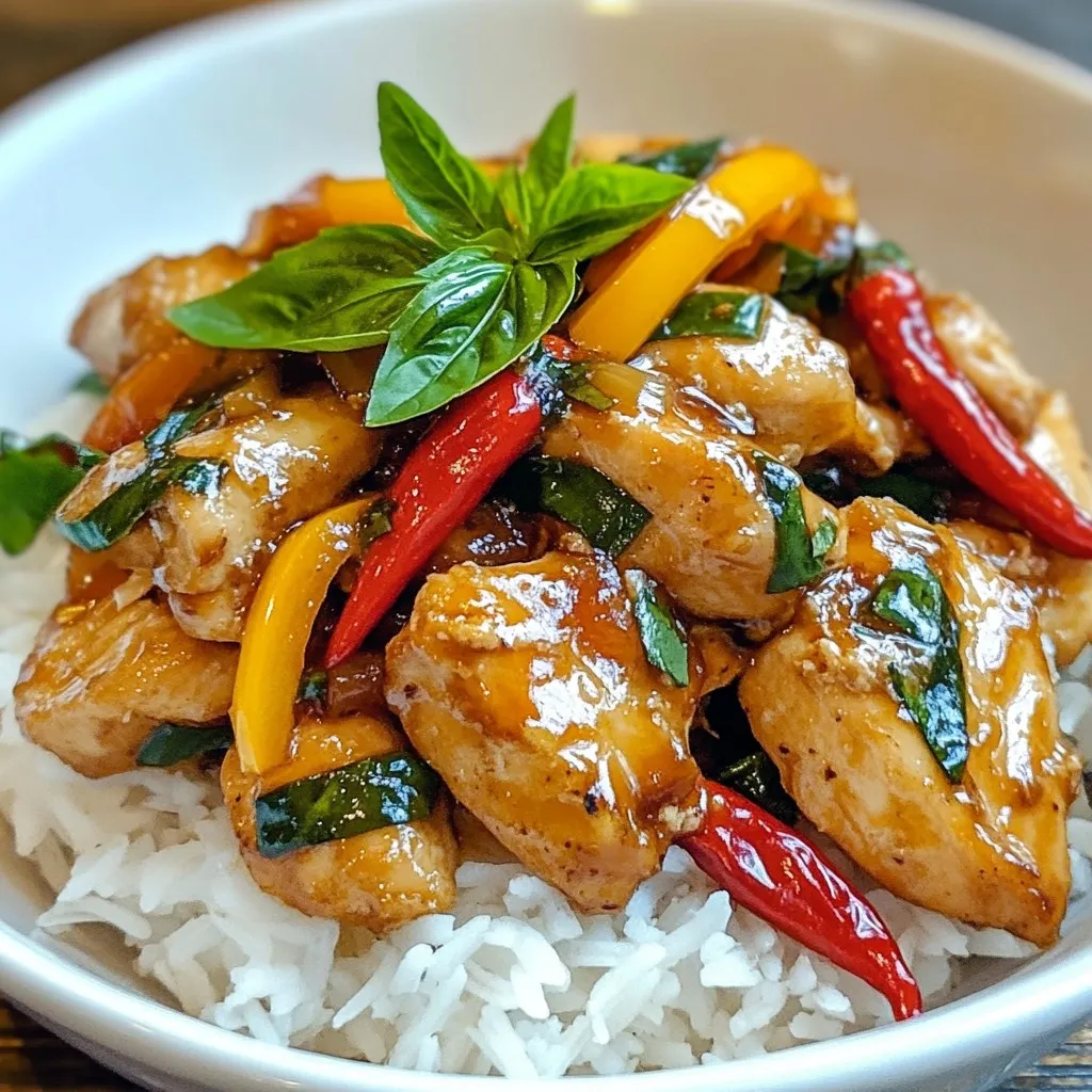 - 1 lb (450g) chicken breast, thinly sliced - 3 cups fresh Thai basil leaves - 3 tablespoons soy sauce - 1 tablespoon oyster sauce (optional) - 2 tablespoons vegetable oil - 4 cloves garlic, minced - 2 red Thai chillies, sliced - 1 bell pepper, sliced - 1 medium onion, sliced - 1 teaspoon sugar - Cooked jasmine rice, for serving The base of this dish is chicken breast. It cooks quickly and stays tender. Fresh Thai basil leaves give a unique flavor. I love the smell of basil cooking. Soy sauce and oyster sauce add depth. They help create that savory umami taste. Don't forget the vegetables! Bell peppers, onions, and chillies add crunch and color. Garlic brings an aromatic touch. You can make this dish vegetarian by swapping chicken for tofu or tempeh. Use the same slice size to keep it uniform. If you want to reduce sodium, try low-sodium soy sauce. Gluten-free soy sauce is also easy to find. Just ensure your other sauces are gluten-free, too. This recipe serves four people. You can easily adjust it. For larger groups, double the ingredients. For fewer servings, cut the ingredients in half. When meal prepping, keep in mind that the chicken cooks quickly. Chop veggies ahead of time for easy cooking later. {{ingredient_image_1}} Start by getting your chicken breast ready. Thinly slice 1 pound of chicken. Aim for even pieces to cook well. Next, slice your bell pepper and onion. Use a sharp knife for easy slicing. Mince 4 cloves of garlic. For the chillies, slice 2 red Thai chillies. Adjust the amount based on how spicy you like it. If you want extra flavor, you can marinate the chicken. Mix 2 tablespoons of soy sauce with 1 teaspoon of sugar. Let the chicken soak for about 10 minutes. This step adds depth to the dish. Heat 2 tablespoons of vegetable oil in a large wok or skillet over medium-high heat. Add the minced garlic and sliced chillies. Fry for about 30 seconds until they smell good. Then, turn the heat to high and add the sliced chicken. Stir-fry it for about 5 to 7 minutes. Look for a nice brown color on the chicken to know it's done. Now, add your sliced bell pepper and onion. Cook those for 3 to 4 minutes. You want them tender but still crisp. Next, stir in 3 tablespoons of soy sauce, 1 tablespoon of oyster sauce (if using), and 1 teaspoon of sugar. Mix everything well and cook for an extra 2 minutes. Finally, take the pan off the heat. Fold in 3 cups of fresh Thai basil leaves. Let them wilt with the heat. This step brings out the wonderful aroma of the basil. To serve, scoop the Thai Basil Chicken into a large bowl. For a beautiful look, sprinkle extra fresh basil on top. You can also add lime wedges on the side. The lime juice adds a fresh burst of flavor. Serve this over jasmine rice for a complete meal. Enjoy your easy and flavorful Thai Basil Chicken! To get the best from your stir-fry, keep the heat high. Start with hot oil to sear the chicken fast. This helps keep the chicken juicy. Stir often to cook the meat evenly. If you cook too long, the chicken will dry out. For the vegetables, add them in steps. Start with the chicken, then add the onions and bell peppers. This helps them stay crisp. If you toss everything in at once, they may turn mushy. You can add heat or sweetness to your dish. For more spice, toss in extra chillies. If you like it sweet, a bit more sugar works well. You can also try adding lime juice for a fresh kick. Herbs and spices can change the flavor game. Consider adding ginger or lemongrass for a unique twist. Experiment with what you have in your kitchen. Fresh herbs like cilantro or mint can brighten the dish, too. Using the right pan is key. A large wok is best for stir-frying. It holds heat well and allows for easy tossing. If you don’t have a wok, a large skillet can work, too. For flavor, use a flat spatula. It helps in getting a good sear on the chicken. A wooden spoon can also be handy for mixing. Make sure to keep your cookware clean for the best taste. Pro Tips Adjust the Spice Level: If you're sensitive to heat, remove the seeds from the Thai chillies or use fewer chillies to customize the spice level to your liking. Fresh Basil is Key: Using fresh Thai basil will enhance the flavor of the dish significantly. Avoid dried basil for the best results. Cook on High Heat: Stir-frying on high heat ensures that the chicken cooks quickly and retains its moisture, resulting in tender pieces. Serve Immediately: This dish is best enjoyed fresh and hot. Serve immediately after cooking to maintain the vibrant flavors and textures. {{image_2}} You can make a tasty vegetarian version of this dish. Instead of chicken, use tofu or tempeh. Both options soak up flavors well and give a nice texture. - Tofu: Use firm tofu. Press it first to remove extra water. Cut it into cubes and stir-fry until golden. - Tempeh: Slice tempeh thinly. It has a nutty taste and adds great protein. Cooking times will change a bit. Tofu usually takes 5-7 minutes to brown. Tempeh may need about 8-10 minutes until heated through. Always ensure it is cooked well and heated fully. Want more heat? You can make the dish spicier by adding different types of chillies. - Types of Chillies: Use bird's eye chillies for extra heat. Jalapeños are milder but still tasty. - Spicy Ingredients: Consider adding Thai chili paste or a dash of sriracha. Both can boost the spice level. Mix these spicy ingredients into your stir-fry for a fiery kick. Adjust the quantity to match your heat preference. To make a healthier Thai Basil Chicken, reduce the oil or sugar in the recipe. - Reducing Oil: Use just one tablespoon of oil for frying. This still gives flavor without extra calories. - More Vegetables: Add more veggies like broccoli, carrots, or snap peas. These add color and nutrition. These tweaks keep the dish light while still being full of flavor. Enjoy a guilt-free meal that tastes great! To keep your Thai Basil Chicken fresh, store it in airtight containers. Glass or plastic containers work well. Make sure to let the dish cool before sealing. This helps prevent moisture buildup. Place the container in the fridge. It can last up to three days. For reheating, the stovetop is best. Use a skillet on low heat. Add a splash of water or broth to keep it moist. Stir often until warmed through. Microwaving is quicker but can make the chicken tough. If you must, use a lower power setting. Yes, you can freeze Thai Basil Chicken! Make sure it is cool before freezing. Place it in a freezer-safe container or bag. It can last up to three months in the freezer. To thaw, move it to the fridge overnight. Reheat as mentioned above for best results. Thai basil has a unique flavor. It tastes spicy and sweet, with hints of anise. It also has purple stems and smaller leaves than regular basil. Regular basil is milder and more floral. Thai basil is a key ingredient in many Asian dishes. You can find it in Thai curries, stir-fries, and salads. The bold flavor pairs well with meats and vegetables. Yes, you can use other proteins in this dish. Chicken works great, but you can try beef, pork, or shrimp. For beef or pork, slice it thin for even cooking. If you use shrimp, cook until they turn pink. Just adjust the cooking time based on the protein type. Cook shrimp for about 3-4 minutes, while beef and pork take about 5-7 minutes. To make your Thai Basil Chicken gluten-free, swap out soy sauce for gluten-free soy sauce. Many brands offer gluten-free options that taste great. Also, check the oyster sauce. Some brands are gluten-free, so read labels carefully. This way, you can enjoy the same rich flavors without gluten. This blog post offered a clear guide to making Thai Basil Chicken. We explored essential ingredients, possible substitutes, and portioning tips. I shared step-by-step cooking instructions and valuable tips for mastering your stir-fry technique. Variations like vegetarian and spicy versions catered to different tastes. Lastly, we covered storage methods to keep your dish fresh and delicious. Enjoy making your Thai Basil Chicken, and remember to play with flavors to make it your own!