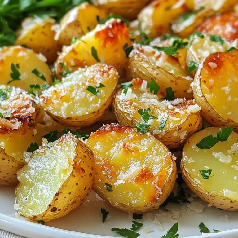 - 2 pounds baby potatoes - 4 cloves garlic - 1/4 cup grated Parmesan cheese - 3 tablespoons olive oil - 1 teaspoon dried Italian herbs - Salt and pepper to taste - Fresh parsley for garnish When I make garlic Parmesan roasted potatoes, I start with fresh ingredients. I love using 2 pounds of baby potatoes. These small potatoes are tender and cook evenly. I cut them in half to help them crisp up. Next, I add 4 cloves of minced garlic. Garlic gives the potatoes a strong, savory flavor. It becomes fragrant as it roasts. For seasoning, I use 1/4 cup of grated Parmesan cheese. This cheese melts and forms a tasty crust. I also drizzle 3 tablespoons of olive oil over the potatoes. The oil helps them brown nicely. I sprinkle in 1 teaspoon of dried Italian herbs. This mix can include oregano, thyme, or basil. It adds a lovely herbal note. Finally, I season with salt and pepper to taste. I like to finish the dish with fresh parsley. It adds color and a bright flavor. Together, these simple ingredients create a dish that is both crispy and flavorful. {{ingredient_image_1}} 1. Preheat your oven to 425°F (220°C). This high heat helps the potatoes become crispy. 2. In a large bowl, combine the halved baby potatoes with 3 tablespoons of olive oil. Add 4 minced garlic cloves, 1 teaspoon of dried Italian herbs, and salt and pepper to taste. Toss the potatoes until they are well coated. This mix gives the potatoes great flavor. 3. Spread the coated potatoes evenly on a baking sheet. Make sure they are cut side down. This helps them brown better. 4. Roast the potatoes in the preheated oven for 25-30 minutes. Turn them halfway through cooking. Look for a golden brown color and a crispy texture. The smell will make your mouth water! 5. When the potatoes are done, take them out of the oven. Sprinkle 1/4 cup of grated Parmesan cheese over the hot potatoes. 6. Return the baking sheet to the oven for an extra 5 minutes. This time allows the cheese to melt and form a tasty crust. 7. After baking, let the potatoes cool slightly. Garnish with freshly chopped parsley for a pop of color. Enjoy your delicious garlic Parmesan roasted potatoes! To get your garlic Parmesan roasted potatoes nice and crispy, size matters. I recommend cutting your baby potatoes in half. This size helps them cook faster and get that golden crust. You can also try cutting them into quarters if you want even smaller bites. The placement on the baking sheet is key, too. Always place the cut side down. This helps the potatoes get that crunchy surface. Use parchment paper to prevent sticking and make cleanup easy. Want to elevate the flavor? You can add more herbs or spices! Try adding rosemary or fresh thyme for a fragrant twist. You can also mix in some paprika for a little kick. If you don't have Parmesan cheese, you can use other cheeses. Grated Pecorino Romano adds a sharp flavor. For a dairy-free option, try nutritional yeast. It gives a cheesy taste without the dairy. Pro Tips Even Sizing: Ensure all potato halves are cut to the same size for even cooking and browning. Pre-soak for Crispiness: Soak the halved potatoes in cold water for 30 minutes before cooking to achieve extra crispiness. Use Fresh Garlic: Freshly minced garlic adds a more vibrant flavor compared to pre-minced or jarred garlic. Adjust Cheese to Taste: Feel free to experiment with different cheeses such as cheddar or pecorino for varied flavors. {{image_2}} You can use many herbs for this dish. Try fresh rosemary for a strong flavor. Oregano gives it a nice taste, too. Basil adds a sweet touch, which is great in summer. You can mix and match these herbs based on what you like or what is fresh. Seasonal herbs can make your roasted potatoes shine with flavor. While Parmesan is tasty, you can switch it up. Try using pecorino for a sharper flavor. Cheddar adds a rich taste. If you prefer vegan options, check out nutritional yeast. It gives a cheesy flavor without dairy. Many stores sell vegan cheese that melts well. These options keep the dish fun and fresh. You can roast these potatoes in an air fryer. Set it to 400°F (200°C) and cook for 15-20 minutes. Shake the basket halfway through for even cooking. Grilling is another fun option. Toss the coated potatoes in a grill basket and cook over medium heat. They will get a nice smoky flavor. Each method gives you crispy potatoes with unique tastes. To store leftovers, let the garlic Parmesan roasted potatoes cool. Place them in an airtight container. Try to use a container that is not too big. This will help keep them fresh. You can store these potatoes in the fridge for up to three days. The best way to reheat these potatoes is in the oven. Preheat your oven to 350°F (175°C). Spread the potatoes on a baking sheet. This will help keep them crispy. Heat them for about 10-15 minutes. You can also use a skillet. Just place the potatoes in a pan over medium heat. Stir them often to keep them from burning. Avoid using the microwave, as it can make the potatoes soggy. To make your garlic Parmesan roasted potatoes crispy, follow these key techniques: - Cut the Potatoes Evenly: Halve the baby potatoes to ensure they cook at the same rate. This helps them get crispy all over. - Preheat Your Oven: Set your oven to 425°F (220°C) before cooking. A hot oven creates a great crunch. - Use Parchment Paper: Line your baking sheet with parchment paper. This prevents sticking and aids in crispiness. - Arrange Cut Side Down: Place the potatoes cut side down on the baking sheet. This gives them a nice sear and crispy texture. - Turn Halfway: Flip the potatoes halfway through roasting. This ensures even cooking and browning. - Add Cheese at the End: Sprinkle Parmesan cheese during the last five minutes of baking. This allows the cheese to melt and form a crispy crust. Yes, you can use various potato types for this recipe. Here are some great options: - Yukon Gold Potatoes: They have a creamy texture and golden color, making them perfect for roasting. - Red Potatoes: These hold their shape well and have a slightly waxy texture, which adds to the dish. - Russet Potatoes: They are starchy and fluffy, giving a different yet delightful taste and texture. - Fingerling Potatoes: Their unique shape and flavor can add a fun twist to your dish. Each type will bring its flavor and texture, so feel free to experiment! You can store leftover garlic Parmesan roasted potatoes for about 3 to 5 days. Here are some tips to keep them fresh: - Cool Before Storing: Let the potatoes cool completely before putting them in the fridge. This helps prevent moisture buildup. - Use Airtight Containers: Store the potatoes in airtight containers to maintain their quality. - Check for Freshness: If they smell off or look strange, it's best to toss them. Following these tips will help you enjoy your delicious leftovers! Roasting baby potatoes with garlic and cheese is simple and fun. We covered selecting fresh ingredients and how to prepare and roast them to perfection. I shared tips for crispiness and flavor twists. You can even explore different herbs and cheeses to fit your taste. Lastly, I gave you storage and reheating tips to enjoy leftovers. With these easy instructions, you can make a delicious dish every time. Enjoy your cooking adventure!