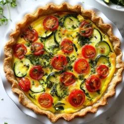 - 1 pre-made pie crust - 6 large eggs - 1 cup whole milk - 1 cup shredded cheese - Spinach: fresh or frozen - Cherry tomatoes: halved - Zucchini: diced - Bell pepper: diced (red or yellow) - Red onion: finely chopped - Garlic powder - Dried oregano - Salt and pepper - Fresh herbs for garnish The right ingredients make this quiche shine. Start with a pre-made pie crust. It saves time and keeps things easy. Then gather six large eggs and one cup of whole milk. These create a rich and creamy filling. Now for the fun part—choosing your veggies! Spinach adds color and nutrients. Use fresh or frozen, just remember to squeeze out extra water if you go frozen. Cherry tomatoes bring sweetness when halved. Zucchini and bell peppers add crunch and flavor. Red onion gives a nice bite to the mix. For seasoning, garlic powder and dried oregano work wonders. Add salt and pepper to taste. Fresh herbs like parsley or chives can brighten your dish. This mix of flavors makes the quiche hearty and delicious. Enjoy the process of picking ingredients that you love! {{ingredient_image_1}} 1. First, preheat your oven to 375°F (190°C). This step is key for even cooking. 2. In a large bowl, whisk together 6 large eggs, 1 cup of whole milk, 1 teaspoon of garlic powder, 1 teaspoon of dried oregano, and salt and pepper to taste. Make sure it is smooth and well mixed. 1. Place your pre-made pie crust in a 9-inch pie dish. You can crimp the edges if you like. 2. Start layering the veggies. Spread 1 cup of spinach evenly across the bottom. Next, add 1 small diced zucchini, 1/2 diced bell pepper, and 1 small finely chopped red onion. 3. Now, you can sprinkle the halved cherry tomatoes on top of the veggies. 4. Add 1 cup of shredded cheese over the vegetables. This will melt and create a delicious layer. 5. Carefully pour the egg mixture over everything. Make sure it covers all the veggies and cheese. 1. Place the quiche in the preheated oven. Bake for 35-40 minutes. You want the egg to be set and the top to be lightly golden. 2. After baking, remove the quiche from the oven. Let it cool for about 10 minutes before slicing. 3. For a nice finish, you can garnish it with freshly chopped herbs, like parsley or chives, if you want. To make a great crust, start by handling the dough gently. Crimp the edges with your fingers or a fork. This adds a nice touch. To avoid sogginess, pre-bake the crust for 10 minutes. This step helps it stay crisp. If you use a store-bought crust, check for any instructions on the package. Choose fresh vegetables for the best taste. Look for bright colors and firm textures. For spinach, fresh is best, but frozen works too. Thaw frozen spinach and squeeze out extra water. Dice the zucchini and bell pepper into small pieces. This helps them cook evenly. Halve the cherry tomatoes and chop the onion finely. This way, every bite is full of flavor. The choice of cheese can change your quiche game. Cheddar adds a sharp bite, while mozzarella gives a mild flavor. You can mix cheeses too! For a creamier texture, try a soft cheese like goat cheese. Make sure to shred cheese yourself for better melting. Pre-shredded cheese often contains anti-caking agents, which can affect the melt. Pro Tips Use Fresh Ingredients: Fresh vegetables not only enhance the flavor but also add vibrant colors to your quiche. If possible, opt for seasonal produce. Experiment with Cheese: While cheddar and mozzarella are great choices, try adding goat cheese or feta for a tangy twist. Mixing different cheeses can create a more complex flavor. Customize Your Veggies: Feel free to swap out the vegetables based on your preference or what's available. Broccoli, mushrooms, or asparagus are excellent alternatives. Let It Rest: Allow the quiche to cool for about 10 minutes before slicing. This helps the filling set, making it easier to cut clean slices. {{image_2}} You can easily adapt this quiche to fit your needs. For a gluten-free option, use a gluten-free pie crust. Many brands offer good choices, or you can make your own. If you need a dairy-free version, swap whole milk for almond or oat milk. For cheese, try a dairy-free cheese product. These swaps maintain flavor while fitting your diet. Seasonal veggies add freshness to your quiche. In spring, use asparagus or peas. Summer brings zucchini and bell peppers. Fall is great for butternut squash or mushrooms. In winter, incorporate kale or root vegetables. Each season offers unique flavors that can brighten your dish. Adding spices makes your quiche pop. Consider mixing in cumin or smoked paprika for a smoky touch. Fresh herbs like basil or thyme enhance the taste. You might also try crumbled feta or goat cheese for a tangy twist. These additions make the quiche exciting and delicious. To keep your veggie loaded quiche fresh, wrap it well. Use plastic wrap or foil to cover the dish. Place it in the fridge within two hours of baking. This helps keep it safe to eat later. The quiche stays good for up to four days. If you want to keep it longer, freezing is the better choice. Reheating quiche can be tricky. You want it warm, not dry. The best way is to use the oven. Preheat your oven to 350°F (175°C). Place the quiche on a baking sheet. Cover it with foil to keep moisture in. Heat for about 15-20 minutes. For a quick option, use the microwave. Heat slices for 1-2 minutes. Check often to avoid overcooking. Freezing quiche is simple. First, let it cool completely. Then, cut it into slices. Wrap each slice in plastic wrap. Place the wrapped slices in a freezer bag. Remove as much air as you can before sealing. This helps avoid freezer burn. The quiche can stay in the freezer for up to three months. When you're ready to eat, thaw it overnight in the fridge before reheating. Yes, you can make this quiche ahead of time. To prep in advance, you can prepare the filling and store it in the fridge for up to 24 hours. Just mix the eggs, milk, and spices, then chop the veggies. When you are ready to bake, simply layer the veggies in the crust, pour the egg mixture over, and bake. This saves time and makes meal prep easy. The best vegetables for quiche include: - Spinach: fresh or frozen, adds great flavor. - Cherry tomatoes: their sweetness balances the dish. - Zucchini: softens nicely when cooked. - Bell pepper: red or yellow adds color and crunch. - Red onion: gives a mild, sweet taste. You can mix and match these for a custom flavor. You can tell the quiche is done when the egg is set and the top turns golden. Gently shake the quiche; it should not jiggle too much. A knife inserted in the center should come out clean. If you see a slight puff, that’s a good sign! Let it cool for about 10 minutes before slicing for the best texture. We covered an easy quiche recipe, from ingredients to baking tips. You can pick your favorite vegetables and cheeses to make it your own. Don’t forget about storage methods for leftovers, or how to freeze quiche for later use. Experiment with flavors, and enjoy this dish any time of year. Quiche is versatile and fun to make, perfect for breakfast or lunch. You'll impress everyone with your cooking skills. Now, it’s time to gather your ingredients and bake that delicious quiche!