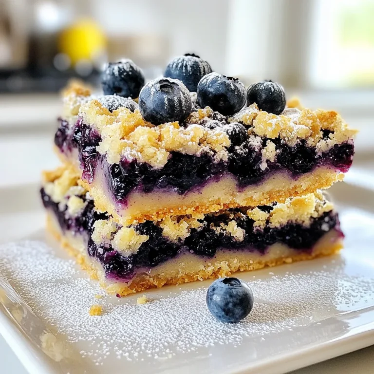 You need 2 cups of fresh blueberries. Choose ripe, juicy ones for the best flavor. Look for berries that are plump and firm. Fresh blueberries add a sweet burst to each bite. Next, gather your dry ingredients: - 1 cup rolled oats - 1 cup all-purpose flour - 1/2 cup brown sugar - 1/2 cup granulated sugar - 1/4 teaspoon salt - 1/2 teaspoon cinnamon - 1/4 teaspoon baking powder These ingredients form the base and crumble topping. The oats give a hearty texture, while the sugars add sweetness. Cinnamon brings warmth and depth to the flavor. For the wet ingredients, you will need: - 1/2 cup unsalted butter, melted - 1 tablespoon lemon juice - 1 tablespoon cornstarch Melt the butter to help bind the dry mix. Lemon juice enhances the blueberry flavor. Cornstarch helps thicken the filling and gives it a nice texture. With these ingredients ready, you are set to create delightful blueberry crumble bars. Each layer works together to give you a treat that is sweet and satisfying. {{ingredient_image_1}} Start by preheating your oven to 350°F (175°C). This step is key for even baking. Grab an 8x8-inch baking pan. Line it with parchment paper. Leave some paper hanging over the edges. This will help you lift the bars out later. In a medium bowl, mix together the rolled oats, all-purpose flour, brown sugar, granulated sugar, salt, cinnamon, and baking powder. Use a fork to combine these dry ingredients well. Then, pour in the melted butter. Mix until you see a crumbly dough forming. Set aside about one cup of this mixture for later. Press the rest evenly into the bottom of the baking pan. This creates a solid crust for your bars. Now, take another bowl. Toss the fresh blueberries with lemon juice and cornstarch. Stir gently so you coat the blueberries well. This mix adds flavor and thickens the filling. Once ready, spread this blueberry mixture evenly over the crust in your baking pan. Sprinkle the reserved crumble mixture over the blueberries. Make sure to cover them fully. This adds a crunchy top layer. Place the pan in the preheated oven. Bake for 30 to 35 minutes. Look for a golden brown top and bubbling blueberries. Once baked, take it out and let it cool for at least 15 minutes in the pan. Use the parchment paper to lift the bars out. Finally, let them cool completely on a wire rack before cutting into squares. Enjoy your delightful blueberry crumble bars! When choosing blueberries, look for firm, plump berries. They should be deep blue in color with a silvery sheen. Avoid any that are soft or mushy. Fresh blueberries have a sweet, fruity scent. If you can, buy them from a local farmer's market. They often have the best flavor. To get a great crumble texture, mix the dry ingredients well. Use your hands to combine them with melted butter. This helps create small clumps. The mixture should feel like wet sand. Reserve part of this mix for the topping. This will give your bars a nice crunch. These bars shine when served warm. Cut them into squares and dust with powdered sugar. Add a few fresh blueberries on top for a pop of color. They pair well with a scoop of vanilla ice cream. You can also enjoy them with a cup of tea or coffee. Pro Tips Use Fresh Blueberries: Fresh blueberries provide the best flavor and texture. If using frozen, make sure to thaw and drain them to prevent excess moisture in the filling. Chill the Butter: If you prefer a flakier crumble, chill the melted butter slightly before mixing it into the dry ingredients. Let it Cool Completely: Allowing the bars to cool completely before cutting ensures they hold their shape and makes for cleaner squares. Experiment with Spices: Feel free to add a pinch of nutmeg or ginger to the crumble for an extra layer of warmth and flavor. {{image_2}} You can switch blueberries for other fruits. Ripe strawberries, tart raspberries, or sweet peaches work great. Each fruit gives a new taste. Mix and match to find your favorite. If you use juicier fruits, add a bit more cornstarch. This helps keep the bars firm. To make these bars gluten-free, use almond flour or oat flour. Both options keep the taste and texture nice. Check that your oats are certified gluten-free. This ensures they do not have any wheat traces. You can still enjoy the same yummy crumble with this swap! Nuts or seeds add a nice crunch. Chopped almonds, walnuts, or pecans mix well. You can also use pumpkin or sunflower seeds for a fun twist. Just fold them in with the crumble mixture. This gives your bars extra flavor and nutrition. To keep your blueberry crumble bars fresh, store them in an airtight container. Make sure they cool completely before sealing. You can keep them at room temperature for up to three days. If you want to store them longer, the fridge is a good option. They can last up to a week in the fridge. Just remember to let them come to room temperature before serving. Freezing is a great way to save your bars for later. First, let them cool completely. Then, cut them into squares. Wrap each square tightly in plastic wrap or foil. Place the wrapped bars in a freezer-safe bag or container. They can last up to three months in the freezer. When you're ready to eat, just thaw them in the fridge overnight. If you want to enjoy warm blueberry crumble bars, reheating is easy. Preheat your oven to 350°F (175°C). Place the bars on a baking sheet. Heat for about 10-15 minutes. This will make them warm and nice. You can also microwave them for about 20-30 seconds. Just be careful not to overheat them, or they may become rubbery. Enjoy your bars warm or at room temperature! Yes, you can use frozen blueberries. Just make sure to thaw them first. Drain any extra juice. This keeps the filling from being too watery. The taste will still be great, and the bars will be just as yummy. You can tell the bars are done by looking at the top. It should be golden brown. The blueberries should bubble a bit around the edges. A toothpick can help too. Insert it in the center; it should come out mostly clean. Absolutely! You can make these bars a day ahead. Just store them in an airtight container at room temperature. If you want to keep them fresh longer, put them in the fridge. They taste great chilled or at room temp! In this blog post, we covered how to make delicious blueberry crumble bars. We discussed fresh and dry ingredients, along with the steps for preparing the crust and filling. Tips and tricks offered best practices for choosing blueberries and achieving a great texture. You learned about variations, storage options, and answers to common questions. Experiment with your recipe, and enjoy these tasty treats. The possibilities are endless!