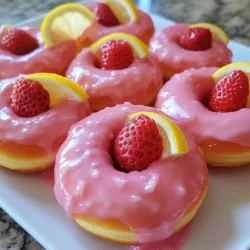 - 1 cup all-purpose flour - 1/2 cup granulated sugar - 1/2 teaspoon baking powder - 1/4 teaspoon baking soda - 1/4 teaspoon salt - 1/2 teaspoon lemon zest - 1/2 cup buttermilk - 1/4 cup fresh strawberry puree (about 4-5 strawberries) - 1 large egg - 2 tablespoons melted butter - 1 teaspoon vanilla extract - 1 cup powdered sugar - 2 tablespoons fresh lemon juice - 1 tablespoon strawberry puree - Optional: Sprinkles for decoration Gathering the right ingredients makes all the difference. For the dry mix, you need flour, sugar, baking powder, baking soda, salt, and lemon zest. The zest gives a bright flavor that shines through. Next, for the wet mix, you'll use buttermilk, fresh strawberry puree, egg, melted butter, and vanilla. The buttermilk keeps the donuts moist and fluffy. For the glaze, you have powdered sugar, fresh lemon juice, and strawberry puree. This glaze adds a sweet and tangy finish. You can also use sprinkles for a fun touch. With these ingredients on hand, you're set to create delicious strawberry lemonade donuts. Each bite will burst with flavor! {{ingredient_image_1}} Preheat your oven to 350°F (175°C). Next, grease a donut pan with non-stick spray. This helps the donuts come out easily after baking. To make the strawberry puree, take about four or five fresh strawberries. Place them in a blender. Blend until the mixture is smooth. You should have about 1/4 cup of puree. Set it aside for later. Start by mixing the dry ingredients. In a large bowl, whisk together: - 1 cup all-purpose flour - 1/2 cup granulated sugar - 1/2 teaspoon baking powder - 1/4 teaspoon baking soda - 1/4 teaspoon salt - 1/2 teaspoon lemon zest In another bowl, mix the wet ingredients. Whisk together: - 1/2 cup buttermilk - 1/4 cup fresh strawberry puree - 1 large egg - 2 tablespoons melted butter - 1 teaspoon vanilla extract Now, pour the wet ingredients into the dry mixture. Stir gently until just combined. Be careful not to overmix. Overmixing makes the donuts tough. Spoon or pipe the batter into the prepared donut pan. Fill each cavity about 2/3 full. Place the pan in the oven and bake for 12-15 minutes. Check if they are done by inserting a toothpick. It should come out clean. Once baked, let the donuts cool in the pan for about 5 minutes. Then, transfer them to a wire rack to cool completely. This helps them stay fluffy and tasty. To make these donuts fluffy, you must mix the batter gently. Start with the dry ingredients. Combine the flour, sugar, baking powder, baking soda, salt, and lemon zest in a large bowl. In a separate bowl, whisk the buttermilk, strawberry puree, egg, melted butter, and vanilla. When you pour the wet mix into the dry mix, stir slowly. Stop as soon as you see no dry flour. If you mix too much, your donuts will be tough. Aim for a light and airy texture. Want to boost the taste? You can add more lemon zest or strawberry puree. More lemon gives a zesty kick. More strawberry adds sweetness. You can also switch up the glaze. Try adding more lemon juice for tanginess or a splash of vanilla for depth. Mixing in a bit of almond extract can also surprise your taste buds. Make your donuts shine when serving. Place them on a white plate or colorful cake stand. This contrast makes the colors pop. For a fun touch, add thin slices of fresh strawberries and lemon wedges around your donuts. It adds color and makes the dish look special. Pro Tips Fresh Strawberries: Use ripe, fresh strawberries for the best flavor in your puree. The sweeter the strawberries, the better your donuts will taste! Donut Pan Preparation: Make sure to grease your donut pan thoroughly to prevent sticking. You can also use parchment paper to line the pan for easier removal. Perfect Baking Time: Keep an eye on the donuts while baking. Ovens can vary, so start checking for doneness a minute or two early to avoid overbaking. Glaze Consistency: Adjust the glaze to your desired thickness by adding more powdered sugar for a thicker glaze or more lemon juice for a thinner one. {{image_2}} You can boost the taste of your strawberry lemonade donuts in fun ways. Adding citrus zest gives a bright kick. Try lime or orange zest for a twist. You can also use fruit purees. Peach or raspberry purees work well too. They add sweetness and color to your donuts. Another great idea is to add spices. Cinnamon or nutmeg can give depth to the flavor. You can also explore extracts. Almond or coconut extract can add a unique touch. If you need a gluten-free version, you have some choices. First, swap all-purpose flour for gluten-free flour blends. Look for blends that contain xanthan gum for better texture. You can also use almond flour or coconut flour. Just mix them with a binding agent like eggs or applesauce. This helps keep the donuts light. When baking gluten-free, keep an eye on the consistency of the batter. It should be smooth and thick but not too runny. Making these donuts vegan is simple. You can replace the egg with a flax egg. Mix 1 tablespoon of ground flaxseed with 2.5 tablespoons of water. Let it sit for a few minutes until it thickens. For buttermilk, use plant-based milk mixed with vinegar. Almond or soy milk works great. For butter, try using coconut oil or vegan butter. These swaps keep the donuts moist and tasty without any animal products. To keep your strawberry lemonade donuts fresh, place them in an airtight container. This helps to trap moisture and keeps them soft. Store them at room temperature for up to two days. If you want them to last longer, you can refrigerate them. Just remember to bring them back to room temperature before serving for the best taste. Freezing is a great way to save donuts for later. To freeze, first let the donuts cool completely. Then, wrap each donut tightly in plastic wrap. Place the wrapped donuts in a freezer-safe bag or container. They will stay fresh for up to three months. When you’re ready to enjoy, remove a donut from the freezer and let it thaw on the counter. For a quick warm-up, pop it in the microwave for about 10 seconds. These delightful donuts will stay fresh for about two days at room temperature. If stored in the fridge, they can last up to a week. However, for the best flavor, enjoy them within a few days of baking. If you freeze them, they will keep their quality for about three months. Always check for any signs of freezer burn before eating. Yes, you can prepare the donuts ahead of time. To do this, bake the donuts and let them cool completely. Then, store them in an airtight container. They will stay fresh for up to three days at room temperature. If you want to enjoy them longer, freeze them. Wrap each donut in plastic wrap and place them in a freezer bag. They will keep well for up to two months. When ready to eat, just thaw them overnight in the fridge. If you don’t have fresh strawberries, you can try other fruits. You can use frozen strawberries, just thaw and puree them. Alternatively, you can use other berries like raspberries or blueberries. These will change the flavor slightly but still taste great. For a citrus twist, consider using fresh lemon or orange juice in place of the strawberry puree. To modify the sweetness, you have a few options. You can add or reduce the amount of granulated sugar in the batter. If you prefer less sugar, try using natural sweeteners like honey or agave syrup. For extra sweetness in the glaze, add more powdered sugar. If your glaze is too sweet, mix in a bit more lemon juice to balance the flavor. These donuts can be adapted for different diets. For gluten-free options, use a gluten-free flour blend instead of all-purpose flour. If you want a vegan version, replace the egg with a flax egg and use plant-based milk instead of buttermilk. You can also substitute melted butter with coconut oil or a vegan butter alternative. Always check your ingredients for any specific dietary needs. This blog post covered everything you need to create delicious strawberry donuts. We discussed ingredients, from the dry to the wet, and the glaze that adds the perfect touch. I shared step-by-step instructions, tips for great texture, and ways to enhance flavor. You also learned storage options and variations for different diets. Now it's time to experiment in your kitchen. Enjoy whipping up these treats and sharing them with friends! Happy baking!