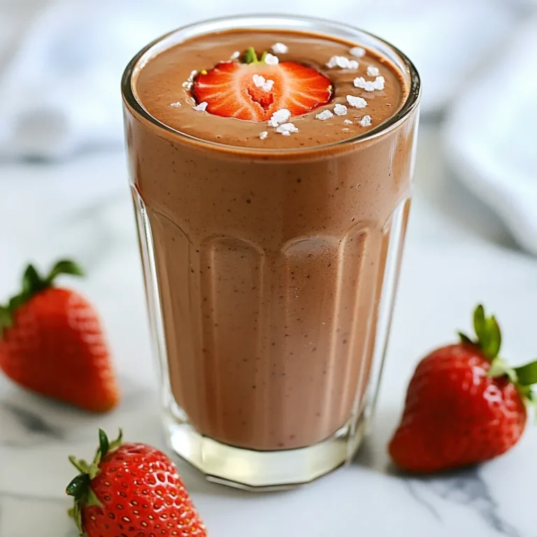- 1 cup fresh or frozen strawberries - 1 banana, sliced - 1 cup chocolate protein powder - 1 cup almond milk (or any milk of choice) - 1 tablespoon almond butter - 1 tablespoon honey or maple syrup (optional) - A pinch of sea salt - Ice cubes (optional) This smoothie is a blend of tasty and healthy items. You can use fresh or frozen strawberries. They add a sweet and fruity flavor. Bananas give it a creamy texture. The chocolate protein powder packs in protein. I suggest using almond milk, but any milk works great. Almond butter adds richness and healthy fats. If you like extra sweetness, honey or maple syrup is a good choice. Just a pinch of sea salt brings out all the flavors. If you want a thicker drink, add ice cubes. The ice makes it cool and refreshing. With these ingredients, you can make a quick, tasty, and healthy meal. {{ingredient_image_1}} To start, gather all your ingredients. You will need: - 1 cup fresh or frozen strawberries - 1 sliced banana - 1 cup chocolate protein powder - 1 cup almond milk (or any milk of choice) - 1 tablespoon almond butter - A pinch of sea salt - Ice cubes (optional for thickness) Next, add the strawberries, banana, protein powder, almond milk, almond butter, and sea salt into your blender. This mix creates a tasty base. If you want a thicker smoothie, toss in a handful of ice cubes. This gives it a creamy texture. Now, blend everything on high speed for about 30 to 60 seconds. Watch for a smooth and creamy consistency. If you see any chunks, blend a little longer. After blending, take a taste. If you feel it needs more sweetness, add 1 tablespoon of honey or maple syrup. This step is optional. Blend again briefly to mix the sweetener into the smoothie. Pour your smoothie into your favorite glass. A tall, clear glass looks great for presentation. For a fun touch, garnish with a few whole strawberries on top. You can also sprinkle some cocoa powder for extra flair. Enjoy this delicious treat right away for the best flavor! When picking strawberries, freshness matters. Fresh strawberries have bright red color and no soft spots. They taste sweeter and juicier. Frozen strawberries are great too. They hold their flavor well and are easy to use. You can add them to smoothies straight from the freezer. Bananas add creaminess and sweetness. If your bananas are not ripe, leave them on the counter. They will ripen in a few days. You can also place them in a paper bag with an apple. This speeds up the process. Choosing the right protein powder is key. Look for a powder with no added sugars or fillers. Whey protein is popular, but plant-based options exist too. Pea or hemp protein work well for those who avoid dairy. You can also enhance protein intake with natural sources. Greek yogurt adds creaminess and protein. Nuts or seeds are great options too. Adding a tablespoon of almond butter boosts flavor and nutrition. To turn your smoothie into a meal, add oats or chia seeds. Oats provide fiber and keep you full longer. Chia seeds are high in omega-3s and absorb liquid, thickening your smoothie. You can also increase healthy fats in your smoothie. Adding avocado or nut butter makes it richer. This adds creaminess and helps you feel satisfied. Enjoy your smoothie as a healthy meal option! Pro Tips Use Frozen Strawberries: Using frozen strawberries can enhance the creaminess of your smoothie and make it colder without needing to add too much ice. Adjust Sweetness to Taste: Start with less sweetener and gradually add more until you reach your preferred level of sweetness, especially if your strawberries are particularly ripe. Try Different Nut Butters: Experiment with different nut butters, such as peanut or cashew butter, for unique flavor profiles and nutritional benefits. Add Greens for Extra Nutrition: For an added health boost, consider incorporating a handful of spinach or kale; they blend well and won't alter the flavor significantly. {{image_2}} You can easily adapt this smoothie to fit your diet. If you want a dairy-free option, use almond milk, coconut milk, or oat milk. These milks work just as well and taste great. For a vegan choice, skip the honey and use maple syrup instead. If you don't like almond butter, try peanut butter or sunflower seed butter. These nut butter alternatives bring their own flavors and textures to the mix. Want to make your smoothie even more delicious? Add some chocolate chips or a spoonful of cocoa powder. This will give it a richer chocolate taste. If you're feeling adventurous, toss in a handful of spinach or kale. You won't taste the greens, but they boost the nutrition! You can switch up the berries based on the season. In summer, try mixing strawberries with blueberries or raspberries. This creates a fun berry blend that's perfect for warm days. During the holidays, think about adding spices like cinnamon or nutmeg. These flavors can make your smoothie feel festive and special. To keep your smoothie fresh, use an airtight container. This helps prevent air from spoiling it. Place the container in the fridge. It will stay good for up to two days. If you want to store it longer, you can freeze it. Pour the smoothie into ice cube trays or freezer-safe bags. This way, you can enjoy it later. Just blend it again when you’re ready to drink. If your smoothie separates, don’t worry! Just give it a good shake or stir. You can re-blend it if you want a smoother texture. Adding a little almond milk can help restore its creaminess. Always check the smell and look before drinking. If it looks or smells off, it’s best to toss it. Enjoying your smoothie fresh is always the best choice! This smoothie is a great choice for health. It packs in vitamins, fiber, and protein. Here’s the breakdown: - Strawberries: They are low in calories and high in vitamin C. They help your immune system. - Banana: This fruit gives you potassium and energy. It also adds creaminess. - Chocolate protein powder: This adds protein to help build muscles. It also has flavor. - Almond milk: This is lower in calories than regular milk. It is dairy-free, too. - Almond butter: This adds healthy fats and more protein. It keeps you full longer. - Honey or maple syrup: These sweeteners add flavor but use them sparingly. Overall, this smoothie supports energy, muscle growth, and overall health. You can make this smoothie ahead of time, but it is best fresh. If you store it, do this: - In the fridge: Keep it in an airtight container. It lasts for up to 24 hours. - Frozen option: You can freeze the smoothie. Just pour it into ice cube trays. - Thawing: To enjoy, blend the frozen cubes with a splash of almond milk. Fresh smoothies taste best. But if you prep ahead, you can enjoy it later! You can add many healthy ingredients to make this smoothie even better. Here are some ideas: - Spinach: This green is full of iron and vitamins. It blends well and doesn’t change the taste much. - Chia seeds: These tiny seeds add fiber and omega-3 fats. They help with digestion. - Oats: Adding oats makes the smoothie more filling. They give energy and fiber. - Flaxseed: This is great for healthy fats and fiber. Just a tablespoon is enough. Feel free to mix and match these additions to fit your needs! This blog post covers how to make a delicious Chocolate Strawberry Protein Smoothie. We discussed the right ingredients, step-by-step instructions, and tips for sweetness. I shared ways to enhance protein intake and ways to make it a meal replacement. Variations on flavors and dietary options can keep it fresh. Lastly, I explained proper storage for leftovers. Enjoying this smoothie can be healthy, tasty, and simple. Give it a try, and you'll love how easy it is to make this drink a part of your routine!