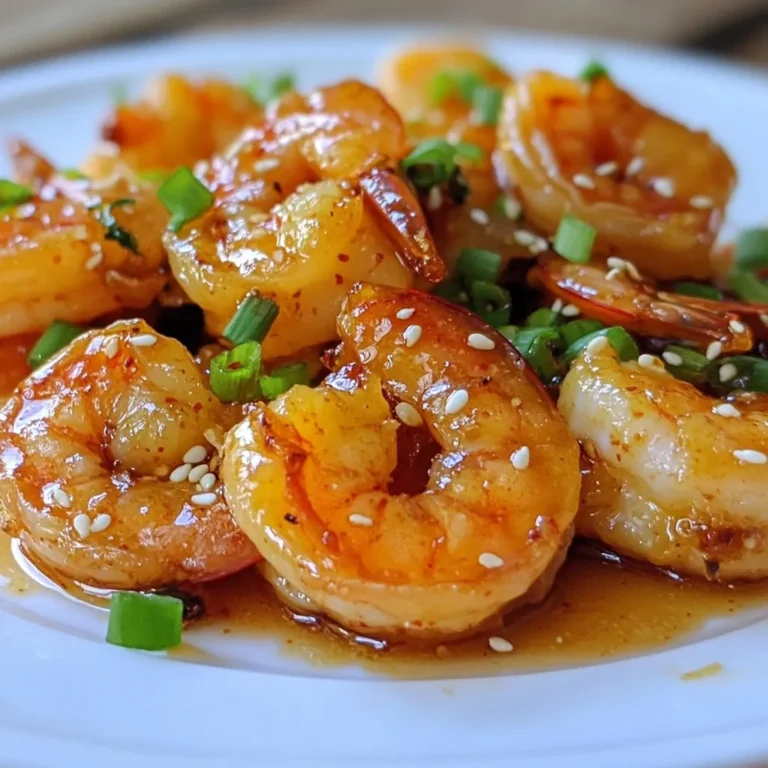 - 1 pound large shrimp, peeled and deveined - 3 tablespoons honey - 4 cloves garlic, minced - 2 tablespoons soy sauce (low sodium) - 1 tablespoon fresh ginger, grated - 1 tablespoon sesame oil - 1 tablespoon rice vinegar - 1 teaspoon red pepper flakes (adjust for spice level) You will need large shrimp for this dish. They soak up the glaze well. Honey adds a sweet touch that pairs great with the garlic. Minced garlic gives a strong flavor. Soy sauce adds salt and umami. Fresh ginger brings warmth. Sesame oil adds rich taste. Rice vinegar adds a tangy note. Red pepper flakes offer spice. Adjust the heat to your liking. - 2 green onions, sliced - Sesame seeds Garnishes make your dish pop. Sliced green onions add freshness and color. Sesame seeds provide a nice crunch. These add fun textures and bright flavors. You can use them or skip them based on your taste. {{ingredient_image_1}} To start, grab a medium bowl. In it, whisk together these ingredients: - 3 tablespoons honey - 4 cloves garlic, minced - 2 tablespoons low-sodium soy sauce - 1 tablespoon fresh ginger, grated - 1 tablespoon sesame oil - 1 tablespoon rice vinegar - 1 teaspoon red pepper flakes Mix until everything blends well. The honey gives a sweet touch. The garlic adds depth. Red pepper flakes bring a kick. This marinade is key for flavor. Now it’s time for the shrimp. Use 1 pound of large shrimp, peeled and deveined. Add the shrimp to the bowl with your marinade. Make sure each shrimp gets coated well. This step is crucial. Let the shrimp sit in the marinade for at least 15-20 minutes. This allows the flavors to soak in and makes them tasty. Next, heat a large skillet over medium-high heat. It should be hot before you add the shrimp. Pour the marinated shrimp and all the marinade into the skillet. Cook the shrimp for about 2-3 minutes on each side. You’ll know they are done when they turn pink. Be careful not to overcook them. Overcooked shrimp can become tough. Once cooked, remove the skillet from the heat. Let the shrimp rest for a minute. This helps keep them juicy. Transfer the shrimp to a serving platter and drizzle any leftover glaze over them. Garnish with sliced green onions and sesame seeds for extra flavor and crunch. Enjoy your delicious honey garlic glazed shrimp! To get the right glaze, you can play with the honey and soy sauce. If you want it sweeter, add more honey. For a bolder taste, use extra soy sauce. You can also change the heat level. To make it spicier, increase the red pepper flakes. Start with a small amount and taste as you go. This way, you can find the balance that suits you best. Cooking shrimp takes just a few minutes. Watch for the color change. When shrimp turn pink, they are almost done. They should curl slightly but not become tight. If they look firm and white, you might have overcooked them. Aim for about 2-3 minutes per side. Keep an eye on them to ensure they stay juicy and tender. Honey garlic glazed shrimp pairs well with many sides. Serve it over rice or noodles for a full meal. You can also add a fresh salad for crunch. Steamed veggies like broccoli or snap peas work great too. For extra flavor, drizzle more glaze on top before serving. Don't forget to garnish with green onions and sesame seeds for a pop of color and taste! Pro Tips Marinate Longer: For even richer flavor, consider marinating the shrimp for up to an hour in the refrigerator. This allows the shrimp to absorb more of the marinade's flavors. Use Fresh Ingredients: Fresh garlic and ginger make a significant difference in the taste of this dish. Whenever possible, opt for fresh over powdered ingredients. Control the Heat: Adjust the amount of red pepper flakes according to your spice preference. For a family-friendly version, start with half the amount and add more if desired. Perfect Cooking Time: Cook the shrimp just until they turn pink and opaque. Overcooking can lead to a rubbery texture, so keep an eye on them while cooking. {{image_2}} You can make your honey garlic glazed shrimp even better by adding veggies. Broccoli, bell peppers, and snap peas work well. Just chop them into bite-sized pieces. Sauté the vegetables in the skillet before adding the shrimp. This way, they get nice and tender. You can also try adding zucchini or carrots for extra color. Each veggie brings its own taste and crunch. Mixing in vegetables makes your meal more fun and healthy. If shrimp isn’t your thing, you can use chicken or tofu. For chicken, cut boneless pieces into small chunks. Marinate them just like the shrimp. Cook the chicken until it is golden brown and fully cooked. For tofu, use firm tofu and press it to remove water. Cut it into cubes and marinate. Sauté the tofu until it is crispy. Both options give a different twist to this recipe while keeping it simple and tasty. You can change the flavors by adding citrus or herbs. Try adding the juice of a lime or lemon for a fresh twist. You can also mix in fresh herbs like cilantro or basil. For a spicy kick, add more red pepper flakes or a splash of hot sauce. These small changes can create a whole new dish. Experimenting with flavors keeps your meals exciting and delicious! To store leftovers properly, let the shrimp cool down first. Place them in an airtight container. Cover it tightly to keep air out. Store the container in the fridge. The shrimp will stay fresh for up to two days. For freezing cooked shrimp, ensure they are fully cooled. Arrange the shrimp in a single layer on a tray. This prevents them from sticking together. Once frozen, transfer them to a freezer-safe bag. Remove as much air as possible before sealing. Frozen shrimp are best used within three months for the best taste. To safely reheat shrimp, use low heat on the stove. Place the shrimp in a skillet with a splash of water or oil. Heat them gently for about 2-3 minutes. Stir often to prevent sticking and ensure even heating. Avoid high heat, as it may overcook the shrimp. They are ready when they are warm and pink again. Yes, you can prepare Honey Garlic Glazed Shrimp ahead of time. To do this, marinate the shrimp for 15-20 minutes. After marinating, cook the shrimp as directed. If you want to save time, cook the shrimp in advance and store it in the fridge. Just reheat it gently before serving. This way, you can enjoy a tasty meal without much fuss. If you need a substitute for honey, consider using maple syrup or agave nectar. Both options work well. Maple syrup will add a unique flavor, while agave nectar is milder. You might also try brown sugar mixed with water for a similar taste. Just remember, these alternatives may change the final flavor a bit. Shrimp are fully cooked when they turn pink and curl into a "C" shape. This usually takes 2-3 minutes on each side. You can also check the internal temperature, which should reach 120°F. Avoid overcooking, as shrimp can become tough. If they look opaque and firm, they are ready to enjoy! This blog post explored how to make delicious Honey Garlic Glazed Shrimp. We covered the main ingredients like shrimp, honey, and garlic, along with optional garnishes. You learned how to prepare the marinade, marinate the shrimp, and the best cooking methods. I shared tips for the perfect glaze and avoiding overcooked shrimp. In the end, you can enjoy this simple dish with variations using different proteins or veggies. Remember, practice makes perfect, so don’t hesitate to experiment. Enjoy your cooking journey!