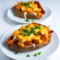 The right ingredients make Buffalo Chicken Stuffed Sweet Potatoes shine. Here’s what you need: - 4 medium sweet potatoes - 2 cups cooked chicken, shredded - 1/2 cup buffalo sauce (adjust to taste) - 1/4 cup Greek yogurt - 1/4 cup ranch dressing - 1 cup shredded cheddar cheese - 1/2 cup chopped green onions - Salt and pepper to taste - Olive oil for drizzling Each ingredient plays a key role. The sweet potatoes give a creamy base. The chicken adds protein and flavor. Buffalo sauce brings the heat. Greek yogurt and ranch dressing balance the spice with creaminess. Cheddar cheese adds a rich topping, while green onions give a fresh crunch. Make sure your chicken is cooked and shredded. You can use rotisserie chicken for extra ease. Adjust the buffalo sauce to fit your taste. If you like it spicy, don’t hold back! Salt and pepper will enhance the flavors, so use them wisely. Now you have everything you need. Grab these ingredients, and let’s make a tasty dish! {{ingredient_image_1}} - Preheat the oven to 400°F (200°C). - Wash the sweet potatoes thoroughly. Poke holes in them with a fork. Place them on a baking sheet. Drizzle with olive oil and sprinkle with salt. - Bake sweet potatoes until tender, about 45 to 60 minutes. Check them with a fork to see if they are soft. - In a mixing bowl, combine cooked, shredded chicken with buffalo sauce. Adjust the amount of sauce to your taste. - Once the sweet potatoes cool, cut them in half lengthwise. Scoop out some flesh but keep the skins intact. - Mix the sweet potato flesh with the buffalo chicken mixture, Greek yogurt, and ranch dressing. Add salt and pepper to taste. - Stuff the sweet potato skins with the buffalo chicken mix. Top with shredded cheddar cheese. - Return the stuffed sweet potatoes to the oven. Bake for another 10 to 15 minutes until the cheese is bubbly and melted. - Remove from the oven and sprinkle with chopped green onions before serving. - Adjust the buffalo sauce to fit your heat level. If you like it spicy, add more sauce. If you prefer less heat, use less. - Make sure the sweet potatoes are fully cooked. They should be soft when you poke them with a fork. This makes them easier to stuff. - Serve your stuffed sweet potatoes on a wooden platter. This adds a rustic touch. - Drizzle ranch dressing on top. It makes the dish look great and adds flavor. You can also sprinkle extra green onions for color. - Keep your stuffed sweet potatoes in the fridge. Use an airtight container to keep them fresh. - When reheating, place them in the oven. This keeps the sweet potatoes soft and the cheese melty. Heat them at 350°F (175°C) until warm. Pro Tips Choose the Right Sweet Potatoes: Opt for medium-sized sweet potatoes for even cooking and the best texture. Larger ones may take longer to bake and can be too starchy. Customize the Heat Level: Adjust the amount of buffalo sauce according to your spice tolerance. Start with less and add more to the chicken mixture if needed. Make It Ahead: Prepare the buffalo chicken filling in advance and store it in the fridge. Assemble and bake the sweet potatoes when you're ready to serve. Experiment with Toppings: Feel free to add other toppings like avocado, jalapeños, or crumbled blue cheese to elevate the flavor profile of your stuffed sweet potatoes. {{image_2}} If you want to switch up the chicken, turkey works great. Just shred it like you would chicken. If you are going for a plant-based option, try using tofu. Simply press it to remove water, then crumble it. It takes on flavor well! For a vegan choice, replace the Greek yogurt and ranch with dairy-free options. There are many good brands out there now. This way, everyone can enjoy this dish! Want to change the flavor? You can use different sauces with the chicken. Barbecue sauce adds a sweet twist. Or, try teriyaki for a tasty Asian flair. If you like spicy, add some sriracha or hot sauce. There are many toppings too! Fresh cilantro, jalapeños, or crispy bacon bits can really enhance the dish. Mix and match to find your favorite combination! Buffalo chicken stuffed sweet potatoes make a great meal on their own. However, pairing them with a side salad adds freshness. A simple green salad with a lemon vinaigrette works well. You can even make this a meal prep option! Stuff the sweet potatoes and store them in the fridge. Just reheat when you're ready to eat. This makes weeknight dinners stress-free! This recipe serves four people. Each serving has about 450 calories. This makes the dish a good option for lunch or dinner. Each serving provides: - Total carbohydrates: 45 grams - Proteins: 30 grams - Fats: 15 grams - Fiber content: Sweet potatoes are rich in fiber, offering about 6 grams per serving. These nutrients support a balanced diet. The sweet potatoes give you energy while the chicken adds protein. Enjoy this dish as a healthy meal! You can boost the heat in your stuffed sweet potatoes by using more buffalo sauce. Just add a little more sauce than the recipe calls for. You can also mix in hot sauce or cayenne pepper to the chicken. If you want a smoky flavor, try adding smoked paprika. Finally, consider topping your dish with sliced jalapeños or crushed red pepper flakes for extra heat. Yes, you can prepare these sweet potatoes ahead of time. Bake them and let them cool completely. Store them in the fridge for up to three days. When you are ready to eat, stuff them and bake them again. This reheating method keeps them tasty and fresh. Just make sure to cover them to avoid drying out. These stuffed sweet potatoes pair well with a crisp salad. A coleslaw adds crunch and freshness. You can also serve them with veggie sticks and ranch for dipping. For drinks, try a light beer or a refreshing lemonade. These options balance the dish's rich flavors and spice. Buffalo chicken stuffed sweet potatoes are a tasty and fun dish. You learned the key ingredients, step-by-step baking process, and how to store leftovers. We also explored variations and meal prep ideas. This recipe is simple to make and easy to customize. Try adjusting the spices to fit your taste. Remember, cooking should be fun! Now, gather your ingredients, and enjoy this delicious meal with family or friends. Happy cooking!