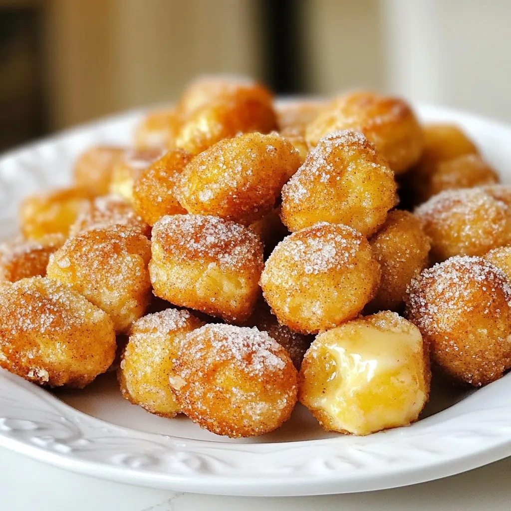 - 1 ½ cups warm water - 2 tablespoons granulated sugar - 2 teaspoons active dry yeast - 4 cups all-purpose flour - 1 teaspoon salt - ½ cup baking soda - 1 egg, beaten (for egg wash) - ½ cup unsalted butter, melted - ½ cup granulated sugar (for coating) - 1 tablespoon ground cinnamon - Brown sugar - Chocolate or caramel drizzle - Sprinkles To make these cinnamon sugar pretzel bites, start with warm water. It should be between 110°F and 115°F for the best results. The warm water helps activate the yeast. Next, add granulated sugar and active dry yeast to the water. Wait about 5 minutes until it becomes foamy. This step is crucial for a great rise. You will need all-purpose flour and salt to make the dough. Mix these with the yeast mixture until it forms a dough. Knead it on a floured surface for 5 to 7 minutes. This makes the dough smooth and elastic. Baking soda is key for that pretzel flavor. You will add this later in boiling water to give your bites that classic texture. An egg wash gives them a nice shine. The melted butter adds rich flavor after baking. For the sweet coating, combine granulated sugar and ground cinnamon. This mix makes your pretzel bites irresistible. You can also get creative! Use brown sugar or add a drizzle of chocolate or caramel for an extra treat. Sprinkles can add a fun touch too. {{ingredient_image_1}} To start, I activate the yeast. In a large bowl, I mix 1 ½ cups of warm water, 2 tablespoons of granulated sugar, and 2 teaspoons of active dry yeast. I stir gently and let it sit for about 5 minutes. The mixture will get foamy. This means the yeast is alive and ready to work. Next, I add 4 cups of all-purpose flour and 1 teaspoon of salt to the yeast mixture. I mix until a dough forms. Then, I knead the dough on a floured surface for about 5 to 7 minutes. I want it to be smooth and elastic. Kneading helps develop the gluten, giving the pretzels a nice chew. Now, it’s time for the dough to rise. I place it in a greased bowl and cover it with a damp cloth. I let it rise in a warm spot for about 1 hour or until it doubles in size. This process allows the dough to grow and become fluffy. Once it has risen, I punch it down to remove the air. I divide the dough into small pieces, about 1 inch each. I shape each piece into a ball. These will become my pretzel bites. Next, I prepare the boiling solution. In a large pot, I bring 8 cups of water to a boil and add ½ cup of baking soda. This step gives the pretzels their shiny crust. I boil the pretzel bites in batches, about 10 to 12 at a time, for 30 seconds. After boiling, I transfer them to a baking sheet lined with parchment paper. Before baking, I brush the top of each pretzel bite with a beaten egg. This will give them a nice golden color. In a small bowl, I mix ½ cup of sugar and 1 tablespoon of ground cinnamon. I sprinkle this mixture generously over the pretzel bites. I bake them in a preheated oven at 425°F (220°C) for 12 to 15 minutes. They should be golden brown when done. After baking, I brush the warm pretzel bites with melted butter for extra flavor. I let them cool slightly before serving. To make perfect pretzel bites, you need to ensure the dough rises well. Use warm water, around 110°F to 115°F, to activate the yeast. Let it sit until it gets foamy. This shows the yeast is alive and ready to work. Knead the dough until it is smooth and elastic. This usually takes 5-7 minutes. When boiling, use baking soda in your water. This makes your pretzel bites have that nice golden color and unique flavor. Boil them for just 30 seconds. If you boil them too long, they can become tough. For a shiny finish, apply a good egg wash. Beat the egg and brush it on the top of each pretzel bite. This gives them a nice color when baked. You can also get creative with toppings. Try adding coarse sea salt, or even a mix of spices like garlic powder. Variety adds fun! One common mistake is over-boiling the pretzel bites. This can make them chewy instead of soft. Keep an eye on the time; 30 seconds is perfect. Another mistake is not letting the dough rise enough. If you skip this step, your bites will be dense. Let the dough double in size for the best texture. Pro Tips Use Warm Water: Ensure the water is between 110°F and 115°F to properly activate the yeast for a good rise. Knead Well: Knead the dough until it is smooth and elastic for the best texture in your pretzel bites. Boil with Baking Soda: The baking soda bath gives the pretzels their characteristic flavor and chewy texture, so don’t skip this step! Brush with Butter: Brushing the warm pretzel bites with melted butter right after baking will enhance their flavor and keep them moist. {{image_2}} - Chocolate Cinnamon Sugar Pretzel Bites These bites mix sweet chocolate with cinnamon. To make them, dip the warm pretzel bites in melted chocolate. Then, sprinkle cinnamon sugar on top. It gives a great taste and a nice look. - Maple Glazed Pretzel Bites For a sweet twist, try maple glaze. Mix maple syrup with a bit of butter. Brush the glaze over warm pretzel bites. This adds a rich flavor that everyone will love. - Garlic Parmesan Pretzel Bites For a savory snack, try garlic parmesan. Melt some butter and mix in garlic powder. Brush it over the warm pretzel bites. Then, sprinkle grated parmesan cheese on top. This combo makes a tasty treat. - Jalapeño Cheddar Pretzel Bites If you like spice, make jalapeño cheddar bites. Add chopped jalapeños and shredded cheddar cheese to the dough. This gives each bite a nice kick and cheesy goodness. - Ideal pairings for dips Serve your pretzel bites with dips. Cheese sauce, mustard, or ranch dressing are great choices. They add extra flavor and fun to your snack. - Presentation ideas for parties For parties, arrange pretzel bites on a large platter. Add small bowls of dips around them. You can also garnish with fresh herbs for a pop of color. This makes your snack look beautiful and inviting. To keep your pretzel bites fresh, store them in an airtight container. You can keep them in the fridge for up to 3 days. If you want them to last longer, freezing is a great option. Place the cooled bites in a freezer bag. They can stay in the freezer for up to 3 months. Make sure to label the bag with the date. For the best taste, reheat pretzel bites in the oven. Preheat your oven to 350°F (175°C). Spread the bites on a baking sheet and heat for about 5-7 minutes. This method keeps them crunchy. Avoid using the microwave, as it can make them soggy. If you do use the microwave, heat in short bursts to check the texture. Homemade pretzel bites stay fresh for about 3 days. Store them in an airtight container. If you want them to last longer, freeze them. They will keep well for about 2 months in the freezer. Yes, you can make the dough ahead of time. After kneading, place it in the fridge. It can stay there for up to 24 hours. Just let it sit at room temperature for about 30 minutes before shaping. Each pretzel bite has about 80 calories. They contain 2 grams of fat, 12 grams of carbs, and 1 gram of protein. This can vary based on toppings and serving size. You can use whole wheat flour. It may make the bites denser. You might need to add a bit more water to the dough. You can find cinnamon sugar pretzel bites at some bakeries or snack shops. Look for them at local fairs and food festivals too. Some grocery stores may carry them in the freezer section. You now know how to make delicious pretzel bites from scratch. We covered essential ingredients like flour, yeast, and butter, and I shared step-by-step instructions on preparing, boiling, and baking. Plus, I provided tips for perfecting your bites and creative variations to try. These tasty treats are perfect for any gathering or snack time. With the right techniques, you can enjoy fresh pretzel bites at home. Get cooking and impress your friends with your new skills!