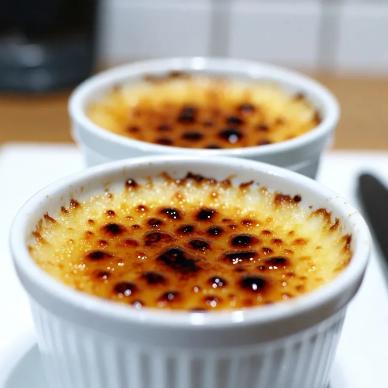 - 2 cups heavy cream - 1 vanilla bean (split and scraped) - 1/2 cup granulated sugar (plus extra for topping) - 4 large egg yolks - 1 teaspoon pure vanilla extract - A pinch of salt To make a great vanilla bean crème brûlée, you need quality ingredients. They create the best flavor and texture. Start with 2 cups of heavy cream. It adds rich creaminess to the dish. You also need 1 vanilla bean. Split it and scrape out the seeds to release that wonderful vanilla flavor. Next, gather 1/2 cup of granulated sugar. This sweetness balances the creamy custard. You will also need 4 large egg yolks. They help create the custard’s smooth texture. Don’t forget 1 teaspoon of pure vanilla extract for extra flavor. Finally, include a pinch of salt. It enhances all the tastes in your crème brûlée. These ingredients are simple but essential. Each one plays a key role in making this dessert a creamy delight. {{ingredient_image_1}} First, preheat your oven to 325°F (160°C). This step warms the oven for even baking. Next, in a saucepan, combine 2 cups of heavy cream, the seeds from the split vanilla bean, and the pod itself. Heat this mixture over medium heat until it just starts to steam. Remove it from the heat and let it sit for 15 minutes. This infuses the cream with rich vanilla flavor. In a mixing bowl, whisk together 4 large egg yolks, 1/2 cup of granulated sugar, and a pinch of salt. Keep whisking until the mixture is pale and a bit thick. This step helps create a smooth custard. Now, remove the vanilla bean pod from the cream mixture. Slowly pour the warm cream into the egg mixture while whisking continuously. This process is called tempering and keeps the eggs from scrambling. Stir in 1 teaspoon of pure vanilla extract after mixing. Next, strain the mixture through a fine mesh sieve into a large measuring jug. This step removes any lumps, ensuring a silky texture. Pour the custard into six ramekins, leaving a little space at the top. Place the ramekins in a baking dish. Fill the baking dish with hot water until it reaches halfway up the sides of the ramekins. The water bath helps the custards bake evenly. Bake for 30-35 minutes or until the edges are set, but the centers still jiggle a bit. Remove them from the oven and water bath. Let them cool at room temperature for about an hour, then refrigerate for at least 2 hours or overnight for best results. To get a smooth crème brûlée, you must temper the eggs. Start by whisking the egg yolks and sugar until they're pale. Then, slowly add the warm cream while whisking. This step warms the eggs gently, preventing them from cooking too fast. If you rush this, you might end up with scrambled eggs instead of creamy custard. Using a water bath is key for even baking. It keeps the temperature steady and prevents the edges from cooking too fast. Place your ramekins in a baking dish filled with hot water. The water should reach halfway up the sides of the ramekins. This method helps the custard set perfectly. When it's time to caramelize the sugar, a kitchen torch works great. Sprinkle a thin layer of sugar on top of each custard. Move the torch slowly over the sugar until it melts and turns golden. If you don’t have a torch, you can use your oven's broiler. Just watch closely! It can burn quickly if you turn away for even a moment. To boost the vanilla flavor, use both vanilla bean and pure vanilla extract. This combination gives depth to your dessert. You can also experiment by adding a splash of almond extract or a hint of orange zest. If you need to substitute, coconut cream can replace heavy cream for a dairy-free version. Just make sure to adjust the sweetness if needed. Pro Tips Use Fresh Vanilla Beans: For the best flavor, opt for fresh vanilla beans rather than vanilla extract. The seeds provide a rich, aromatic taste that elevates your crème brûlée. Cool Before Refrigerating: Allow the custards to cool at room temperature before refrigerating. This helps prevent condensation from forming on the surface, ensuring a better texture. Perfect Caramelization: When caramelizing the sugar, move the torch in a circular motion for even melting. This will help achieve a uniform golden crust without burning. Use a Water Bath: Always bake your custards in a water bath. This gentle cooking method ensures even baking and prevents the edges from overcooking while keeping the center creamy. {{image_2}} You can have fun with crème brûlée by adding new flavors. Here are two ideas: - Chocolate crème brûlée: Replace half of the cream with melted chocolate. This makes a rich, dreamy dessert. - Seasonal fruit variations: Try adding pureed fruits like mango or raspberry. Just mix them into the custard. This gives a fresh twist to the classic treat. If you have special diet needs, you can still enjoy crème brûlée! Here are some options: - Dairy-free options: Use coconut cream instead of heavy cream. It adds a nice tropical flavor. - Low-sugar alternatives: Swap granulated sugar with a sweetener like stevia. This keeps the taste sweet without the extra calories. These variations make it easy to customize your dessert to fit your taste and diet! To keep your vanilla bean crème brûlée fresh, store it in the fridge. Use plastic wrap to cover each ramekin. Make sure it touches the surface of the custard. This stops the custard from forming a skin. You can also use an airtight container for storage. It keeps the flavor strong and the texture smooth. Leftover custard lasts for about three days in the fridge. Always check for any off smells before eating. Reheating crème brûlée can be tricky. The goal is to keep its creamy texture. Place the ramekins in a warm water bath at 150°F (65°C) for about 10 minutes. This gentle heat warms the custard without cooking it. Avoid using a microwave. It can make the custard soggy and ruin the texture. If you need to re-crisp the sugar topping, use a kitchen torch for a quick melt. If you don’t have a torch, broil it for a very short time. Watch closely to prevent burning. Crème brûlée is a creamy dessert made with a rich custard base. It has a crispy, caramelized sugar top. This treat has a smooth texture and a rich vanilla flavor. You enjoy it by cracking the caramel layer with a spoon. It’s a classic favorite in many restaurants and homes. Yes, you can make crème brûlée without a torch. If you don’t have one, use your oven’s broiler. After pouring sugar on top, place the ramekins under the broiler for a minute or two. Be sure to watch closely so they don’t burn. The sugar will melt and turn into a nice, crispy layer. Crème brûlée lasts about three days in the fridge. Keep it covered to avoid absorbing other flavors. Make sure to add the caramel layer just before serving. This keeps the top crispy and enjoyable. If your crème brûlée isn’t setting, it may be due to a few reasons. First, check the baking time. It should be firm on the edges but still jiggle in the middle. Overheating can cause the eggs to curdle. Also, ensure you use a water bath. This helps the custard cook evenly. Now you know how to make a delicious crème brûlée from start to finish. We covered the key ingredients, the steps to create this classic dessert, and how to achieve the best texture. Plus, I shared tips on caramelizing sugar and making variations. Always keep your custard fresh by storing it well. With these tips, you can impress friends and family. Enjoy the process and have fun!