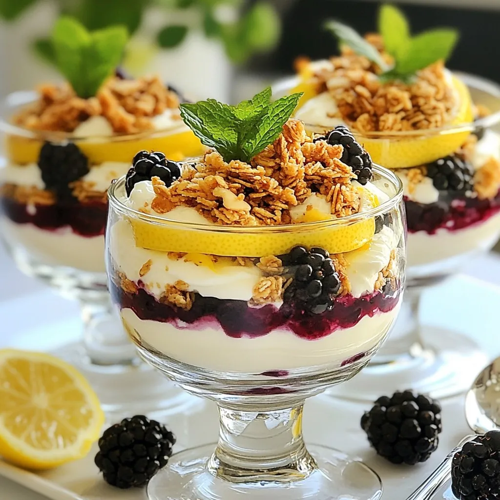 To make a delicious blackberry lemon yogurt parfait, you need these fresh ingredients: - 2 cups plain Greek yogurt - 1 tablespoon honey (or maple syrup) - Zest of 1 lemon - 1 tablespoon fresh lemon juice - 2 cups fresh blackberries - 1 cup granola (your choice) - Mint leaves for garnish These ingredients give the parfait a bright, zesty flavor. The Greek yogurt provides creaminess and protein. The blackberries add a burst of sweetness and color. You can use any granola you like for crunch. You can customize your parfait with these optional ingredients: - Different sweeteners like agave syrup or stevia - Other berries like strawberries or blueberries - Nuts such as almonds or walnuts for added texture - Greek yogurt flavored with vanilla or fruit Feel free to mix and match based on what you enjoy. This flexibility helps you create a parfait just for you. This parfait is not only tasty but also healthy. Here’s a quick look at the nutritional benefits: - High in protein from Greek yogurt - Rich in vitamins and antioxidants from blackberries - Healthy fats and fiber from granola One serving has about 250 calories. It offers a nice balance of carbs and fats. This makes the parfait a great choice for breakfast or a snack. Enjoy the fresh taste while also fueling your body! {{ingredient_image_1}} To start, gather your ingredients. You need plain Greek yogurt, honey, lemon zest, and lemon juice. In a mixing bowl, add 2 cups of Greek yogurt. Then, mix in 1 tablespoon of honey or maple syrup. Next, add the zest of one lemon and 1 tablespoon of fresh lemon juice. Stir well until the mixture is smooth and creamy. This yogurt blend is tangy with a hint of sweetness, perfect for your parfait. Now it’s time to layer the parfait. Grab serving glasses or bowls. Begin with a layer of your yogurt mixture, about 1/4 cup per serving. Next, add a layer of fresh blackberries, around 1/4 cup. These berries bring a burst of flavor and color. Sprinkle 2 tablespoons of granola over the blackberries for some crunch. Repeat these layers until your glasses are full. Always finish with blackberries and a sprinkle of granola on top. For the final touch, add a mint leaf on top of each parfait. This adds a fresh look and taste. Serve your Blackberry Lemon Yogurt Parfait right away or chill briefly before serving. Enjoy this delicious treat that is easy to make and full of flavor! When picking blackberries, look for ones that are shiny and plump. They should feel firm but not hard. Avoid berries with white or red spots, as they are not ripe. Fresh blackberries are sweet and juicy. You can also smell them. Ripe blackberries have a sweet aroma. Always check for mold or squished ones in the container. Choosing the best berries makes your parfait taste great. You can easily make this parfait ahead of time! Prepare the yogurt mixture and blackberries. Layer the parfait in jars or bowls but leave out the granola. Granola gets soggy if it sits too long. Store the jars in the fridge for up to two days. When you are ready to eat, add granola right before serving. This tip keeps the crunch fresh and tasty. You can swap some ingredients for different flavors. If you want a sweeter taste, use flavored yogurt instead of plain. For a vegan option, try coconut yogurt and maple syrup. You can also change the fruit. Try strawberries, raspberries, or peaches instead of blackberries. Each fruit adds its own unique flavor. Don't be afraid to experiment and make it your own! Pro Tips Use Fresh Ingredients: Always opt for fresh blackberries and lemons to enhance the flavor and texture of your parfait. Layer Smartly: For the best presentation, ensure to layer the yogurt, blackberries, and granola evenly to create beautiful cross-sections in the glass. Customize Your Granola: Feel free to use flavored or homemade granola to add a unique twist to your parfait. Chill Before Serving: Refrigerate the assembled parfaits for at least 30 minutes before serving to allow the flavors to meld together. {{image_2}} You can change the yogurt in your parfait for a new taste. I like using plain Greek yogurt for its thick texture and tangy flavor. If you want a creamier option, try vanilla yogurt. For a lighter choice, use low-fat yogurt. Non-dairy yogurts made from almond or coconut milk also work well. Blackberries shine in this parfait, but many fruits can add flavor. Try fresh strawberries for sweetness or raspberries for tartness. Blueberries mix well, too. You can also use peaches or mango for a tropical twist. Each fruit brings its own taste, making your parfait unique. Adding spices or herbs can change your parfait's flavor profile. A pinch of cinnamon can add warmth. You might also try a dash of vanilla extract for extra depth. Fresh mint leaves, besides being a garnish, can add a refreshing taste. Just experiment to find your perfect mix! To store leftover parfaits, place them in airtight containers. This keeps them fresh. You can layer the parfaits as you made them. Cover tightly and store them in the fridge. They will last up to two days. If you added granola, keep it separate to avoid sogginess. This way, you keep the crunch! When you buy blackberries, look for ones that are firm and shiny. They should be dark and plump. Store them in the fridge to keep them fresh. Avoid washing them until you are ready to use them. This prevents mold from forming. For yogurt, choose plain Greek yogurt for the best flavor and texture. Always check the expiration date before buying. You can freeze blackberries for later use. Wash and dry them first. Spread them on a baking sheet and freeze them for a few hours. Once frozen, place them in a freezer bag. They can last up to six months. However, freezing yogurt is not recommended. It can change the texture when thawed. Yes, you can make this parfait vegan. Use a plant-based yogurt, like almond or coconut yogurt. Swap honey for maple syrup or agave nectar. These changes keep the taste great while fitting a vegan diet. The parfait lasts about three days in the fridge. Store it in an airtight container to keep it fresh. The layers may get soggy over time, so enjoy it within that period for the best taste. You can try various toppings to enhance your parfait. Here are some ideas: - Chopped nuts like almonds or walnuts for crunch. - A drizzle of honey or maple syrup for extra sweetness. - Shredded coconut for a tropical twist. - Sliced bananas or strawberries for added fruitiness. - A sprinkle of chia seeds for extra nutrition. Feel free to mix and match these toppings to make it your own! This blog post covered how to create a tasty Blackberry Lemon Yogurt Parfait. We discussed key ingredients, steps for assembly, and tips for the best results. You can customize this parfait with different fruits or yogurt. Remember, you can store leftover parfaits and make them ahead of time. In closing, enjoy making this easy and healthy treat. It’s fun to experiment with flavors too! Share your creations with friends and family for a delightful experience.