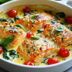To make this dish special, you need a few key items: - 4 salmon fillets - 2 tablespoons olive oil - 4 cloves garlic, minced - 1 cup heavy cream - ½ cup chicken or vegetable broth - 1 cup cherry tomatoes, halved - 1 cup fresh spinach - 1 teaspoon Italian seasoning - Salt and pepper to taste - Grated Parmesan cheese, for garnish - Fresh basil leaves, for garnish These ingredients blend together to create a rich, creamy sauce that pairs perfectly with the salmon. You can add a personal touch with optional garnishes. Here are a few ideas: - Lemon wedges for a fresh zing - Extra grated Parmesan for cheesy goodness - Red pepper flakes for a spicy kick These garnishes can take your dish to the next level! You might not have every item on hand. Here are some easy swaps: - Use butter instead of olive oil for a richer flavor. - Swap heavy cream with coconut cream for a dairy-free option. - Replace spinach with kale or arugula for a different green. These substitutions help you customize the dish to fit your pantry and taste! {{ingredient_image_1}} Start by heating 2 tablespoons of olive oil in a large skillet over medium heat. When the oil is hot, place 4 salmon fillets in the skillet, skin-side down. Season them with salt and pepper. Cook for about 4-5 minutes on each side. You want the salmon to be golden and cooked through. Once done, remove the salmon from the skillet and set it aside. In the same skillet, add 4 cloves of minced garlic. Sauté the garlic for about 1 minute. The garlic should smell nice and fragrant. Next, pour in ½ cup of chicken or vegetable broth. Let it simmer for 2-3 minutes. Be sure to scrape any brown bits from the bottom of the skillet. This adds great flavor. Then, stir in 1 cup of heavy cream and 1 teaspoon of Italian seasoning. Cook for an additional 3-4 minutes until the sauce thickens slightly. Add 1 cup of halved cherry tomatoes and 1 cup of fresh spinach to the sauce. Stir them in until the spinach wilts and the tomatoes heat through. Now, return the salmon fillets back to the skillet. Spoon the creamy sauce over the salmon. Let it cook together for about a minute. Finally, remove the skillet from the heat. Garnish with grated Parmesan cheese and fresh basil leaves. This dish is ready to serve! To cook salmon well, start with fresh fillets. They should be bright and smell like the sea. Heat olive oil in your skillet. Place the salmon skin-side down. Sear it for about 4-5 minutes. This gives a nice crust. Flip and cook for another 4-5 minutes. The salmon should be golden and just cooked through. Use a fork to check. It should flake easily. If you prefer it rare, reduce the cooking time by a minute or two. To boost flavor, add more garlic. Fresh herbs like thyme or oregano also work well. A squeeze of lemon juice adds brightness. You can also sprinkle in some red pepper flakes for heat. This dish shines with good Parmesan cheese. Don’t forget to garnish with fresh basil. It adds color and a nice aroma. One common mistake is overcooking the salmon. Keep an eye on it, as it cooks quickly. Another mistake is not seasoning enough. Salt and pepper are key for flavor. Avoid skipping the step of scraping the skillet. This adds depth to your sauce. Lastly, don’t rush the sauce. Let it simmer to thicken properly. This ensures a rich, creamy texture. Pro Tips Tip for Perfect Salmon: Ensure your salmon fillets are at room temperature before cooking to promote even cooking. Garlic Timing: Be careful not to burn the garlic when sautéing; it should be fragrant but not browned. Thickening the Sauce: If you prefer a thicker sauce, let it simmer a bit longer after adding the cream. Fresh Herbs for Garnish: Use fresh basil leaves for garnish to enhance the flavor and presentation of the dish. {{image_2}} You can swap salmon for chicken or shrimp. For chicken, use boneless breasts. Cook the chicken in the same way as the salmon. For shrimp, sauté them until pink and firm. The creamy sauce works well with both. To make this dish vegetarian, replace the salmon with tofu or chickpeas. Use firm tofu, cut into cubes. Sauté it until golden, then follow the same steps for the sauce. Chickpeas add protein and have a nice texture too. Incorporate seasonal veggies to add color and nutrients. Try asparagus, zucchini, or bell peppers. Just add them to the skillet after the garlic. Cook until they are tender, then mix in the sauce. This keeps your dish fresh and exciting. To store your leftovers, let the dish cool first. Place the salmon and sauce in an airtight container. This keeps it fresh for up to three days in the fridge. Make sure to separate the salmon from the sauce if you prefer. This helps maintain the fish’s texture. When you are ready to enjoy your leftovers, reheat them gently. Use a skillet on low heat to warm the salmon. Add a splash of broth or cream to keep it moist. You can also microwave it in short bursts, stirring often. This prevents the salmon from drying out. If you want to freeze this dish, do it before adding the spinach and tomatoes. These ingredients do not freeze well and can become mushy. Place the salmon and sauce in a freezer-safe container. It will keep for about three months. Thaw overnight in the fridge before reheating. Yes, you can use frozen salmon. Just thaw it first. Place the salmon in the fridge overnight to thaw. If you are short on time, place it in cold water for about 30 minutes. This will help keep the fish fresh and tasty. You can serve this salmon with many sides. Here are some great ideas: - Garlic mashed potatoes - Steamed broccoli - Rice or quinoa - A fresh garden salad - Crusty bread for dipping in sauce These sides will balance the flavors and make your meal complete. The salmon is done when it reaches an internal temperature of 145°F. You can use a food thermometer for this. If you don’t have one, check the color. The fish should be opaque and flake easily with a fork. If it still looks raw in the center, cook it a bit longer. This post covered how to make Creamy Garlic Tuscan Salmon. We discussed key ingredients and options for substitutions. I explained step-by-step instructions to cook salmon perfectly. Tips helped avoid common mistakes, making your dish even better. We explored variations like chicken and vegetarian options. Lastly, you learned how to store and reheat leftovers. Remember, cooking is about joy and exploration. Each meal can bring new ideas. Enjoy your time in the kitchen!