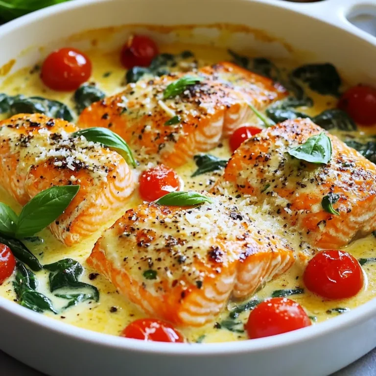 To make this dish special, you need a few key items: - 4 salmon fillets - 2 tablespoons olive oil - 4 cloves garlic, minced - 1 cup heavy cream - ½ cup chicken or vegetable broth - 1 cup cherry tomatoes, halved - 1 cup fresh spinach - 1 teaspoon Italian seasoning - Salt and pepper to taste - Grated Parmesan cheese, for garnish - Fresh basil leaves, for garnish These ingredients blend together to create a rich, creamy sauce that pairs perfectly with the salmon. You can add a personal touch with optional garnishes. Here are a few ideas: - Lemon wedges for a fresh zing - Extra grated Parmesan for cheesy goodness - Red pepper flakes for a spicy kick These garnishes can take your dish to the next level! You might not have every item on hand. Here are some easy swaps: - Use butter instead of olive oil for a richer flavor. - Swap heavy cream with coconut cream for a dairy-free option. - Replace spinach with kale or arugula for a different green. These substitutions help you customize the dish to fit your pantry and taste! {{ingredient_image_1}} Start by heating 2 tablespoons of olive oil in a large skillet over medium heat. When the oil is hot, place 4 salmon fillets in the skillet, skin-side down. Season them with salt and pepper. Cook for about 4-5 minutes on each side. You want the salmon to be golden and cooked through. Once done, remove the salmon from the skillet and set it aside. In the same skillet, add 4 cloves of minced garlic. Sauté the garlic for about 1 minute. The garlic should smell nice and fragrant. Next, pour in ½ cup of chicken or vegetable broth. Let it simmer for 2-3 minutes. Be sure to scrape any brown bits from the bottom of the skillet. This adds great flavor. Then, stir in 1 cup of heavy cream and 1 teaspoon of Italian seasoning. Cook for an additional 3-4 minutes until the sauce thickens slightly. Add 1 cup of halved cherry tomatoes and 1 cup of fresh spinach to the sauce. Stir them in until the spinach wilts and the tomatoes heat through. Now, return the salmon fillets back to the skillet. Spoon the creamy sauce over the salmon. Let it cook together for about a minute. Finally, remove the skillet from the heat. Garnish with grated Parmesan cheese and fresh basil leaves. This dish is ready to serve! To cook salmon well, start with fresh fillets. They should be bright and smell like the sea. Heat olive oil in your skillet. Place the salmon skin-side down. Sear it for about 4-5 minutes. This gives a nice crust. Flip and cook for another 4-5 minutes. The salmon should be golden and just cooked through. Use a fork to check. It should flake easily. If you prefer it rare, reduce the cooking time by a minute or two. To boost flavor, add more garlic. Fresh herbs like thyme or oregano also work well. A squeeze of lemon juice adds brightness. You can also sprinkle in some red pepper flakes for heat. This dish shines with good Parmesan cheese. Don’t forget to garnish with fresh basil. It adds color and a nice aroma. One common mistake is overcooking the salmon. Keep an eye on it, as it cooks quickly. Another mistake is not seasoning enough. Salt and pepper are key for flavor. Avoid skipping the step of scraping the skillet. This adds depth to your sauce. Lastly, don’t rush the sauce. Let it simmer to thicken properly. This ensures a rich, creamy texture. Pro Tips Tip for Perfect Salmon: Ensure your salmon fillets are at room temperature before cooking to promote even cooking. Garlic Timing: Be careful not to burn the garlic when sautéing; it should be fragrant but not browned. Thickening the Sauce: If you prefer a thicker sauce, let it simmer a bit longer after adding the cream. Fresh Herbs for Garnish: Use fresh basil leaves for garnish to enhance the flavor and presentation of the dish. {{image_2}} You can swap salmon for chicken or shrimp. For chicken, use boneless breasts. Cook the chicken in the same way as the salmon. For shrimp, sauté them until pink and firm. The creamy sauce works well with both. To make this dish vegetarian, replace the salmon with tofu or chickpeas. Use firm tofu, cut into cubes. Sauté it until golden, then follow the same steps for the sauce. Chickpeas add protein and have a nice texture too. Incorporate seasonal veggies to add color and nutrients. Try asparagus, zucchini, or bell peppers. Just add them to the skillet after the garlic. Cook until they are tender, then mix in the sauce. This keeps your dish fresh and exciting. To store your leftovers, let the dish cool first. Place the salmon and sauce in an airtight container. This keeps it fresh for up to three days in the fridge. Make sure to separate the salmon from the sauce if you prefer. This helps maintain the fish’s texture. When you are ready to enjoy your leftovers, reheat them gently. Use a skillet on low heat to warm the salmon. Add a splash of broth or cream to keep it moist. You can also microwave it in short bursts, stirring often. This prevents the salmon from drying out. If you want to freeze this dish, do it before adding the spinach and tomatoes. These ingredients do not freeze well and can become mushy. Place the salmon and sauce in a freezer-safe container. It will keep for about three months. Thaw overnight in the fridge before reheating. Yes, you can use frozen salmon. Just thaw it first. Place the salmon in the fridge overnight to thaw. If you are short on time, place it in cold water for about 30 minutes. This will help keep the fish fresh and tasty. You can serve this salmon with many sides. Here are some great ideas: - Garlic mashed potatoes - Steamed broccoli - Rice or quinoa - A fresh garden salad - Crusty bread for dipping in sauce These sides will balance the flavors and make your meal complete. The salmon is done when it reaches an internal temperature of 145°F. You can use a food thermometer for this. If you don’t have one, check the color. The fish should be opaque and flake easily with a fork. If it still looks raw in the center, cook it a bit longer. This post covered how to make Creamy Garlic Tuscan Salmon. We discussed key ingredients and options for substitutions. I explained step-by-step instructions to cook salmon perfectly. Tips helped avoid common mistakes, making your dish even better. We explored variations like chicken and vegetarian options. Lastly, you learned how to store and reheat leftovers. Remember, cooking is about joy and exploration. Each meal can bring new ideas. Enjoy your time in the kitchen!