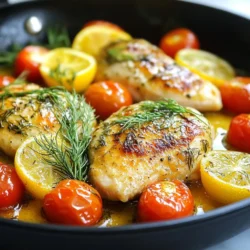 To make Lemon Dill Chicken Skillet, you need these simple ingredients: - 4 boneless, skinless chicken breasts - 2 tablespoons olive oil - 3 cloves garlic, minced - Zest and juice of 2 lemons - 1 tablespoon fresh dill, chopped (or 1 teaspoon dried dill) - 1 cup low-sodium chicken broth - 1 cup cherry tomatoes, halved - Salt and pepper to taste - Fresh dill sprigs for garnish If you don’t have all the ingredients, don’t worry! Here are some easy swaps: - Chicken: You can use thighs instead of breasts for more flavor. - Olive oil: Avocado oil works great too. - Garlic: Garlic powder can be used if fresh garlic isn’t available. - Dill: Other herbs like parsley or thyme can replace dill. - Chicken broth: Vegetable broth is a good substitute if you want a lighter taste. - Tomatoes: Any small tomato works, or you can use bell peppers for a crunch. Fresh ingredients make this dish shine. Here’s how to pick the best: - Chicken: Look for bright pink color and no bad smell. - Garlic: Choose firm cloves with no sprouting. - Lemons: Pick lemons that feel heavy and have a bright yellow color. - Dill: Fresh dill should smell strong and look vibrant green. - Tomatoes: Select plump tomatoes that are slightly soft to the touch. Using fresh ingredients not only boosts flavor but also makes your meal healthier. Enjoy cooking! {{ingredient_image_1}} First, gather all your ingredients. You will need: - 4 boneless, skinless chicken breasts - 2 tablespoons olive oil - 3 cloves garlic, minced - Zest and juice of 2 lemons - 1 tablespoon fresh dill, chopped (or 1 teaspoon dried dill) - 1 cup low-sodium chicken broth - 1 cup cherry tomatoes, halved - Salt and pepper to taste - Fresh dill sprigs for garnish Next, wash the chicken breasts under cold water. Pat them dry with a paper towel. This helps the chicken sear nicely. Season both sides with salt and pepper. Now, heat the olive oil in a large skillet over medium heat. You want the oil to shimmer. Once hot, add the chicken breasts. Sear them for about 5-6 minutes on each side. Look for a golden brown color. This means they are cooking well. After the chicken cooks, remove it from the skillet and set it on a plate. In the same skillet, add the minced garlic. Sauté it for about 30 seconds. You want to smell the garlic, but don’t burn it. Next, add the lemon zest, lemon juice, and chicken broth. Stir it all together. Bring the mixture to a gentle simmer. Then, add the halved cherry tomatoes and chopped dill. Stir to mix everything well. Return the chicken to the skillet. Spoon the sauce over the top. Cook it on low heat for an additional 5 minutes. This lets the flavors blend and warms the chicken again. Taste the sauce and adjust the seasoning if needed. To serve, place the chicken on plates. Drizzle the sauce from the skillet over each piece. Garnish with fresh dill sprigs for a pop of color. This dish pairs well with rice or a fresh salad. Enjoy your tasty and easy lemon dill chicken skillet! To get that nice golden brown color, start with a hot skillet. I use medium heat and add olive oil. Season the chicken with salt and pepper. Once the oil shimmers, place the chicken breasts in the skillet. Avoid crowding the pan; this helps them sear better. Cook for 5-6 minutes on each side. Don’t flip them too soon. Let them form a crust. Lemon and dill are the stars of this dish. Use fresh lemon zest and juice for a bright taste. Add minced garlic right after searing the chicken. This lets the garlic bloom and adds depth. When you mix in the chicken broth, it should simmer gently. This helps the flavors blend. Finally, add cherry tomatoes and dill to boost the taste. One big mistake is overcooking the chicken. Dry chicken isn’t tasty. Use a meat thermometer if you have one. Chicken should reach 165°F. Another mistake is not tasting the sauce. Always check if it needs more salt or lemon juice. Lastly, don’t forget to let the chicken rest after cooking. This keeps it juicy and tender. Error: Connection error. {{image_2}} If you want to switch it up, consider using fish or tofu. Salmon works really well. The lemon and dill flavor will still shine. For a plant-based option, try firm tofu. Press it first to remove extra moisture. Cut it into cubes and sauté until golden. This way, you'll have a tasty meal that fits your diet. Adding vegetables boosts the nutrition of this dish. You can toss in spinach, kale, or zucchini. Just chop them small so they cook fast. Bell peppers or asparagus also add color and crunch. These veggies add vitamins and make your meal more filling. Plus, they soak up that lovely lemon-dill sauce. You can change the taste by using different herbs and spices. Try basil or parsley for a fresh twist. If you like heat, add red pepper flakes for a kick. Cumin or paprika can give it a warm, earthy flavor. Experimenting with these options keeps the dish exciting and suits your taste. After cooking your Lemon Dill Chicken Skillet, let it cool down. Place the chicken and sauce in an airtight container. This keeps it fresh for up to three days in the fridge. Make sure to store the chicken and sauce together. If you want to keep the chicken crispy, store it separately. To reheat, use a skillet over medium heat. Add a splash of chicken broth to keep it moist. Heat for about five minutes or until warm. You can also use the microwave. Place the chicken on a microwave-safe plate. Cover it with a damp paper towel. Heat for about one to two minutes, checking often. You can freeze Lemon Dill Chicken Skillet for later. Place the cooled chicken and sauce in a freezer-safe bag. Squeeze out the air and seal tightly. This meal can last up to three months in the freezer. To thaw, leave it in the fridge overnight. Reheat as described before, and enjoy your meal! You can serve Lemon Dill Chicken Skillet with many tasty sides. Here are some ideas: - Rice or quinoa for a filling base. - Steamed vegetables like broccoli or green beans for a fresh touch. - A simple salad with mixed greens and lemon vinaigrette. - Mashed potatoes for a creamy contrast to the chicken. These sides will balance the bright flavors of the dish. Yes, you can use frozen chicken! Just remember to thaw it first. Thaw the chicken in the fridge overnight or use the microwave for quick thawing. Cooking from frozen will make it hard to get the right texture. Always cook it until it reaches 165°F (75°C) for safety. To check if the chicken is cooked, use a meat thermometer. Insert it into the thickest part of the chicken. It should read 165°F (75°C). If you don't have a thermometer, cut into the chicken. It should be white and the juices should run clear, not pink. These tips will ensure you serve perfectly cooked chicken. This blog post covered all the key aspects of making Lemon Dill Chicken Skillet. We discussed the essential ingredients, how to cook, and the best serving ideas. I shared tips to enhance flavor and avoid common mistakes. You learned about different protein options, veggie add-ins, and flavor changes. Finally, I provided storage techniques and answered common questions. Using these steps will help you create a tasty meal every time. Enjoy cooking and experimenting!
