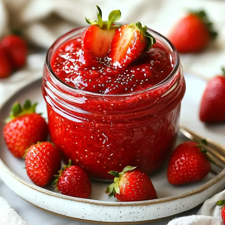 - 2 cups fresh strawberries, hulled and chopped - 1 cup coconut milk - 1/4 cup chia seeds - 1/4 cup honey or maple syrup - 1 teaspoon vanilla extract - 1 tablespoon lemon juice - A pinch of salt To make Strawberry Coconut Chia Jam, you need just a few simple items. Start with fresh strawberries. They give the jam a bright, sweet taste. You will also need coconut milk, which adds creaminess. Chia seeds are key for thickening the jam. Honey or maple syrup adds sweetness, while vanilla extract gives it flavor. Lemon juice adds a nice zing, and a pinch of salt boosts all the tastes. This recipe is fun because you can adjust it. Want it sweeter? Add more honey. Prefer a creamier jam? Use more coconut milk. Each ingredient brings something special to the mix. So, gather your ingredients and let’s make this tasty jam! {{ingredient_image_1}} 1. First, combine the chopped strawberries and lemon juice in a medium saucepan. 2. Cook this mixture over medium heat for about 5-7 minutes. Stir occasionally until the strawberries soften and break down. 3. After cooking, remove the saucepan from the heat. Use a fork or potato masher to mash the strawberries. You can leave some chunks if you want texture. 4. Now, mix in the coconut milk, honey or maple syrup, vanilla extract, and a pinch of salt. Stir well until everything combines nicely. 5. Gradually stir in the chia seeds. Make sure to stir continuously to avoid clumping. 6. Let the mixture cool for about 10 minutes. After that, give it another good stir. This jam is simple to make and tastes great on toast or yogurt! You can choose how smooth or chunky you want your jam. For a smooth jam, mash the strawberries well. If you like some texture, leave a few chunks. This way, you get a fun blend of flavors in every bite. Now, let’s talk about sweetness. You can adjust the sweetness to your taste. Start with 1/4 cup of honey or maple syrup. Taste it after mixing, and add more if needed. This jam should be sweet but not too sweet. Cooking strawberries is key to a tasty jam. Use a medium heat. This way, the strawberries soften without burning. Stir them often for even cooking. After about 5-7 minutes, they should break down nicely. For freshness, use ripe strawberries. Fresh strawberries have the best flavor. If you must, frozen strawberries can work too, but the texture may change a bit. You can enjoy your Strawberry Coconut Chia Jam in many ways. Spread it on toast for breakfast. Mix it into yogurt for a tasty snack. You can even use it as a filling in desserts like cakes or pastries. The options are endless! Pro Tips Choosing Strawberries: Use ripe, sweet strawberries for the best flavor. Look for bright red berries with a fragrant aroma. Adjusting Sweetness: Taste the mixture before refrigerating and adjust the sweetness to your preference. Honey and maple syrup can be added gradually. Texture Preference: If you prefer a smoother jam, blend the strawberry mixture using an immersion blender after mashing. Serving Suggestions: This jam pairs well with yogurt, pancakes, or as a filling for cakes. Get creative with your uses! {{image_2}} You can add fun flavors to your jam. Fresh herbs like mint give a cool touch. Try adding a pinch of cinnamon for warmth. Other fruits can also work great. Blueberries or raspberries mix well with strawberries. You might also use extracts, like almond or coconut, for a deeper taste. If you want a sugar-free option, use a sugar substitute. Stevia or erythritol can replace honey or maple syrup. This keeps the sweetness while cutting calories. For a vegan jam, just swap honey with maple syrup. Both options taste fantastic and suit different diets. You can change the coconut milk if needed. Almond milk or oat milk works well too. These non-dairy options keep the jam creamy. If you prefer a lighter texture, use less coconut milk. Adjusting these ingredients can change the flavor and texture, making the jam your own. To keep your Strawberry Coconut Chia Jam fresh, use clean glass jars. Glass helps avoid chemical reactions and keeps flavors intact. Always seal the jar tightly. Refrigeration is key. It slows down spoilage and preserves taste. This jam lasts about one week in the fridge. Store it in a cool, dark place. If you want to keep it longer, freeze it. Pour the jam into freezer-safe containers. Leave some space for expansion as it freezes. Check for signs of spoilage before using your jam. Look for mold on the surface. If it smells off or has a strange color, throw it away. If the texture changes or becomes watery, it’s best to discard it. Always trust your senses! Chia seeds are small but packed with nutrients. They are high in fiber, which helps digestion. They also contain protein, healthy fats, and antioxidants. These seeds can help you feel full longer. Plus, they may support heart health and lower cholesterol. In this jam, chia seeds thicken the mixture. They absorb liquid, creating a nice texture. Yes, you can use frozen strawberries. They work well in this recipe. However, frozen strawberries may change the texture a bit. They might make the jam slightly more watery. To fix this, you may need to adjust the cooking time. Cook them a bit longer to ensure they break down fully. The taste will still be sweet and fruity! To make more jam, simply scale the ingredients. Double or triple the amounts based on your needs. Keep the same ratios for coconut milk and chia seeds. This way, you maintain the right balance. If you cook more, use a larger pot. Make sure to stir well. Enjoy more of this tasty jam! This jam recipe features fresh strawberries, chia seeds, and coconut milk. I covered step-by-step instructions to help you succeed. You learned tips for texture and storage, making it easy to enjoy your jam for weeks. Feel free to experiment with flavors or adjust for dietary needs. Homemade jam is fun and tasty. Enjoy it on toast, yogurt, or desserts. With this guide, you can create a delicious treat that brightens any meal. Your new jam will impress friends and family alike. Enjoy your cooking adventure!