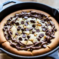 - 1 cup all-purpose flour - 1/2 teaspoon baking soda - 1/4 teaspoon salt - 1/2 cup unsalted butter, softened - 1/2 cup brown sugar, packed - 1/4 cup granulated sugar - 1 teaspoon vanilla extract - 1 large egg - 1 cup semi-sweet chocolate chips - 1/2 cup chopped nuts (walnuts or pecans, optional) - Ice cream for serving (optional) You can change some ingredients if needed. Use whole wheat flour for a healthier option. If you need a dairy-free version, use vegan butter instead of regular butter. You can swap brown sugar for coconut sugar for a different taste. If you don't have eggs, use a flaxseed meal mixed with water. This works well in cookies and keeps them moist. Toppings add fun to your cookie skillet. A scoop of vanilla ice cream brings coolness and creaminess. You can drizzle melted chocolate or caramel sauce for extra sweetness. Try sprinkling sea salt on top for a nice contrast. Chopped nuts can also add crunch and flavor. Mix and match toppings to create your perfect dessert! {{ingredient_image_1}} First, preheat your oven to 350°F (175°C). This step is key for even baking. Next, grab a medium bowl. In it, whisk together 1 cup of all-purpose flour, 1/2 teaspoon of baking soda, and 1/4 teaspoon of salt. Set this bowl aside for later. Now, take a large mixing bowl. Add 1/2 cup of softened unsalted butter. Then, blend in 1/2 cup of brown sugar and 1/4 cup of granulated sugar. Mix them until light and fluffy. This makes your cookie rich! Next, beat in 1 teaspoon of vanilla extract and 1 large egg. Mix until everything is well combined. Gradually add the dry mix from the first bowl. Stir until just combined. Be careful not to overmix. Finally, fold in 1 cup of semi-sweet chocolate chips and 1/2 cup of chopped nuts if you like. Now, take a pre-greased cast-iron skillet. Transfer the cookie dough into it, spreading it evenly. Bake this in the preheated oven for 25 to 30 minutes. You're looking for golden brown edges and a soft center. Once you take it out, let it cool for a few minutes. It will keep cooking a bit as it cools. Serve it warm, and consider adding a scoop of vanilla ice cream on top for extra fun! To get a soft and chewy cookie, mix just until the flour is combined. Overmixing makes the cookie tough. Bake until the edges are golden, but the center stays soft. This gives you that perfect balance of crisp and chew. One big mistake is using cold butter. Always use softened butter for the best mix. Don’t skip the cooling step after baking. This step helps the cookie set up just right. Also, be careful with your oven time. If you bake too long, you risk a dry cookie. Serve warm from the skillet for the best taste. A scoop of vanilla ice cream makes it even better. You can add a drizzle of chocolate sauce on top. A sprinkle of sea salt adds a nice contrast to the sweet cookie. Enjoy it with friends for a fun dessert! Pro Tips Use Room Temperature Ingredients: Make sure your butter and egg are at room temperature for easier mixing and a smoother dough. Don't Overmix: Mix the dough just until the ingredients are combined to maintain a soft and chewy texture. Check for Doneness: The cookie skillet should be golden around the edges but still soft in the center; it will firm up as it cools. Flavor Enhancements: Add a pinch of espresso powder to intensify the chocolate flavor or sprinkle some sea salt on top for a sweet-salty contrast. {{image_2}} You can easily make a nut-free version of this cookie skillet. Simply leave out the chopped nuts. This swap keeps the dish safe for those with nut allergies. The cookie will still be soft and gooey. You won't miss the nuts at all! Switching up the type of chocolate can add a fun twist. You can use milk chocolate, dark chocolate, or even white chocolate. Each type gives a new flavor. For a richer taste, dark chocolate is perfect. If you want it sweeter, use milk chocolate. Get creative and mix different types for a fun surprise! Add-ins can take your skillet cookie to the next level. Try adding a half cup of shredded coconut or a few tablespoons of peanut butter chips. You can even use toffee bits for a crunchy bite. Each option adds a unique flavor and texture. Don't be afraid to experiment! To keep leftovers fresh, first let the skillet cool. Cover the skillet with plastic wrap or foil. You can also transfer the cookie to an airtight container. Store it at room temperature for up to two days. For longer storage, place it in the fridge. It stays fresh there for up to a week. When ready to enjoy, preheat your oven to 350°F (175°C). Place the skillet in the oven for about 10-15 minutes. This will warm it up nicely. If you prefer, you can microwave single portions. Heat them for about 15-20 seconds. Just be careful not to overheat, or the cookie will get tough. You can freeze the cookie skillet too! First, let it cool completely. Wrap it tightly in plastic wrap and then foil. It will stay good in the freezer for up to three months. When ready to eat, move it to the fridge overnight. Then reheat as I mentioned before. Enjoy that warm, gooey goodness again! The chocolate chip cookie skillet lasts about 3 days when stored properly. To keep it fresh, cover it tightly with plastic wrap or foil. You can also place it in an airtight container. The cookie might lose some crunch but will still taste great! Yes, you can make a smaller portion! Divide the recipe in half. Use a smaller skillet or baking dish. This way, you can enjoy a fresh cookie without leftovers. Baking time may change, so check it a little earlier. You can use many toppings to enhance your skillet cookie. Some tasty options include: - Whipped cream for a light touch - Caramel sauce for extra sweetness - Chopped nuts for a crunchy bite - Fresh berries for a fruity flavor - Peanut butter drizzle for a nutty twist Try different combinations to find your favorite! This recipe guides you through making a delicious chocolate chip cookie skillet. We covered ingredients, steps, tips, and variations. Remember, use the right mix of ingredients for the best taste. Avoid common mistakes to get perfect texture. Store leftovers properly to enjoy later. Experiment with flavors and toppings to make it your own. Enjoy this treat with friends and family. Happy baking!