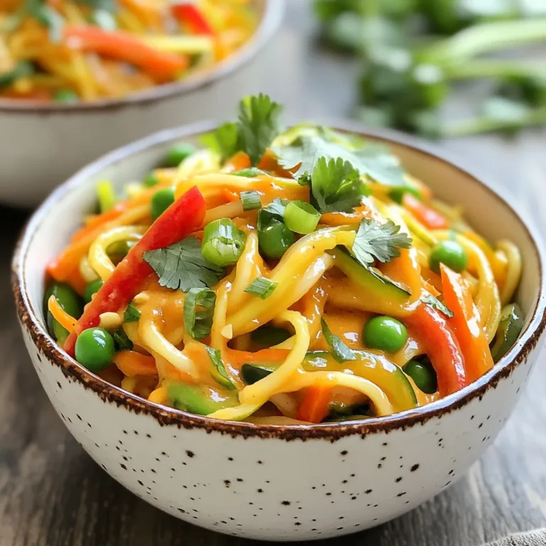 - 4 medium zucchinis (spiralized) - 1 cup red bell pepper (thinly sliced) - 1 cup snap peas (trimmed) - 1 cup carrot (julienned) - 1/4 cup green onions (sliced) - 1/4 cup cilantro (chopped, for garnish) - 1/3 cup creamy peanut butter - 2 tablespoons soy sauce (or tamari for gluten-free) - 2 tablespoons lime juice - 1 tablespoon honey or maple syrup - 1 tablespoon sriracha - 2 teaspoons sesame oil - 1 tablespoon water (adjust for consistency) This dish shines thanks to fresh, vibrant ingredients. Zucchini noodles, or zoodles, are the star. They are light and healthy, making them perfect for a quick meal. The red bell pepper adds sweetness and color. Snap peas give a nice crunch, while julienned carrots bring a burst of flavor. For the spicy peanut sauce, I use creamy peanut butter. It makes the sauce rich and smooth. Soy sauce or tamari adds saltiness. Lime juice brightens up the flavors, while honey or maple syrup gives a touch of sweetness. Sriracha is key for heat, so adjust it to your liking. Sesame oil adds a nutty taste, while water helps thin the sauce to the right consistency. Gathering these ingredients will set you on the path to a tasty meal. Remember, fresh herbs like cilantro and green onions at the end make a big difference. They add freshness and color, making your dish look stunning! {{ingredient_image_1}} In a medium bowl, whisk together: - 1/3 cup creamy peanut butter - 2 tablespoons soy sauce - 2 tablespoons lime juice - 1 tablespoon honey - 1 tablespoon sriracha - 2 teaspoons sesame oil - 1 tablespoon water Mix until smooth. Adjust water to get the sauce just right. You want it thick, but pourable. Set this aside while you cook the veggies. In a large skillet, heat over medium. Add the sliced bell pepper and snap peas. Sauté for 2-3 minutes. You want them tender but still crisp. Next, add the zucchini noodles. Toss gently for another 2-3 minutes. Don't let them get mushy; just warm them through. Remove the skillet from heat. Pour the spicy peanut sauce over the zoodles and veggies. Toss everything until well coated. For a fresh touch, garnish with: - 1/4 cup sliced green onions - 1/4 cup chopped cilantro Serve it up in big bowls. Drizzle extra sauce on top if you like. Enjoy the burst of flavors! To keep zoodles from getting mushy, follow these steps: - Use fresh zucchinis. Fresh zucchinis are firmer and hold their shape better. - Spiralize just before cooking. This helps keep them crisp. - Don’t overcook. Cook zoodles for only 2-3 minutes. They should be warm, not soft. - Salt lightly. If you salt them before cooking, let them sit for a few minutes. This draws out excess water. Cooking time affects texture. If you prefer a firmer bite, cook zoodles for less time. For softer zoodles, add a minute, but watch closely. You want them tender yet still a bit crisp. To adjust the heat, start with less sriracha. Add a teaspoon at first and taste. You can always add more. If you want an extra kick, try these alternatives: - Chili paste. It packs a lot of heat. - Red pepper flakes. Add them while cooking for a nice heat boost. - Fresh jalapeños. Chop them finely and mix in for freshness. Remember, everyone’s spice level is different. Tailor it to your taste for the best experience. Presentation can make your dish shine. Here are some tips: - Use large bowls. This allows the colors to pop. - Drizzle extra peanut sauce on top. It adds flavor and looks great. - Garnish with cilantro and lime wedges. This adds freshness and color. When serving, make it feel special. Arrange zoodles neatly and sprinkle green onions for a finishing touch. This creates a stunning dish that is sure to impress! Pro Tips Adjust the Spice Level: If you prefer a milder sauce, start with less sriracha and gradually add more to taste. Remember, you can always add more spice, but it’s hard to take it away! Choose Fresh Veggies: Use fresh, crisp vegetables for the best texture and flavor. Look for vibrant colors and avoid any wilting to ensure your dish is visually appealing and delicious. Make Ahead: You can prepare the peanut sauce in advance and store it in the refrigerator. This not only saves time but allows the flavors to meld together for a richer taste. Customize Your Toppings: Feel free to mix in other toppings like chopped peanuts, sesame seeds, or even a sprinkle of crushed red pepper for extra crunch and flavor. {{image_2}} If you want to make this dish vegetarian or vegan, it's easy! Just swap out the honey for maple syrup. This keeps the sweetness and works great with the peanut sauce. You can also add more veggies for a heartier meal. Consider using mushrooms, spinach, or even broccoli. These vegetables not only add nutrition but also enhance the flavor. For a gluten-free option, use tamari instead of soy sauce. Tamari has a rich flavor and works perfectly in the peanut sauce. You can also add gluten-free ingredients like quinoa or chickpeas. These additions boost protein and fiber while keeping the dish gluten-free. Want to make your zoodles more filling? Add protein! Chicken, tofu, or shrimp are great choices. If you use chicken, cook it in the skillet first. For tofu, sauté it until golden before adding the veggies. Shrimp cooks quickly, so add it in when the zoodles are almost ready. Each protein option brings its own taste and texture, making your dish even better. To keep your zoodles fresh, follow these tips: - Separate the sauce and zoodles. This helps prevent sogginess. - Use airtight containers. Glass or plastic containers work well. - Store in the fridge. Use within 3 days for the best taste. When reheating zoodles, keep these points in mind: - Use a skillet on low heat. This warms them gently. - Add a splash of water. This helps keep the zoodles moist. - Avoid the microwave. It can make zoodles mushy. To maintain texture and flavor, reheat just until warm. Enjoy your meal! Zoodles are zucchini noodles. They are a fun, healthy pasta substitute. To make zoodles, you can use a spiralizer. A spiralizer is a tool that turns vegetables into thin noodles. You can also use a vegetable peeler or a box grater. Slice the zucchini into thin strips for a different shape. Zoodles are low in carbs and full of nutrients. They cook quickly and soak up flavors well. Yes, you can make the spicy peanut sauce in advance. Mix all the sauce ingredients in a bowl. Store it in an airtight container. Keep it in the fridge for up to five days. When ready to use, just stir it well. You might need to add a bit of water to thin it out again. This makes meal prep easier and saves time on busy days. Yes, this recipe is great for meal prep. Prepare the zoodles and sauce separately. This keeps the zoodles from getting soggy. Store the cooked zoodles in a container in the fridge. Keep the sauce in another container. You can mix them together when you’re ready to eat. This dish is quick to reheat and still tastes fresh. Consider adding protein like chicken or tofu for a complete meal. This blog post covered an easy and tasty recipe for zoodles with spicy peanut sauce. We explored the main ingredients, how to prepare the sauce, and tips for perfecting zoodles. You can customize this dish with your choice of proteins and vegetables. Remember to store leftovers properly for best results. This simple meal is fun to make and share. I hope you feel inspired to try it in your own kitchen. Enjoy creating delicious meals that bring joy to your table!