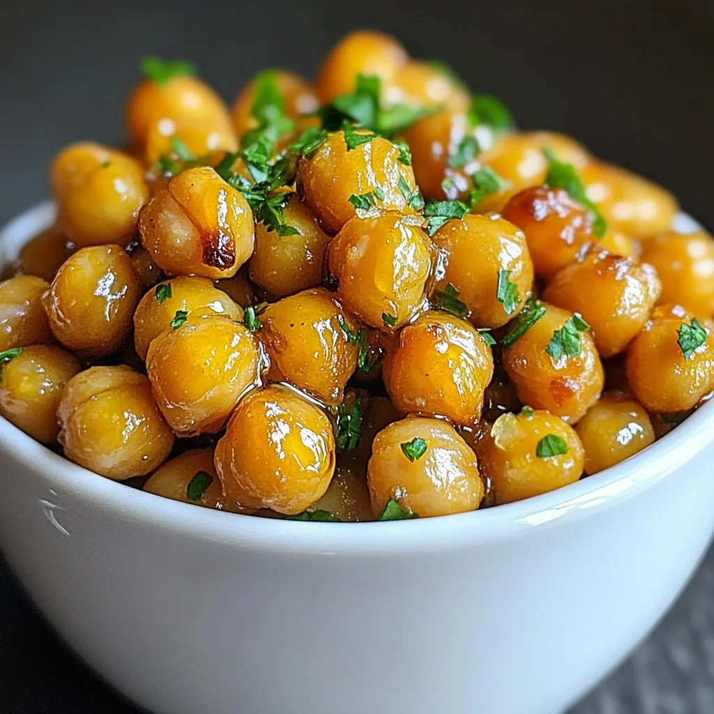 - 1 can (15 oz) chickpeas, drained and rinsed - 3 tablespoons honey - 2 tablespoons olive oil - 2 cloves garlic, minced - 1 teaspoon smoked paprika - ½ teaspoon salt - ¼ teaspoon black pepper - Fresh parsley, chopped (for garnish) To make Honey Garlic Roasted Chickpeas, you need simple, good ingredients. Chickpeas are the star of this snack. They give a nice crunch and are packed with protein. Honey adds natural sweetness that pairs well with garlic. Olive oil helps to crisp up the chickpeas. Garlic gives a savory kick that balances the honey. The spices, like smoked paprika, give flavor and warmth. Fresh parsley adds color and freshness on top. You can swap honey for maple syrup if you want a different sweet taste. For oil, avocado oil works well and has a light flavor. These swaps keep the dish tasty and fun. Each serving of Honey Garlic Roasted Chickpeas has about 150 calories. You get around 6 grams of protein from the chickpeas. This snack is vegan and gluten-free, making it great for many diets. It's a healthy choice that doesn’t compromise on taste. Enjoy it guilt-free while satisfying your snack cravings! {{ingredient_image_1}} First, you need to preheat your oven to 400°F (200°C). This step is key for getting those chickpeas nice and crispy. While that's heating up, grab a can of chickpeas. Drain and rinse them under cold water. Then, dry them well with a kitchen towel or paper towel. Removing excess water is really important. It helps the chickpeas crisp up during roasting. Now, let’s make the honey-garlic mixture. In a bowl, combine 3 tablespoons of honey, 2 tablespoons of olive oil, and 2 cloves of minced garlic. Add 1 teaspoon of smoked paprika, ½ teaspoon of salt, and ¼ teaspoon of black pepper. Whisk everything together until it’s smooth. This mix will coat the chickpeas and give them a great flavor. Next, take the dried chickpeas and pour the honey-garlic mixture over them. Toss the chickpeas well so they are fully coated. Spread them out in a single layer on a lined baking sheet. It’s important they aren’t crowded. Roast them in the oven for 25 to 30 minutes. Remember to shake the pan halfway through. This helps them roast evenly. Keep an eye on them until they turn golden brown and crispy. Once done, take them out and let them cool for a few minutes. They will get crunchier as they cool. Finally, garnish with fresh parsley before you dig in. Enjoy your tasty snack! To get the best crunch from your chickpeas, start by drying them well. After rinsing, use a kitchen towel or paper towel to soak up all the water. This step is vital. If the chickpeas are damp, they won’t crisp up. Once they are dry, place them on a baking sheet. During roasting, shake the pan halfway through. This helps the chickpeas cook evenly and stay crispy. You can boost the flavor of your chickpeas by adding more spices or herbs. Try adding cayenne for heat or rosemary for a fresh taste. You can also mix sweet and savory flavors. For a sweet twist, add cinnamon or nutmeg. For a savory touch, consider cumin or thyme. These variations can change the whole vibe of your snack. Serve your honey garlic roasted chickpeas as a healthy snack. They are great on their own or with a dip. You can also add them to salads for extra crunch. They make a fantastic topping for any dish. If you're hosting, use these as a fun appetizer. Just put them in a bowl, and let everyone dig in! Pro Tips Dry Chickpeas Thoroughly: Ensuring that the chickpeas are completely dry before roasting will help them achieve maximum crispiness. Use Fresh Garlic: Freshly minced garlic will provide a vibrant flavor compared to pre-minced options, enhancing the overall taste of the dish. Shake the Pan: Shaking the baking sheet halfway through cooking ensures that the chickpeas roast evenly and prevents them from sticking. Experiment with Spices: Feel free to adjust the spices or add your favorites, such as cayenne pepper for a kick or cumin for a warm flavor profile. {{image_2}} You can easily switch up the flavor of your honey garlic roasted chickpeas. Here are two ideas: - Spicy Honey Garlic Chickpeas: Add 1 teaspoon of cayenne pepper or chili powder to the honey-garlic mix. This adds a nice kick. You get both sweet and spicy in each bite! - Herb-Infused Honey Roasted Chickpeas: Mix in 1 teaspoon of dried herbs like thyme or rosemary. This gives a fresh taste and a nice aroma. You can also try different cooking methods for your chickpeas: - Air fryer version: Set your air fryer to 375°F (190°C). Toss the chickpeas with the honey-garlic mix and cook for about 15-20 minutes. Shake the basket halfway through for even crisping. - Stovetop skillet roasting: Heat a non-stick skillet over medium heat. Add the chickpeas and honey-garlic mix, cooking for about 10-15 minutes. Stir often until they’re golden and crispy. Seasonal ingredients can add extra flair to your chickpeas: - Incorporating seasonal vegetables or nuts: Toss in some roasted sweet potatoes or chopped bell peppers for added color and taste. You can also mix in nuts like walnuts or pecans for crunch. This way, you get a unique snack that changes with the seasons! After making your honey garlic roasted chickpeas, let them cool down first. Cooling helps keep them crunchy. Once they are cool, store them in an airtight container. This will keep them fresh and tasty. Glass jars or plastic containers work well. Make sure the lid fits tight to keep air out. If you keep them in the fridge, they stay good for about 3 days. Just make sure they are in an airtight container. You can also freeze roasted chickpeas. To freeze them, spread the chickpeas on a baking sheet in a single layer. Put them in the freezer for about an hour. Once frozen, transfer them to a freezer bag. This way, they won't stick together. To reheat, use the oven or an air fryer. Preheat your oven to 350°F (175°C). Spread the chickpeas on a baking sheet. Bake for about 10 minutes, or until warm and crispy. If you use an air fryer, heat them at 300°F (150°C) for about 5 minutes. This keeps them crunchy and delicious. Avoid using a microwave, as it can make them soft. Yes, you can use dried chickpeas. First, soak them overnight in water. After soaking, drain and rinse them. Then, boil the chickpeas in fresh water for about 60-90 minutes. They should be soft but firm. Once cooked, follow the same steps in the recipe to prepare your honey garlic mix. This will give you a fresh taste in your dish. You can serve these chickpeas in many ways. They make a great snack on their own. Try adding them to salads for extra crunch. They also pair well with rice or quinoa bowls. You can sprinkle them on top of soups for added texture. Their sweet and savory flavor complements many dishes. All the ingredients in this recipe are already vegan. Honey is the only concern. You can replace honey with maple syrup for a vegan option. This substitution keeps the flavor sweet and delicious. Enjoy your tasty snack without any animal products! You learned how to make delicious Honey Garlic Roasted Chickpeas. We covered each step, from ingredients to cooking. You can swap ingredients and try new flavors. Storing and reheating tips keep your chickpeas crispy. Now, you have the tools to enjoy healthy snacks or appetizers. Use this recipe to impress friends or family. Get creative with different ingredients and flavors. Your next cooking adventure awaits!