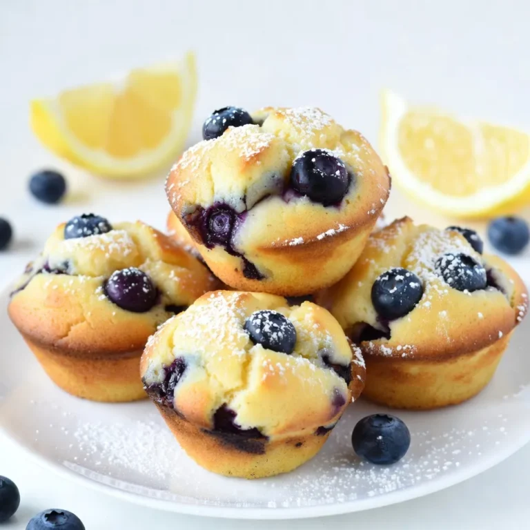 - 1 cup all-purpose flour - 1/2 cup granulated sugar - 1 teaspoon baking powder - 1/2 teaspoon baking soda - 1/4 teaspoon salt For the dry mix, I use all-purpose flour as the base. It gives the muffins a nice texture. Granulated sugar adds sweetness and helps with browning. Baking powder and baking soda are key for rising. A touch of salt balances the flavors. - 1/3 cup vegetable oil - 1 large egg - 1 teaspoon vanilla extract - 1/2 cup plain Greek yogurt - Zest of 1 lemon - 1 tablespoon fresh lemon juice In the wet mix, vegetable oil keeps the muffins moist. The egg adds structure and richness. Vanilla extract brings warmth. Greek yogurt adds creaminess and tang. Lemon zest and juice give a bright flavor. - 4 oz cream cheese, softened - 1/4 cup powdered sugar - 1/2 teaspoon vanilla extract For the cheesecake filling, cream cheese creates a rich and smooth layer. Powdered sugar sweetens it perfectly. A hint of vanilla enhances the taste. This filling makes each bite special and creamy. {{ingredient_image_1}} 1. Preheat your oven to 350°F (175°C). This helps muffins bake evenly. 2. Line a muffin tin with paper liners or grease it with cooking spray. This makes it easy to remove the muffins later. 1. In a large bowl, whisk together the flour, sugar, baking powder, baking soda, and salt. This mixes everything well. 2. In another bowl, mix the vegetable oil, egg, vanilla extract, Greek yogurt, lemon zest, and lemon juice until smooth. This blends all the wet ingredients. 1. Gently fold in the blueberries into the batter. This adds bursts of flavor. 2. In a small bowl, beat the cream cheese, powdered sugar, and vanilla extract for the cheesecake filling until smooth. This makes a rich filling. 3. Fill each muffin cup halfway with the batter. Add a spoonful of cheesecake filling on top, then cover with more batter until about 3/4 full. This creates a delicious surprise inside. 1. Bake in the preheated oven for 18-20 minutes. Check doneness by inserting a toothpick in the center. If it comes out clean, they are ready. 2. Let the muffins cool in the pan for 5 minutes. Then, transfer them to a wire rack to cool completely. This helps them set perfectly. - Avoiding overmixing: Mix your batter gently. Overmixing makes muffins dense. Only blend until the dry ingredients disappear. A few lumps are okay! - Properly measuring ingredients: Use a kitchen scale for accuracy. Too much flour can ruin texture. Spoon flour into your measuring cup and level it off with a knife. - Garnishing with powdered sugar: After cooling, sprinkle powdered sugar on top. This adds a sweet touch and looks pretty. - Serving suggestions: Place muffins on a tiered cake stand. Add fresh blueberries and lemon wedges for color. This makes your muffins stand out! - Tips for fluffy muffins: Use fresh baking powder and baking soda. Check their expiration dates. Also, room temperature ingredients help muffins rise better. - Storing muffins to maintain freshness: Keep muffins in an airtight container. This keeps them moist. For longer storage, freeze them. Thaw at room temperature when ready to eat. Pro Tips Use Room Temperature Cream Cheese: Make sure your cream cheese is at room temperature before mixing; this will ensure a smoother cheesecake filling without lumps. Don’t Overmix the Batter: Gently folding the ingredients helps maintain a light and fluffy texture in the muffins, so avoid overmixing once the wet and dry ingredients are combined. Fresh Blueberries are Best: Using fresh blueberries enhances the flavor and texture of the muffins. If using frozen, make sure to toss them in a bit of flour to prevent them from sinking. Cool Completely Before Storing: Allow the muffins to cool completely on a wire rack to prevent them from becoming soggy when stored in an airtight container. {{image_2}} You can change the flavor of these muffins easily. Adding different fruits makes them fun. Try raspberries or strawberries instead of blueberries. They add a nice twist. You can also use flavored yogurt. Lemon or vanilla yogurt can make these muffins even more special. If you need gluten-free muffins, swap the all-purpose flour for a gluten-free blend. This keeps the texture light, just like the original. For vegan options, use flax eggs instead of a regular egg. Replace Greek yogurt with a plant-based yogurt. These changes keep the muffins tasty and friendly for many diets. You can mix things up with the cheesecake filling too. Using flavored cream cheese, like lemon or berry, can enhance the taste. If you want a no-bake cheesecake filling, mix whipped cream with cream cheese and sugar. This variation gives a light and airy filling. It’s perfect for a summery treat. You can store your Lemon Blueberry Cheesecake Muffins at room temperature. Place them in an airtight container. They will stay fresh for about two days. If you want them to last longer, refrigerate them. Just make sure to keep them in a sealed container. This way, they won't dry out. For long-term storage, freezing works great. Wrap each muffin tightly in plastic wrap. Then, place them in a freezer bag. They can last for up to three months in the freezer. When you want one, just take it out and let it thaw at room temperature. To reheat muffins, use an oven or a microwave. The oven is best for keeping the texture. Preheat it to 350°F (175°C). Place the muffins on a baking sheet for about 5-10 minutes. If you use a microwave, heat them for about 15-20 seconds. This is quicker but may make them a bit soft. To keep them moist, cover them with a damp paper towel. Lemon Blueberry Cheesecake Muffins last about two days at room temperature. In the fridge, they can stay good for up to a week. Watch for signs of spoilage. If you see mold or a strange smell, throw them away. A dry texture can also mean they have gone bad. Always check before enjoying your treat! Can I make the batter ahead of time? Yes, you can make the batter ahead. Mix the dry and wet ingredients separately. Store them in the fridge. Combine them right before baking. This keeps the muffins fresh and fluffy. How can I tell when the muffins are done? Check the muffins at 18 minutes. Insert a toothpick into the center. If it comes out clean, they are done. The tops should also look golden and firm. Can I substitute Greek yogurt with something else? Yes, you can use sour cream. It gives a similar tangy flavor. You may also use buttermilk for a lighter texture. What can I use instead of cream cheese? You can use mascarpone cheese. It has a similar texture and taste. Another option is ricotta cheese, but it will be less creamy. Are there alternatives for all-purpose flour? Yes, you can use almond flour or coconut flour. These add a nutty flavor. Keep in mind that you may need to adjust the liquid in the recipe. What can I do if the muffins sink in the middle? If the muffins sink, they may be overmixed. Mix just until combined to avoid this. Also, check your oven temperature. An oven that is too hot can cause sinking. How to adapt baking time for mini muffins? Mini muffins bake faster. Start checking them at 10-12 minutes. They should spring back when lightly touched. Adjust the time as needed for perfect results. These tasty muffins combine simple ingredients and easy steps. We covered dry and wet ingredients, cheesecake filling, and tips to make them perfect. Remember to avoid overmixing and store them well for freshness. You can even try different flavors and dietary adjustments for fun. With these steps, you’ll bake delicious muffins every time. Enjoy sharing them with friends or keeping them for yourself!