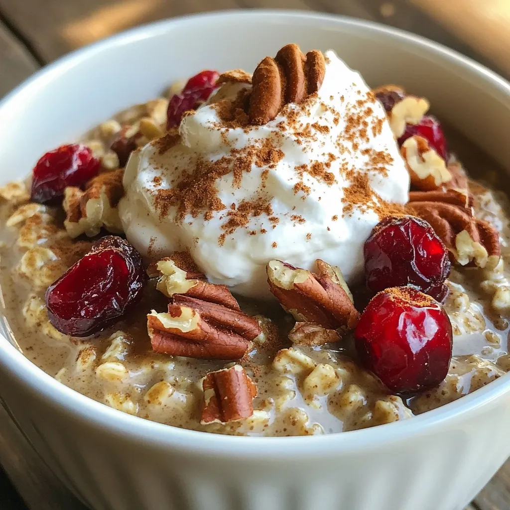 To make a warm bowl of gingerbread oatmeal, you need: - 1 cup rolled oats - 2 cups almond milk (or any milk of choice) - 1 tablespoon molasses - 1 teaspoon ground ginger - 1 teaspoon ground cinnamon - 1/2 teaspoon ground nutmeg - 1/4 teaspoon salt - 2 tablespoons maple syrup (or honey) - 1/4 cup chopped pecans or walnuts These ingredients create a cozy blend of flavors and nutrition. The rolled oats form the base. Almond milk gives it a creamy texture. Molasses adds a deep, rich sweetness that pairs well with the spices. You can take your gingerbread oatmeal to the next level. Consider these toppings: - Whipped coconut cream - Dried cranberries - Chopped nuts (pecans or walnuts) Adding whipped coconut cream gives it a light and fluffy feel. Dried cranberries offer a sweet and tart contrast. Chopped nuts add a crunchy texture and extra flavor. You can mix and match these toppings to find what you like best. {{ingredient_image_1}} 1. Combining ingredients in a saucepan Start by taking a medium saucepan. Add 1 cup of rolled oats. Pour in 2 cups of almond milk. Then, add 1 tablespoon of molasses. Next, sprinkle in 1 teaspoon of ground ginger, 1 teaspoon of ground cinnamon, 1/2 teaspoon of ground nutmeg, and 1/4 teaspoon of salt. Stir everything together until mixed well. 2. Cooking process: Boiling and simmering Place the saucepan over medium heat. Stir occasionally as the mixture heats up. Wait until it reaches a boil. Once boiling, reduce the heat to low. Let it simmer for about 5 minutes. Stir frequently to keep it from sticking. You know it’s done when the oats are soft and creamy. 1. Adding maple syrup and nuts After the cooking time, stir in 2 tablespoons of maple syrup. Then, fold in 1/4 cup of chopped pecans or walnuts. This adds a nice crunch and flavor. Let the mixture sit for a minute to thicken slightly. 2. Serving suggestions and presentation tips Serve the oatmeal warm in bowls. Top it with whipped coconut cream for a creamy finish. Add a sprinkle of cinnamon for extra flavor. You can also add a handful of dried cranberries or more nuts on top. This makes it look pretty and tasty! To make creamy oatmeal, use more liquid. I prefer almond milk, as it adds flavor. Start by boiling the oats in your chosen milk. Stir the oats often while cooking. This helps them cook evenly. If you don’t stir, the oats can stick to the pot. After boiling, reduce the heat and let it simmer. This step is key to getting that perfect creamy texture. Sweetness can be adjusted to your taste. If you like it sweeter, add more maple syrup or honey. You can also use less if you prefer a milder flavor. For toppings, think outside the box! Try whipped coconut cream for a nice touch. Dried cranberries add a tart bite. Chopped nuts bring a crunchy texture. Mix and match to find your favorite combo. Pro Tips Use Fresh Spices: For the best flavor, opt for freshly ground spices rather than pre-ground ones. Adjust Sweetness: Feel free to adjust the amount of maple syrup or honey based on your sweetness preference. Add More Texture: Consider adding seeds like chia or flaxseed for additional texture and nutrition. Make it Ahead: This oatmeal can be made ahead of time and reheated, making it a great quick breakfast option. {{image_2}} You can play with flavors to make your gingerbread oatmeal even more fun. - Pumpkin spice gingerbread oatmeal: Add 1/2 cup of pureed pumpkin. Mix it in with the oats and spices. This gives a warm, cozy taste. The pumpkin adds creaminess and nutrition. You can also add a pinch of cloves for extra flavor. - Chocolate gingerbread oatmeal: Stir in 2 tablespoons of cocoa powder. Mix it with the other ingredients. This twist gives a rich chocolate taste. It pairs well with the spices and brings a new level to the dish. You can easily adjust this recipe to fit your needs. - Gluten-free options: Use gluten-free rolled oats. They cook just like regular oats. Most brands offer gluten-free oats. Just check the label to be sure. - Vegan adaptations: Swap almond milk with any plant-based milk. You can use oat, soy, or coconut milk. For sweeteners, use maple syrup or agave nectar. Both work well in this creamy dish. To store leftover gingerbread oatmeal, let it cool first. Then, transfer it to an airtight container. Place the container in the fridge. Your oatmeal will stay fresh for about three days. If you want to keep it longer, consider freezing it. In the freezer, it can last for up to three months. Just remember to thaw it in the fridge before reheating. When it's time to enjoy your leftover gingerbread oatmeal, you have a few good options. The best way is to use the microwave. Place your oatmeal in a bowl, add a splash of milk to help it soften, and heat it for about one to two minutes. Stir halfway through to ensure even heating. You can also reheat it on the stove. Just add a little milk to a saucepan and warm it over low heat. Stir it often until it reaches your desired temperature. Enjoy your warm and cozy bowl again! Can I make gingerbread oatmeal in advance? Yes, you can make gingerbread oatmeal ahead of time. Cook the oats as the recipe says. After cooking, let it cool. Store it in the fridge for up to three days. To heat, just add a splash of milk and warm it on the stove or microwave. This saves time on busy mornings. What can I substitute for almond milk? If you don’t have almond milk, use regular milk or any plant milk. Options like oat milk, soy milk, or coconut milk work well. Each adds a different flavor, so choose what you like. Just make sure it’s unsweetened if you want to control the sweetness. How can I make this recipe healthier? You can make gingerbread oatmeal healthier by using less sweetener. Cut the maple syrup in half or use a sugar-free sweetener. You can also add more nuts or seeds for protein. Try adding some spinach or mashed banana for fiber and nutrients without changing the taste much. In this post, we explored gingerbread oatmeal, starting with essential ingredients like oats and spices. We covered step-by-step instructions for cooking and adding toppings. Tips also included customizations and cooking techniques. You can create variations like pumpkin spice or chocolate gingerbread oatmeal, and we discussed storage and reheating. Enjoying this dish can bring warmth and cheer to your mornings. With these simple steps, you can whip up this cozy treat anytime. Happy cooking!
