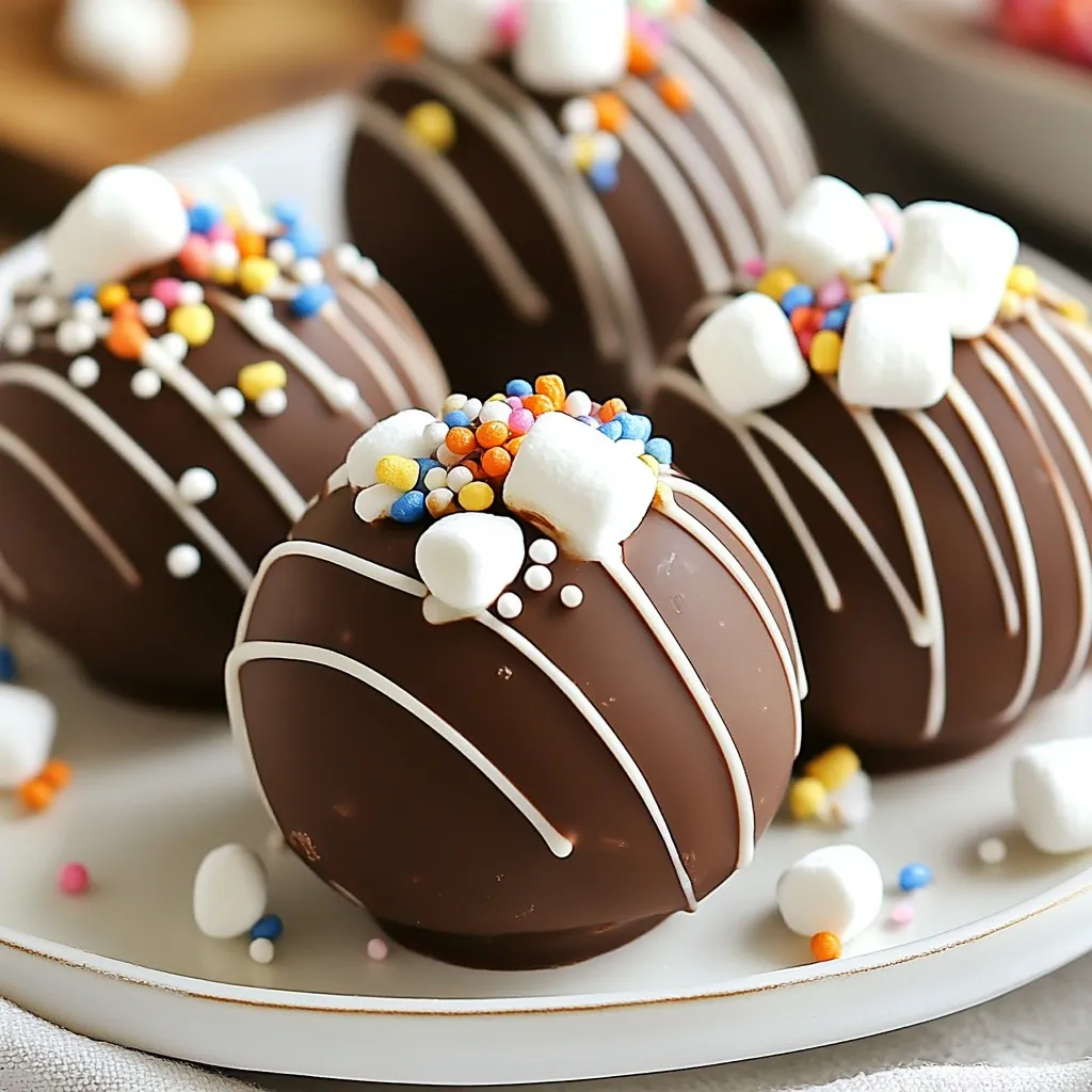 - 1 cup milk chocolate chips - 1 cup white chocolate chips - 1/2 cup cocoa powder The main ingredients are milk chocolate chips, white chocolate chips, and cocoa powder. The milk chocolate gives a sweet and creamy taste. White chocolate adds a smooth texture and sweetness. Cocoa powder brings rich chocolate flavor. These three ingredients make the base of your hot chocolate bombs. - 1/2 cup mini marshmallows - 1/4 cup sprinkles (optional) - 1/2 teaspoon vanilla extract You can add mini marshmallows for a fun touch. They pop out when the bomb melts. Sprinkles make your bombs look festive and fun. A dash of vanilla extract gives a warm and inviting flavor. These optional ingredients allow you to customize your hot chocolate bombs. Feel free to get creative and make them your own! {{ingredient_image_1}} To melt chocolate, use a microwave-safe bowl. Place the milk chocolate chips in the bowl. Heat them in 30-second bursts. Stir after each interval. This helps the chocolate melt evenly. Do not overheat; it can burn easily. Stirring keeps the chocolate smooth and glossy. This step is key for a great hot chocolate bomb. For mold preparation, use silicone molds. These molds make it easy to pop out the chocolate. Pour a tablespoon of melted chocolate into each mold half. Use a spoon to spread the chocolate evenly. Cover the inner sides well. Then, place the molds in the fridge for 10-15 minutes. This time sets the chocolate layers. To fill the chocolate shells, take one half of the shell. Add cocoa powder, mini marshmallows, and sprinkles. If you want, drizzle a bit of melted white chocolate on top. This will help seal the bomb. Next, take the other half of the shell. Press it gently onto the filled half. Use the melted white chocolate as glue to stick them together. Make sure they fit snugly for a great finish. To make hot chocolate bombs, I recommend using high-quality chocolate. Good brands like Ghirardelli or Callebaut work well. They melt smoothly and taste great. Avoid common mistakes. One mistake is overheating the chocolate. Always melt it slowly in short bursts. Stir often to keep it smooth. Another mistake is not making thick enough shells. A thin shell will break easily. Make sure to add enough layers of chocolate. Two layers are best for a sturdy shell. Make your hot chocolate bombs look special. You can use sprinkles or edible glitter for decoration. Try drizzling melted chocolate on top for a fancy touch. For a fun Instagram post, use colorful mugs. Show the bomb melting in hot milk with marshmallows popping out. Great lighting will make your pictures stand out. Share your creations with friends! Pro Tips Use Quality Chocolate: The better the chocolate, the tastier your hot chocolate bombs will be. Choose high-quality chocolate chips for the best flavor and texture. Chill the Molds: For easier removal, chill the silicone molds in the freezer for a few minutes before popping out the chocolate shells. This helps them release more easily. Customize Fillings: Feel free to get creative with the fillings! Add different flavors of cocoa powder, flavored syrups, or even crushed candies for a unique twist. Perfect Milk Temperature: When serving, make sure the milk is hot but not boiling. Pouring boiling milk can scorch the chocolate and affect the flavor. {{image_2}} You can spice up your hot chocolate bombs with fun flavors. Adding extracts can change everything. Try peppermint extract for a minty kick. Almond extract gives a sweet, nutty taste. Just use 1/4 teaspoon when you mix in the cocoa powder. Flavored cocoa powders also make a big difference. You can find options like caramel, mocha, or hazelnut. These powders add depth and make each bomb unique. Mix them with your cocoa powder for an exciting twist. Get creative with fillings! You can add different candies to your hot chocolate bombs. Try mini candy canes for a crunchy texture. Or use chocolate chips for extra richness. Toppings and mix-ins can really impress. I love adding whipped cream or more mini marshmallows on top after you pour hot milk over the bomb. You can even sprinkle crushed cookies or nuts for a delightful crunch. The more you mix and match, the more fun your hot chocolate bombs become! To keep your hot chocolate bombs fresh, store them in a cool, dry place. Use an airtight container to prevent moisture. This helps keep the chocolate firm and the marshmallows fluffy. You can also place parchment paper between layers to avoid sticking. If you plan to store them long-term, consider the fridge. Just remember to seal them well. Wrap them in plastic wrap and place them in a container. This will keep them fresh for longer. Homemade hot chocolate bombs last about two weeks at room temperature. If you store them in the fridge, they can last up to a month. Check for any changes in smell or texture. If the chocolate looks dull or feels sticky, it may be spoiled. Also, watch for any signs of mold, especially on the marshmallows. Always trust your senses; if it seems off, it's best to toss it. Hot chocolate bombs are fun treats that combine chocolate and cocoa. They look like round balls and are often filled with cocoa powder, marshmallows, and sometimes sprinkles. When you pour hot milk over them, they explode with flavor! You get a rich hot chocolate with a fun surprise inside. They make cold days cozy and bright. Yes, you can make hot chocolate bombs ahead of time! Here are my tips: - Store them in an airtight container. - Keep them in a cool, dry place. - They can last up to two weeks, so you can enjoy them anytime! This is perfect for holiday gifts or a cozy night in. You can use dark chocolate instead of milk chocolate! Dark chocolate gives a richer and deeper flavor. It also has less sugar, which some people like. Try it if you want a bolder taste in your hot chocolate bomb. You can mix and match chocolate types to find your favorite! You learned about making hot chocolate bombs, from choosing ingredients to storing them. Use milk and white chocolate chips for a tasty treat. Melt chocolate gently and stir well to avoid clumping. Fill and seal them nicely for the best results. Personalize with fun flavors and creative designs. Store them properly to enjoy later. Now you can impress family and friends with delightful drinks. Hot chocolate bombs are fun to make and even more fun to share! Enjoy your crafting and delicious treats!