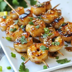 - 1 pound large shrimp, peeled and deveined - 1/4 cup honey - 1/4 cup low sodium soy sauce - 3 cloves garlic, minced - 1 tablespoon fresh ginger, grated - 2 tablespoons olive oil - 1 tablespoon sesame seeds - 1/4 teaspoon red pepper flakes (optional) - Salt and pepper to taste - Fresh cilantro or green onions for garnish - Skewers (wooden or metal) The first step is gathering all your ingredients. Start with one pound of large shrimp. Make sure they are peeled and deveined. This saves time and makes cooking easier. Next, you will need a quarter cup of honey. This adds a sweet touch. Then, grab a quarter cup of low sodium soy sauce. This will add depth and umami flavor. Three cloves of minced garlic bring a strong scent. You also need one tablespoon of fresh ginger, grated. It adds warmth and spice. Next, two tablespoons of olive oil help to keep the shrimp moist. One tablespoon of sesame seeds adds a nice crunch. If you want some heat, add a quarter teaspoon of red pepper flakes. Don't forget salt and pepper to taste. Finally, you'll need fresh cilantro or green onions for garnish. Skewers, either wooden or metal, will hold the shrimp. Gather these items, and you are ready to start cooking! {{ingredient_image_1}} To start, grab a mixing bowl. Add 1/4 cup of honey and 1/4 cup of low sodium soy sauce. Next, toss in 3 cloves of minced garlic and 1 tablespoon of fresh grated ginger. Don't forget 2 tablespoons of olive oil and 1 tablespoon of sesame seeds. If you like a kick, add 1/4 teaspoon of red pepper flakes. Finally, season with salt and pepper to taste. Whisk it all together until it is smooth and well mixed. Now, take your 1 pound of peeled and deveined large shrimp. Place them in the bowl with the marinade. Make sure each shrimp gets a nice coat of the sauce. Cover the bowl with plastic wrap and set it in the fridge. Let the shrimp marinate for about 30 minutes. This helps to soak up all the great flavors. While your shrimp marinates, prepare your grill or grill pan. Preheat it to medium-high heat. If you are using wooden skewers, soak them in water for 30 minutes. This step helps to prevent burning. Once ready, thread 4-5 shrimp onto each skewer. Make sure to space them out for even cooking. When the grill is hot, place the skewers on it. Cook for 2-3 minutes on one side, then flip them over. Cook for another 2-3 minutes until the shrimp are pink and fully cooked. Once done, remove the skewers from the grill and let them sit for a minute before serving. When picking shrimp, look for large, fresh ones. They should smell like the ocean, not fishy. Check for a firm texture and a shiny appearance. Deveining and peeling the shrimp is key. This step removes the dark vein, making the shrimp cleaner and better tasting. You can easily adjust the sweetness or spiciness of your marinade. If you want it sweeter, add more honey. For heat, toss in extra red pepper flakes. You can also enhance the flavor with fresh lime juice or herbs like cilantro. These small changes can make a big impact. To avoid overcooking shrimp, keep a close eye on them. Cook until they turn pink and opaque, about 2-3 minutes per side. To check for doneness, cut one shrimp in half. If it’s opaque all the way through, it’s ready. Perfect shrimp should be juicy, not rubbery. Pro Tips Marinating Time: Allow the shrimp to marinate for at least 30 minutes to maximize flavor absorption. Skewer Preparation: If using wooden skewers, soak them in water for 30 minutes beforehand to prevent burning on the grill. Cooking Temperature: Ensure your grill is preheated to medium-high heat for even cooking and to achieve a nice char on the shrimp. Serving Suggestion: Garnish with fresh cilantro or green onions for an added burst of flavor and color when serving. {{image_2}} You can swap shrimp for chicken or tofu. Both options work well. For chicken, use boneless, skinless breast pieces. Cut them into bite-sized chunks. Marinate them the same way as shrimp. For tofu, firm tofu is best. Press it to remove water. Then, cut it into cubes. Marinate it for about 20 minutes. Grilling chicken or tofu gives a smoky flavor, just like shrimp. You can change the flavor with citrus or herbs. Try adding lemon or lime juice to the marinade. This adds a bright and fresh taste. Fresh herbs like basil or parsley also bring a new twist. You can even mix different sauces. Swap soy sauce for teriyaki or sweet chili sauce. Each option gives a unique flavor to the skewers. You don’t have to use just shrimp on skewers. You can mix veggies with proteins. Bell peppers, zucchini, and cherry tomatoes work great. If you want a meatless option, use only vegetables. For skewers, you can use wooden or metal. If using wooden skewers, soak them first. This helps prevent burning on the grill. Mixing ingredients on skewers creates fun and tasty bites. To keep your honey garlic shrimp skewers fresh, place leftovers in an airtight container. Store them in the fridge for up to 2 days. For best flavor, do not stack the skewers. If you want to freeze marinated shrimp, place them in a freezer-safe bag. Remove as much air as possible to prevent freezer burn. You can freeze them for up to 3 months. Defrost in the fridge overnight before cooking. To reheat skewers, you can use the oven or a skillet. Preheat your oven to 350°F (175°C). Place the skewers on a baking sheet, cover with foil, and heat for about 10 minutes. If using a skillet, add a small amount of oil over medium heat. Heat the skewers for 3-4 minutes on each side, just until warmed. This method keeps the shrimp juicy and prevents drying out. Raw shrimp can last in the fridge for 1-2 days. Cooked shrimp is safe for 3-4 days when stored properly. Marinade ingredients like honey and soy sauce have a long shelf life. Once mixed, use the marinade within a week. Always check for spoilage before using any ingredients. You can serve honey garlic shrimp skewers with many tasty sides. Here are some great ideas: - Steamed rice or jasmine rice - Quinoa or couscous - Roasted vegetables like bell peppers and zucchini - A fresh green salad with vinaigrette - Grilled corn on the cob - Garlic bread for a crunchy bite These sides bring balance and flavor to the shrimp. They also add color to your plate. Yes, you can prepare honey garlic shrimp skewers in advance. Here are helpful tips: - Marinate the shrimp for up to two hours in the fridge. - If you want to prep earlier, you can marinate and freeze the shrimp. - Just thaw them in the fridge overnight before cooking. - You can thread the shrimp onto skewers ahead of time. This way, you save time when you are ready to cook. You can use either wooden or metal skewers for your shrimp. Here’s a quick comparison: - Wooden skewers: - Soak them in water for 30 minutes. - They are cheap and easy to find. - They may burn if not soaked. - Metal skewers: - No soaking needed. - They can handle high heat well. - They may get hot, so be careful! Choose the type you prefer based on your cooking style. This blog post covered all you need to know about making honey garlic shrimp skewers. You learned the key ingredients, step-by-step instructions, and useful tips. We discussed variations with proteins and flavors and how to store leftovers properly. Remember, using fresh shrimp and a good marinade is key to great taste. With a few simple steps, you can enjoy a delicious meal that will impress anyone. Now, go ahead and create your own tasty skewers!