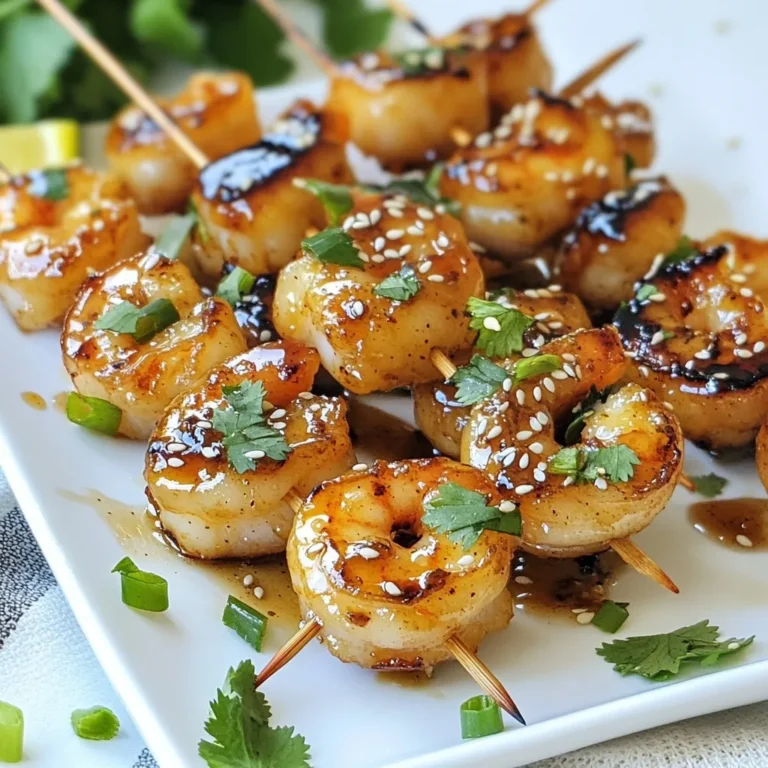 - 1 pound large shrimp, peeled and deveined - 1/4 cup honey - 1/4 cup low sodium soy sauce - 3 cloves garlic, minced - 1 tablespoon fresh ginger, grated - 2 tablespoons olive oil - 1 tablespoon sesame seeds - 1/4 teaspoon red pepper flakes (optional) - Salt and pepper to taste - Fresh cilantro or green onions for garnish - Skewers (wooden or metal) The first step is gathering all your ingredients. Start with one pound of large shrimp. Make sure they are peeled and deveined. This saves time and makes cooking easier. Next, you will need a quarter cup of honey. This adds a sweet touch. Then, grab a quarter cup of low sodium soy sauce. This will add depth and umami flavor. Three cloves of minced garlic bring a strong scent. You also need one tablespoon of fresh ginger, grated. It adds warmth and spice. Next, two tablespoons of olive oil help to keep the shrimp moist. One tablespoon of sesame seeds adds a nice crunch. If you want some heat, add a quarter teaspoon of red pepper flakes. Don't forget salt and pepper to taste. Finally, you'll need fresh cilantro or green onions for garnish. Skewers, either wooden or metal, will hold the shrimp. Gather these items, and you are ready to start cooking! {{ingredient_image_1}} To start, grab a mixing bowl. Add 1/4 cup of honey and 1/4 cup of low sodium soy sauce. Next, toss in 3 cloves of minced garlic and 1 tablespoon of fresh grated ginger. Don't forget 2 tablespoons of olive oil and 1 tablespoon of sesame seeds. If you like a kick, add 1/4 teaspoon of red pepper flakes. Finally, season with salt and pepper to taste. Whisk it all together until it is smooth and well mixed. Now, take your 1 pound of peeled and deveined large shrimp. Place them in the bowl with the marinade. Make sure each shrimp gets a nice coat of the sauce. Cover the bowl with plastic wrap and set it in the fridge. Let the shrimp marinate for about 30 minutes. This helps to soak up all the great flavors. While your shrimp marinates, prepare your grill or grill pan. Preheat it to medium-high heat. If you are using wooden skewers, soak them in water for 30 minutes. This step helps to prevent burning. Once ready, thread 4-5 shrimp onto each skewer. Make sure to space them out for even cooking. When the grill is hot, place the skewers on it. Cook for 2-3 minutes on one side, then flip them over. Cook for another 2-3 minutes until the shrimp are pink and fully cooked. Once done, remove the skewers from the grill and let them sit for a minute before serving. When picking shrimp, look for large, fresh ones. They should smell like the ocean, not fishy. Check for a firm texture and a shiny appearance. Deveining and peeling the shrimp is key. This step removes the dark vein, making the shrimp cleaner and better tasting. You can easily adjust the sweetness or spiciness of your marinade. If you want it sweeter, add more honey. For heat, toss in extra red pepper flakes. You can also enhance the flavor with fresh lime juice or herbs like cilantro. These small changes can make a big impact. To avoid overcooking shrimp, keep a close eye on them. Cook until they turn pink and opaque, about 2-3 minutes per side. To check for doneness, cut one shrimp in half. If it’s opaque all the way through, it’s ready. Perfect shrimp should be juicy, not rubbery. Pro Tips Marinating Time: Allow the shrimp to marinate for at least 30 minutes to maximize flavor absorption. Skewer Preparation: If using wooden skewers, soak them in water for 30 minutes beforehand to prevent burning on the grill. Cooking Temperature: Ensure your grill is preheated to medium-high heat for even cooking and to achieve a nice char on the shrimp. Serving Suggestion: Garnish with fresh cilantro or green onions for an added burst of flavor and color when serving. {{image_2}} You can swap shrimp for chicken or tofu. Both options work well. For chicken, use boneless, skinless breast pieces. Cut them into bite-sized chunks. Marinate them the same way as shrimp. For tofu, firm tofu is best. Press it to remove water. Then, cut it into cubes. Marinate it for about 20 minutes. Grilling chicken or tofu gives a smoky flavor, just like shrimp. You can change the flavor with citrus or herbs. Try adding lemon or lime juice to the marinade. This adds a bright and fresh taste. Fresh herbs like basil or parsley also bring a new twist. You can even mix different sauces. Swap soy sauce for teriyaki or sweet chili sauce. Each option gives a unique flavor to the skewers. You don’t have to use just shrimp on skewers. You can mix veggies with proteins. Bell peppers, zucchini, and cherry tomatoes work great. If you want a meatless option, use only vegetables. For skewers, you can use wooden or metal. If using wooden skewers, soak them first. This helps prevent burning on the grill. Mixing ingredients on skewers creates fun and tasty bites. To keep your honey garlic shrimp skewers fresh, place leftovers in an airtight container. Store them in the fridge for up to 2 days. For best flavor, do not stack the skewers. If you want to freeze marinated shrimp, place them in a freezer-safe bag. Remove as much air as possible to prevent freezer burn. You can freeze them for up to 3 months. Defrost in the fridge overnight before cooking. To reheat skewers, you can use the oven or a skillet. Preheat your oven to 350°F (175°C). Place the skewers on a baking sheet, cover with foil, and heat for about 10 minutes. If using a skillet, add a small amount of oil over medium heat. Heat the skewers for 3-4 minutes on each side, just until warmed. This method keeps the shrimp juicy and prevents drying out. Raw shrimp can last in the fridge for 1-2 days. Cooked shrimp is safe for 3-4 days when stored properly. Marinade ingredients like honey and soy sauce have a long shelf life. Once mixed, use the marinade within a week. Always check for spoilage before using any ingredients. You can serve honey garlic shrimp skewers with many tasty sides. Here are some great ideas: - Steamed rice or jasmine rice - Quinoa or couscous - Roasted vegetables like bell peppers and zucchini - A fresh green salad with vinaigrette - Grilled corn on the cob - Garlic bread for a crunchy bite These sides bring balance and flavor to the shrimp. They also add color to your plate. Yes, you can prepare honey garlic shrimp skewers in advance. Here are helpful tips: - Marinate the shrimp for up to two hours in the fridge. - If you want to prep earlier, you can marinate and freeze the shrimp. - Just thaw them in the fridge overnight before cooking. - You can thread the shrimp onto skewers ahead of time. This way, you save time when you are ready to cook. You can use either wooden or metal skewers for your shrimp. Here’s a quick comparison: - Wooden skewers: - Soak them in water for 30 minutes. - They are cheap and easy to find. - They may burn if not soaked. - Metal skewers: - No soaking needed. - They can handle high heat well. - They may get hot, so be careful! Choose the type you prefer based on your cooking style. This blog post covered all you need to know about making honey garlic shrimp skewers. You learned the key ingredients, step-by-step instructions, and useful tips. We discussed variations with proteins and flavors and how to store leftovers properly. Remember, using fresh shrimp and a good marinade is key to great taste. With a few simple steps, you can enjoy a delicious meal that will impress anyone. Now, go ahead and create your own tasty skewers!