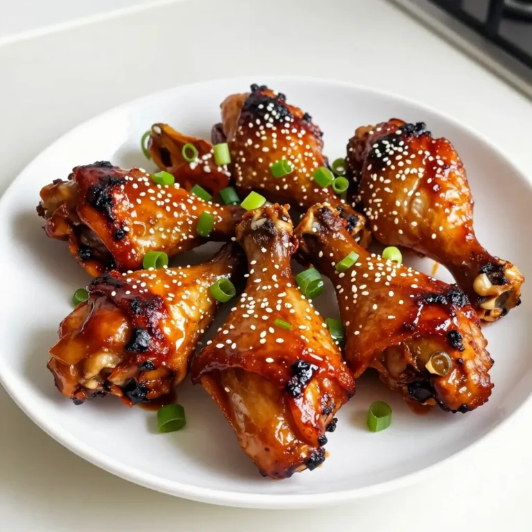 - 10 chicken drumsticks - 1/2 cup soy sauce (low sodium) - 1/4 cup honey - 2 tablespoons rice vinegar - 2 tablespoons sesame oil - 3 cloves garlic, minced - 1 tablespoon fresh ginger, grated - 1 teaspoon cornstarch - 1 tablespoon water - 2 green onions, sliced (for garnish) - Sesame seeds (for garnish) These ingredients create a sweet and savory flavor. The soy sauce gives a rich taste. Honey adds a nice sweetness. Rice vinegar balances the flavors. Sesame oil offers a nutty aroma. Garlic and ginger bring freshness and depth. If you prefer a healthier option, use coconut aminos instead of soy sauce. This swap lowers the sodium. You can also replace honey with maple syrup for a vegan option. If you want gluten-free, ensure all sauces are certified gluten-free. To make this dish, gather these tools: - Baking sheet - Aluminum foil - Mixing bowls - Whisk - Zip-top bag (optional) - Brush for glazing These tools make cooking easier. They help with prep and cleanup. Using a baking sheet lined with foil saves time. A whisk blends the sauce well. A zip-top bag helps coat the chicken evenly. {{ingredient_image_1}} First, you need to preheat your oven to 400°F (200°C). This step is crucial for even cooking. While the oven warms up, grab a baking sheet and line it with aluminum foil. This makes cleanup much easier later. You want to make sure the foil covers the entire sheet. Now it's time to whip up the teriyaki sauce. In a medium bowl, combine 1/2 cup of low-sodium soy sauce, 1/4 cup of honey, 2 tablespoons of rice vinegar, and 2 tablespoons of sesame oil. Add 3 minced garlic cloves and 1 tablespoon of grated fresh ginger for a flavor boost. Whisk everything together until it’s smooth and well mixed. This sauce will be the star of your dish! To thicken the sauce, mix 1 teaspoon of cornstarch with 1 tablespoon of water in a small bowl. Stir this blend into your teriyaki sauce. This helps create a nice glaze when you bake the chicken. Next, let’s prep the chicken. Take 10 chicken drumsticks and pat them dry with paper towels. This helps the sauce stick better. Place the drumsticks in a large bowl or a zip-top bag. Pour half of your teriyaki sauce over the chicken. Be sure to save the other half for later. Toss the drumsticks until they are well coated in the sauce. Now, arrange the coated drumsticks on your prepared baking sheet. Make sure they are spaced out and not touching. This helps them cook evenly. Bake them in the oven for 30 minutes. After 30 minutes, take the drumsticks out. Brush them with the reserved teriyaki sauce. Turn them over and brush the other side too. Put them back in the oven for another 15 to 20 minutes. The chicken is ready when it reaches an internal temperature of 165°F (75°C) and the skin is nicely caramelized. Once done, let the chicken rest for a few minutes. This helps keep the juices inside. Before serving, sprinkle sliced green onions and sesame seeds on top for that extra touch! To get a shiny glaze on your chicken drumsticks, use the reserved teriyaki sauce. After the first bake, brush it on the chicken. Turn the drumsticks over and brush the other side too. This step adds flavor and gives the chicken a nice shine. For juicy drumsticks, start with fresh chicken. Pat the drumsticks dry before marinating. This helps the sauce stick better. Bake them at 400°F (200°C) to lock in moisture. Let them rest for a few minutes after baking. This allows the juices to settle, making each bite tender. Always cook chicken to an internal temperature of 165°F (75°C). Use a meat thermometer for accuracy. Bake at 400°F for the best results. This temperature gives you crispy skin and juicy meat. If you want extra caramelization, you can raise the heat for the last few minutes. Pro Tips Marinate for Maximum Flavor: Allow the chicken drumsticks to marinate in the teriyaki sauce for at least 30 minutes, or ideally overnight, for deeper flavor penetration. Use a Meat Thermometer: To ensure the chicken is perfectly cooked, use a meat thermometer to check that the internal temperature reaches 165°F (75°C). Broil for Extra Crispiness: For an extra crispy skin, switch to broil mode for the last 2-3 minutes of cooking, keeping a close eye to prevent burning. Customize Your Sauce: Feel free to add your favorite spices or a splash of sriracha to the teriyaki sauce for an added kick of heat and flavor. {{image_2}} To make spicy teriyaki chicken drumsticks, add sriracha or chili paste to the sauce. Start with one tablespoon and taste. You can always add more heat. This adds a fun kick to the sweet teriyaki flavor. It’s a great choice for those who enjoy spicy food. Simply mix the spice into the teriyaki sauce before coating the chicken. For a fruity twist, try pineapple teriyaki chicken drumsticks. Add one cup of crushed pineapple to the sauce. This not only adds sweetness but also a tropical flavor. You can use fresh or canned pineapple. If using canned, drain it first. This version is perfect for summer barbecues or when you want a taste of the tropics. While baking is easy, grilling adds a smoky flavor to your drumsticks. If you grill, preheat your grill to medium heat. Place the drumsticks on the grill for about 20-25 minutes. Make sure to turn them often and baste with teriyaki sauce. This method gives you crispy skin and a nice char. Choose whichever method fits your time and taste! To keep your baked teriyaki chicken drumsticks fresh, store them right. First, let the drumsticks cool down. Then, place them in an airtight container. If you do not have one, wrap them tightly in plastic wrap. Make sure to keep them in the fridge. They will last for about three to four days. Label the container with the date. This way, you can track how long they have been stored. When reheating drumsticks, you want to keep them juicy and tasty. The best way is to use the oven. Preheat your oven to 350°F (175°C). Place the drumsticks on a baking sheet. Cover them with foil to retain moisture. Heat for about 15 to 20 minutes. If you want a crispy skin, remove the foil for the last few minutes. You can also reheat them in the microwave. Use a microwave-safe dish and cover it with a damp paper towel. Heat in short bursts, checking often to avoid drying out. Freezing is a great option for longer storage. Start by letting the drumsticks cool completely. Next, wrap each drumstick tightly in plastic wrap. Then, place them in a freezer-safe bag or container. Make sure to remove as much air as possible. Label the bag with the date. These drumsticks can last up to three months in the freezer. To use, thaw them in the fridge overnight before reheating. This method keeps the flavor intact while maintaining a great texture. You bake chicken drumsticks for about 45 to 50 minutes. First, bake them for 30 minutes at 400°F (200°C). Then, flip them and brush on more sauce. Bake for another 15 to 20 minutes. Always check the internal temperature. It should be 165°F (75°C) for safe eating. Yes, you can make teriyaki sauce from scratch. It’s easy and quick! You need soy sauce, honey, rice vinegar, sesame oil, garlic, and ginger. Mix these ingredients in a bowl. If you want it thicker, add cornstarch mixed with water. This adds a nice, glossy finish to your dish. Teriyaki chicken goes great with many side dishes. Here are a few tasty options: - Steamed white rice or brown rice - Stir-fried vegetables like broccoli and bell peppers - Asian-style slaw with sesame dressing - Cucumber salad for a refreshing crunch - Grilled corn on the cob for sweetness Try these sides for a complete meal! In this blog post, we explored how to make baked teriyaki chicken drumsticks. We covered key ingredients, alternative options, and essential cooking tools. I shared step-by-step instructions, tips for a perfect glaze, and ways to ensure juicy drumsticks. We also looked at tasty variations, storage methods, and answered common questions. Cooking can be fun and easy. With these tips, you can make a flavor-packed dish that everyone will love. Enjoy your cooking journey and experiment to find your favorite twist on teriyaki!