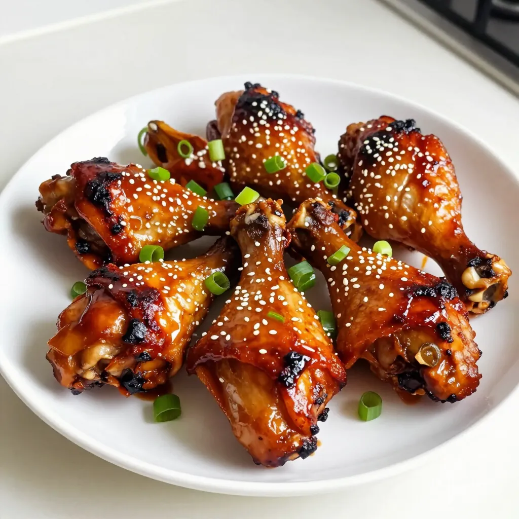 - 10 chicken drumsticks - 1/2 cup soy sauce (low sodium) - 1/4 cup honey - 2 tablespoons rice vinegar - 2 tablespoons sesame oil - 3 cloves garlic, minced - 1 tablespoon fresh ginger, grated - 1 teaspoon cornstarch - 1 tablespoon water - 2 green onions, sliced (for garnish) - Sesame seeds (for garnish) These ingredients create a sweet and savory flavor. The soy sauce gives a rich taste. Honey adds a nice sweetness. Rice vinegar balances the flavors. Sesame oil offers a nutty aroma. Garlic and ginger bring freshness and depth. If you prefer a healthier option, use coconut aminos instead of soy sauce. This swap lowers the sodium. You can also replace honey with maple syrup for a vegan option. If you want gluten-free, ensure all sauces are certified gluten-free. To make this dish, gather these tools: - Baking sheet - Aluminum foil - Mixing bowls - Whisk - Zip-top bag (optional) - Brush for glazing These tools make cooking easier. They help with prep and cleanup. Using a baking sheet lined with foil saves time. A whisk blends the sauce well. A zip-top bag helps coat the chicken evenly. {{ingredient_image_1}} First, you need to preheat your oven to 400°F (200°C). This step is crucial for even cooking. While the oven warms up, grab a baking sheet and line it with aluminum foil. This makes cleanup much easier later. You want to make sure the foil covers the entire sheet. Now it's time to whip up the teriyaki sauce. In a medium bowl, combine 1/2 cup of low-sodium soy sauce, 1/4 cup of honey, 2 tablespoons of rice vinegar, and 2 tablespoons of sesame oil. Add 3 minced garlic cloves and 1 tablespoon of grated fresh ginger for a flavor boost. Whisk everything together until it’s smooth and well mixed. This sauce will be the star of your dish! To thicken the sauce, mix 1 teaspoon of cornstarch with 1 tablespoon of water in a small bowl. Stir this blend into your teriyaki sauce. This helps create a nice glaze when you bake the chicken. Next, let’s prep the chicken. Take 10 chicken drumsticks and pat them dry with paper towels. This helps the sauce stick better. Place the drumsticks in a large bowl or a zip-top bag. Pour half of your teriyaki sauce over the chicken. Be sure to save the other half for later. Toss the drumsticks until they are well coated in the sauce. Now, arrange the coated drumsticks on your prepared baking sheet. Make sure they are spaced out and not touching. This helps them cook evenly. Bake them in the oven for 30 minutes. After 30 minutes, take the drumsticks out. Brush them with the reserved teriyaki sauce. Turn them over and brush the other side too. Put them back in the oven for another 15 to 20 minutes. The chicken is ready when it reaches an internal temperature of 165°F (75°C) and the skin is nicely caramelized. Once done, let the chicken rest for a few minutes. This helps keep the juices inside. Before serving, sprinkle sliced green onions and sesame seeds on top for that extra touch! To get a shiny glaze on your chicken drumsticks, use the reserved teriyaki sauce. After the first bake, brush it on the chicken. Turn the drumsticks over and brush the other side too. This step adds flavor and gives the chicken a nice shine. For juicy drumsticks, start with fresh chicken. Pat the drumsticks dry before marinating. This helps the sauce stick better. Bake them at 400°F (200°C) to lock in moisture. Let them rest for a few minutes after baking. This allows the juices to settle, making each bite tender. Always cook chicken to an internal temperature of 165°F (75°C). Use a meat thermometer for accuracy. Bake at 400°F for the best results. This temperature gives you crispy skin and juicy meat. If you want extra caramelization, you can raise the heat for the last few minutes. Pro Tips Marinate for Maximum Flavor: Allow the chicken drumsticks to marinate in the teriyaki sauce for at least 30 minutes, or ideally overnight, for deeper flavor penetration. Use a Meat Thermometer: To ensure the chicken is perfectly cooked, use a meat thermometer to check that the internal temperature reaches 165°F (75°C). Broil for Extra Crispiness: For an extra crispy skin, switch to broil mode for the last 2-3 minutes of cooking, keeping a close eye to prevent burning. Customize Your Sauce: Feel free to add your favorite spices or a splash of sriracha to the teriyaki sauce for an added kick of heat and flavor. {{image_2}} To make spicy teriyaki chicken drumsticks, add sriracha or chili paste to the sauce. Start with one tablespoon and taste. You can always add more heat. This adds a fun kick to the sweet teriyaki flavor. It’s a great choice for those who enjoy spicy food. Simply mix the spice into the teriyaki sauce before coating the chicken. For a fruity twist, try pineapple teriyaki chicken drumsticks. Add one cup of crushed pineapple to the sauce. This not only adds sweetness but also a tropical flavor. You can use fresh or canned pineapple. If using canned, drain it first. This version is perfect for summer barbecues or when you want a taste of the tropics. While baking is easy, grilling adds a smoky flavor to your drumsticks. If you grill, preheat your grill to medium heat. Place the drumsticks on the grill for about 20-25 minutes. Make sure to turn them often and baste with teriyaki sauce. This method gives you crispy skin and a nice char. Choose whichever method fits your time and taste! To keep your baked teriyaki chicken drumsticks fresh, store them right. First, let the drumsticks cool down. Then, place them in an airtight container. If you do not have one, wrap them tightly in plastic wrap. Make sure to keep them in the fridge. They will last for about three to four days. Label the container with the date. This way, you can track how long they have been stored. When reheating drumsticks, you want to keep them juicy and tasty. The best way is to use the oven. Preheat your oven to 350°F (175°C). Place the drumsticks on a baking sheet. Cover them with foil to retain moisture. Heat for about 15 to 20 minutes. If you want a crispy skin, remove the foil for the last few minutes. You can also reheat them in the microwave. Use a microwave-safe dish and cover it with a damp paper towel. Heat in short bursts, checking often to avoid drying out. Freezing is a great option for longer storage. Start by letting the drumsticks cool completely. Next, wrap each drumstick tightly in plastic wrap. Then, place them in a freezer-safe bag or container. Make sure to remove as much air as possible. Label the bag with the date. These drumsticks can last up to three months in the freezer. To use, thaw them in the fridge overnight before reheating. This method keeps the flavor intact while maintaining a great texture. You bake chicken drumsticks for about 45 to 50 minutes. First, bake them for 30 minutes at 400°F (200°C). Then, flip them and brush on more sauce. Bake for another 15 to 20 minutes. Always check the internal temperature. It should be 165°F (75°C) for safe eating. Yes, you can make teriyaki sauce from scratch. It’s easy and quick! You need soy sauce, honey, rice vinegar, sesame oil, garlic, and ginger. Mix these ingredients in a bowl. If you want it thicker, add cornstarch mixed with water. This adds a nice, glossy finish to your dish. Teriyaki chicken goes great with many side dishes. Here are a few tasty options: - Steamed white rice or brown rice - Stir-fried vegetables like broccoli and bell peppers - Asian-style slaw with sesame dressing - Cucumber salad for a refreshing crunch - Grilled corn on the cob for sweetness Try these sides for a complete meal! In this blog post, we explored how to make baked teriyaki chicken drumsticks. We covered key ingredients, alternative options, and essential cooking tools. I shared step-by-step instructions, tips for a perfect glaze, and ways to ensure juicy drumsticks. We also looked at tasty variations, storage methods, and answered common questions. Cooking can be fun and easy. With these tips, you can make a flavor-packed dish that everyone will love. Enjoy your cooking journey and experiment to find your favorite twist on teriyaki!