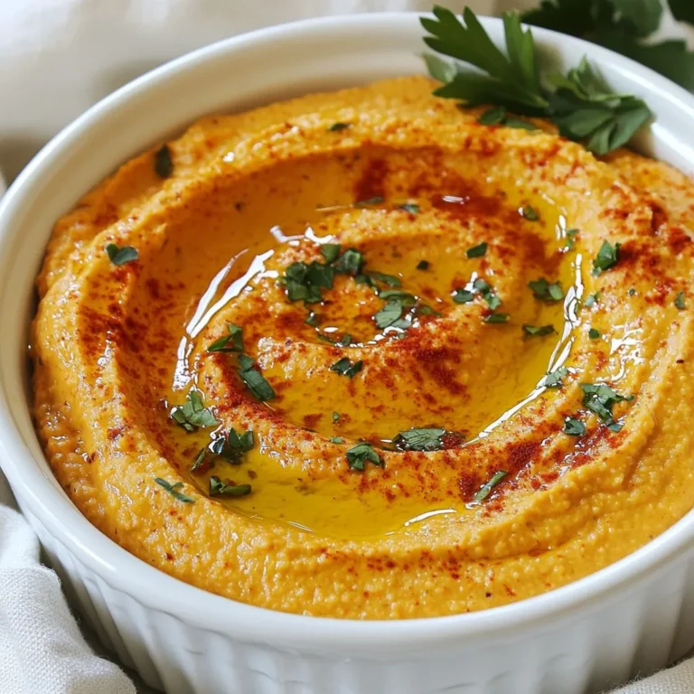 To make roasted red pepper hummus, gather these ingredients: - 1 can (15 oz) chickpeas, drained and rinsed - 1 large roasted red pepper (homemade or store-bought) - 2 tablespoons tahini - 2 tablespoons olive oil - 2 tablespoons lemon juice - 1 clove garlic, minced - 1/2 teaspoon ground cumin - Salt and pepper to taste - Water (as needed for consistency) Using fresh and high-quality ingredients makes a big difference. I like organic chickpeas for better taste and nutrition. Roasting your own red pepper adds a smoky flavor. If you buy it, check for good quality. Always choose pure tahini with no additives. Use extra virgin olive oil for the best flavor. Fresh garlic gives a nice kick. For lemon juice, fresh is best, but bottled works in a pinch. Garnishes can elevate your dish. I recommend a drizzle of olive oil on top. A sprinkle of paprika adds color and flavor. Fresh parsley brings a nice touch and freshness. You can also try roasted seeds or nuts for crunch. These garnishes make your hummus look as good as it tastes. {{ingredient_image_1}} To make roasted red pepper hummus, start with the chickpeas. Take one can of chickpeas and drain them well. Rinse the chickpeas under cold water to remove any canning liquid. Next, grab your roasted red pepper. You can buy it or make your own. Cut the pepper into smaller pieces for easier blending. In a food processor, add the rinsed chickpeas, roasted red pepper, tahini, olive oil, lemon juice, minced garlic, and ground cumin. Make sure every ingredient is in there. This mix will give your hummus its rich flavor. Now, it’s time to blend. Start the food processor and let it run. You want the mixture to become smooth and creamy. If you notice pieces stuck on the sides, stop the processor. Use a spatula to scrape those bits down. Then, continue blending. If your hummus feels thick, don’t worry! This is where water comes in. Add water slowly, one tablespoon at a time. Blend after each addition to see how it changes. Keep blending until you reach the texture you want. You want it smooth, but not too runny. Once you like the consistency, taste it. Season with salt and pepper to your liking. Adjust the flavors if you need to. After that, transfer your hummus to a serving bowl. It’s ready to enjoy! When making roasted red pepper hummus, avoid over-blending. This can make it too runny. If you add too much water, it won't be thick and creamy. Also, don’t skip the tahini. It adds a rich taste. Lastly, be careful with salt. Always taste before serving. To boost the flavor, try adding a pinch of smoked paprika. It gives a warm, smoky note. You can also add a splash of balsamic vinegar for a tangy twist. Fresh herbs like cilantro or basil can brighten the taste. Experiment with these to find your favorite mix. Serve hummus with fresh veggies like carrots, cucumbers, or bell peppers. Pita chips are a great crunchy match. For a fun twist, spread it on sandwiches or wraps. You can even use it as a dip for grilled meats. This dip is perfect for parties or as a snack! Pro Tips Use Fresh Ingredients: For the best flavor, opt for fresh or high-quality canned chickpeas and roasted red peppers. Adjust Consistency: If your hummus is too thick, gradually add more water until you reach your preferred creaminess. Flavor Variations: Experiment with adding spices like smoked paprika or cayenne for an extra kick. Storage Tips: Store leftover hummus in an airtight container in the fridge, and it should last for up to a week. {{image_2}} To make spicy roasted red pepper hummus, add 1-2 jalapeños. You can use fresh or roasted ones. Blend them with the chickpeas and other ingredients. Adjust the heat by tasting as you blend. This spicy twist gives a nice kick to the classic flavor. For a fresh herbal taste, try adding fresh herbs. Basil, cilantro, or dill work well. Just a handful goes a long way. Blend them in with the other ingredients. This makes the hummus bright and refreshing. You can also experiment with flavors. Try sun-dried tomatoes for a tangy taste. Or add roasted garlic for a sweeter flavor. Smoked paprika gives a rich, smoky note. Each variation adds its own unique twist. Enjoy creating your perfect hummus! Store your roasted red pepper hummus in an airtight container. This keeps it fresh. Make sure to cover the surface with a thin layer of olive oil. This helps to seal in moisture and flavor. Keep it in the fridge, where it stays cool and safe. Roasted red pepper hummus lasts about five to seven days in the fridge. If you want to keep it longer, freeze it! Portion it into small containers. When you're ready to eat it, just thaw what you need. It can stay frozen for up to three months. You don’t need to heat hummus. It’s best served cold. If you want it warm, use a microwave. Heat it in short bursts. Stir in between to get an even temperature. This keeps the flavor fresh and tasty! To make roasted red pepper hummus, gather your ingredients. You need: - 1 can (15 oz) chickpeas, drained and rinsed - 1 large roasted red pepper - 2 tablespoons tahini - 2 tablespoons olive oil - 2 tablespoons lemon juice - 1 clove garlic, minced - 1/2 teaspoon ground cumin - Salt and pepper to taste - Water (as needed) Start by blending the chickpeas, red pepper, tahini, olive oil, lemon juice, garlic, and cumin in a food processor. Blend until smooth. If it’s too thick, add water a tablespoon at a time. Taste and season with salt and pepper. Serve with olive oil and paprika on top. Hummus is nutritious and tasty. It’s high in protein and fiber. The chickpeas help keep you full. Tahini adds healthy fats and vitamins. Olive oil gives you heart-healthy benefits. Plus, hummus is low in calories, making it a great snack option. Yes, you can use dried chickpeas. Soak them overnight and then cook them until tender. This process takes longer than using canned chickpeas, but it can enhance flavor. You’ll also control the salt and texture better this way. If your hummus is too thick, simply add water. Start with one tablespoon and blend again. Repeat until you reach your desired consistency. You can also add more olive oil or lemon juice for extra flavor and smoothness. In this blog post, we covered all you need for making hummus. You learned about essential ingredients, smart tips for quality, and optional garnishes to add flair. I provided step-by-step instructions for perfecting texture and consistency. You also discovered common mistakes, flavorful enhancements, and serving ideas. I shared fun variations, storage methods, and answers to your questions. Now you can confidently make delicious hummus tailored to your taste. Enjoy your hummus journey!