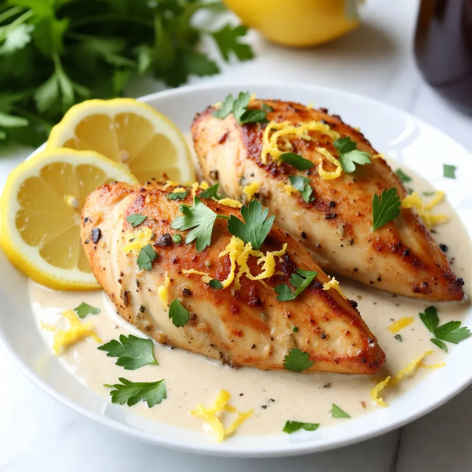 - 4 boneless, skinless chicken breasts - 2 tablespoons olive oil - 4 cloves garlic, minced - 1 cup chicken broth - 1 cup heavy cream - Zest of 1 lemon - Juice of 2 lemons - 1 teaspoon dried thyme - 1 teaspoon garlic powder - Salt and pepper to taste - Fresh parsley, chopped (for garnish) Chicken forms the heart of this dish. I prefer boneless, skinless breasts. They cook evenly and stay juicy. Next, we need olive oil to sear the chicken. It helps create a nice crust and adds flavor. Garlic is key for a bold taste, so use fresh minced cloves. For the sauce, we use chicken broth and heavy cream. The broth adds depth, while the cream gives that rich texture. Lemon zest and juice bring a bright, tangy flavor. Dried thyme adds an earthy note. Finally, season with salt and pepper to balance everything. This mix of ingredients creates a creamy lemon garlic chicken that is both tasty and comforting. The freshness of the lemon paired with garlic is simply delightful. You can garnish with parsley for a pop of color. {{ingredient_image_1}} Searing the Chicken Start with a large skillet. Heat two tablespoons of olive oil over medium-high heat. Season four boneless, skinless chicken breasts with salt, pepper, and garlic powder. Place the chicken in the hot skillet. Sear each side for about six to seven minutes. Look for a golden-brown color. Make sure the chicken is fully cooked. It should reach an internal temperature of 165°F. Removing the Chicken Once cooked, carefully remove the chicken from the skillet. Set it aside on a plate. Keep it warm while you make the sauce. Sautéing Garlic In the same skillet, add four minced garlic cloves. Sauté them for about thirty seconds. You want the garlic to become fragrant, not burnt. This step adds a lot of flavor to your sauce. Adding Chicken Broth Next, pour in one cup of chicken broth. Use a wooden spoon to scrape any browned bits from the skillet. These bits have great flavor. Bring the mixture to a simmer. Incorporating Cream and Lemon Reduce the heat to medium-low. Stir in one cup of heavy cream, the zest of one lemon, and the juice of two lemons. Then add one teaspoon of dried thyme. Let this mixture simmer for two to three minutes. You want it to thicken slightly. Simmering with Chicken Return the chicken to the skillet. Make sure to coat each piece well with the creamy lemon garlic sauce. Let it simmer for another two to three minutes. This step heats the chicken through and combines all the flavors. Serve your creamy lemon garlic chicken hot, garnished with fresh chopped parsley and extra lemon wedges if you like. Enjoy the bright, tangy flavors! Ensuring Juiciness To keep your chicken juicy, start by seasoning it well. Use salt, pepper, and garlic powder. This not only adds flavor but also helps in moisture retention. Sear the chicken on medium-high heat for 6-7 minutes per side. You want a golden brown color. This step locks in the juices. Cooking Time Tips Use a meat thermometer to check for doneness. The chicken should reach 165°F (75°C). If you don’t have one, cut into the thickest part. The meat should be white with no pink. If it is still pink, cook it a bit longer. Remember, overcooking can dry it out. Adjusting Thickness If your sauce is too thin, let it simmer a bit longer. This helps to reduce it. You can also add a bit more heavy cream to thicken it up. Another option is to mix in a cornstarch slurry. Just combine equal parts cornstarch and cold water, then stir in. Flavor Boosting Ideas To elevate the sauce, consider adding fresh herbs. Basil or dill works well. A pinch of red pepper flakes can add a nice kick. You could also stir in some grated Parmesan cheese for extra richness. Don't forget to taste as you go! Adjust the lemon juice for more tang, if needed. Pro Tips Perfectly Cooked Chicken: Use a meat thermometer to ensure the chicken is cooked to an internal temperature of 165°F (75°C) for juiciness and safety. Make It Lighter: Substitute half of the heavy cream with Greek yogurt for a lighter version that still maintains creaminess. Infuse More Flavor: Marinate the chicken in lemon juice, garlic, and thyme for at least 30 minutes before cooking to enhance the flavor. Garnish Wisely: For a pop of color and freshness, consider adding a sprinkle of lemon zest and freshly cracked black pepper just before serving. {{image_2}} Alternative Proteins You can switch chicken for other proteins. Try turkey cutlets for a leaner meal. Pork chops also work well. If you want seafood, shrimp cooks quickly and pairs nicely with the sauce. Simply adjust cooking times. Dairy-Free Options For a dairy-free version, swap heavy cream with coconut milk. It adds a nice flavor and keeps it creamy. You can also use almond milk with a cornstarch mix for thickness. Just ensure the broth is also dairy-free. Vegetables to Include Adding vegetables can enhance the dish. Spinach or kale adds a fresh taste and color. You might consider adding broccoli or asparagus for crunch. Simply sauté them alongside the garlic for flavor. Spicy Options Want some heat? Add crushed red pepper flakes to the sauce. You can also mix in diced jalapeños for a bolder kick. Adjust the amount to your taste. Enjoy the extra zing in this creamy delight! To store Creamy Lemon Garlic Chicken, cool it first. Let it sit at room temperature for around 30 minutes. This prevents bacteria growth. After cooling, place the chicken in a container. Use a container that seals well. Glass or plastic containers work great. They help keep the chicken fresh. Make sure to label the container with the date. This way, you know when to use it. When it's time to enjoy leftovers, reheat the chicken properly. The best method is on the stovetop. Place the chicken in a skillet over low heat. Add a splash of chicken broth to keep it moist. Cover the skillet to trap steam. Heat for about 10 minutes or until warm. You can also microwave it. Use a microwave-safe dish and cover it loosely. Heat in 1-minute bursts. Check for warmth each time. Avoid overcooking to keep the chicken tender. To make Creamy Lemon Garlic Chicken, gather your ingredients first. You need four boneless chicken breasts, olive oil, garlic, chicken broth, heavy cream, lemon zest, lemon juice, thyme, garlic powder, salt, and pepper. 1. Heat olive oil in a large skillet on medium-high heat. 2. Season the chicken with salt, pepper, and garlic powder. 3. Sear the chicken for 6-7 minutes on each side until golden brown. 4. Remove the chicken and set it aside. 5. Add minced garlic to the skillet and sauté for about 30 seconds. 6. Pour in chicken broth and scrape the skillet to release flavor. 7. Bring the broth to a simmer. 8. Stir in heavy cream, lemon zest, lemon juice, and thyme. 9. Let the sauce simmer for 2-3 minutes until it thickens. 10. Return the chicken to the skillet and coat it in the sauce. 11. Simmer for an extra 2-3 minutes to heat through. Yes, you can use frozen chicken breasts. Just remember to thaw them first for even cooking. You can defrost them in the fridge overnight or use the microwave. After thawing, follow the same steps as above. Creamy Lemon Garlic Chicken pairs well with many sides. Here are some tasty options: - Steamed broccoli - Roasted vegetables - Mashed potatoes - Rice or quinoa - A fresh garden salad These sides balance the creamy sauce and add color to your plate. In this blog post, I shared how to make delicious Creamy Lemon Garlic Chicken. We explored key ingredients, cooking steps, and some handy tips. Don’t forget to choose the best chicken and season it well for a juicy dish. You can also try different proteins and add your favorite veggies for extra flavor. Proper storage helps keep your leftovers tasty. Now you have all the tools to impress your family at dinner. Enjoy cooking!