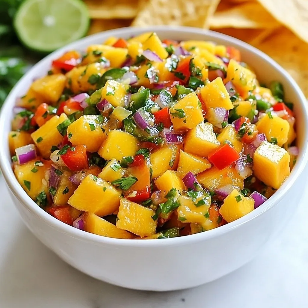 To make a vibrant Mango Cilantro Salsa, you'll need a few key ingredients. Each one adds to the fresh taste and fun texture of this dish. Here’s what you need: - Ripe mango, diced - Medium red bell pepper, diced - Small red onion, finely chopped - Jalapeño pepper, deseeded and minced - 1/4 cup fresh cilantro, chopped - Juice of 2 limes - 1 tablespoon honey (optional) - Salt and pepper to taste The ripe mango brings sweetness that pairs well with the spicy jalapeño. The red bell pepper and onion add crunch and color. Fresh cilantro gives a bright flavor, while lime juice adds a refreshing zing. If you like a bit of sweetness, you can add honey. Salt and pepper help to bring all these flavors together. With these simple ingredients, you can create a delightful salsa that brightens any meal. {{ingredient_image_1}} 1. Combining the ingredients Start by taking a large bowl. Add the diced ripe mango, red bell pepper, finely chopped red onion, and minced jalapeño pepper. Mix these ingredients gently with a spoon. 2. Adding lime juice Next, squeeze the juice of two fresh limes over the mix. Make sure to catch any seeds. The lime juice adds a bright zing that enhances the flavors. 3. Mixing in honey If you like sweetness, drizzle in one tablespoon of honey. This step is optional but can balance the heat from the jalapeño. Stir the mixture carefully to blend everything well. 4. Seasoning with salt and pepper Taste the salsa and add salt and pepper to your liking. Start with a little and adjust as needed. This final touch brings all the flavors together. 1. Letting the salsa sit For the best taste, let the salsa sit at room temperature for at least 15 minutes. This waiting time allows the flavors to meld and become more vibrant. 2. Suggestions for flavor melding You can also try letting it sit longer if you have the time. The longer it sits, the better the taste. Serve it with tortilla chips or on grilled meats for a fresh and flavorful addition. Adjusting sweetness You can change the sweetness by adding honey. Start with a small amount. Taste it, then add more if you like. Adding more heat with jalapeño Want more spice? Use a whole jalapeño. If you like it milder, just remove the seeds. Substituting ingredients Try different fruits like peach or pineapple. They add unique flavors that can surprise you. Serving suggestions Serve this salsa in a bright bowl. It looks great next to tortilla chips. You can also use it on grilled chicken or fish. Enhancing visual appeal Garnish with extra cilantro and lime wedges. This makes your dish pop with color and freshness. Pro Tips Choose Ripe Mangoes: Ensure your mango is ripe for the sweetest flavor. It should be slightly soft to the touch and have a fragrant aroma. Balance the Heat: Adjust the spiciness by adding more or less jalapeño. For a milder salsa, remove the seeds and membranes before chopping. Fresh Ingredients Matter: Use fresh cilantro and lime juice for the best flavor. Dried herbs or bottled lime juice won't provide the same vibrant taste. Let It Rest: Allow the salsa to sit for at least 15 minutes before serving. This helps the flavors blend and enhances the overall taste. {{image_2}} You can change the fruits in your salsa. Try using pineapple or peach. Both add a sweet twist. Each fruit brings its own flavor, making your salsa unique. If you want heat, switch the jalapeño. Use serrano or habanero peppers for more spice. These peppers bring a kick that can wake up your taste buds! Mango cilantro salsa goes well with many dishes. Serve it with tortilla chips for a tasty snack. You can also use it as a topping for grilled chicken or fish. The salsa adds color and flavor to your plate. Want to get creative? Mix it into rice or quinoa for added zest. You can even swirl it into your favorite salad for a refreshing twist. The options are endless! To keep your mango cilantro salsa fresh, use an airtight container. This helps keep moisture in and air out. Store it in the fridge right after making it. It will last about 3 to 5 days. You might notice the colors change slightly, but it will still taste great. Freezing is a great way to save your salsa for later. First, place the salsa in a freezer-safe container. Leave some space at the top for expansion. Seal it tightly and label it with the date. You can freeze it for up to 3 months. When you're ready to use it, take the salsa out of the freezer. Place it in the fridge overnight to thaw. If you're in a hurry, you can also run the container under warm water. Just avoid heating it in the microwave. This way, you keep the fresh flavors and colors intact. You can pair this salsa with many dishes. It goes great with tortilla chips. You can also serve it on grilled chicken or fish. It adds a fresh touch to tacos and quesadillas. Try it on salads for a burst of flavor. You can even use it as a topping for grilled vegetables. Yes, you can make this salsa ahead of time. Prepare it a few hours before you serve. This lets the flavors mix well. Just keep it in the fridge. The salsa tastes even better after resting. Homemade salsa lasts for about 3 to 5 days in the fridge. Store it in an airtight container. If you see any changes in color or smell, it's best to toss it out. For long-term storage, consider freezing it. This salsa has a mild spice level. The jalapeño adds some heat, but it’s not overpowering. If you want more spice, add extra jalapeño. You can also try using a spicier pepper like serrano. Using dried cilantro is not recommended for this salsa. Fresh cilantro gives the best flavor. Dried herbs lack the bright taste of fresh ones. If you can't find fresh cilantro, you might skip it. This salsa shines with fresh ingredients. In this post, we discussed how to make mango cilantro salsa using fresh ingredients. You learned the steps to prepare it, enhance its flavor, and customize it to your liking. We also explored storage options and answered common questions. Salsa brings bright flavors to meals. Customize it to suit your taste or dish. Enjoy this fresh and vibrant salsa today!