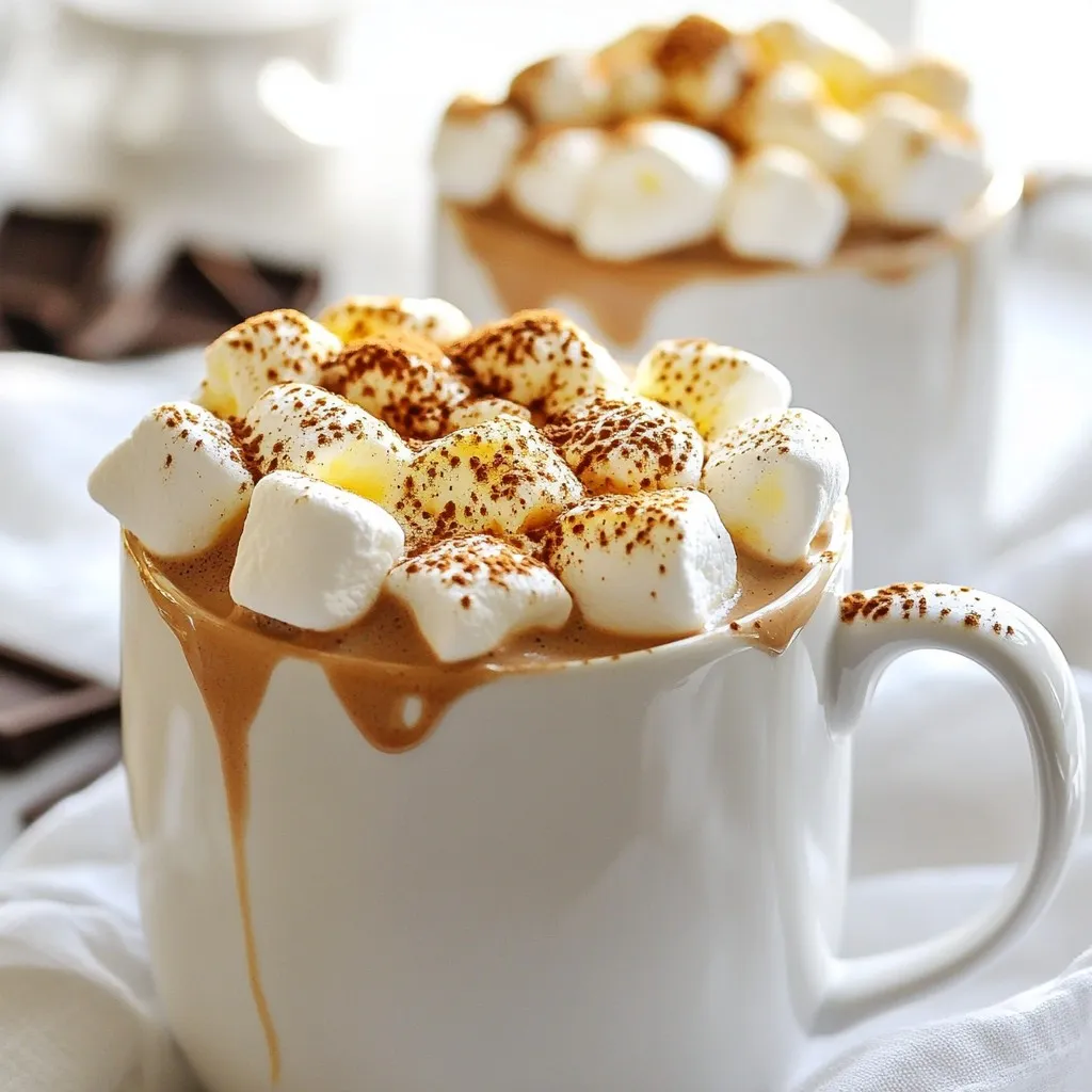 When making toasted marshmallow hot cocoa, you'll want to gather the right ingredients. Here’s what you need for a rich and creamy drink: - 2 cups milk (whole or your preferred alternative) - 2 tablespoons unsweetened cocoa powder - 2 tablespoons granulated sugar - 1/4 teaspoon vanilla extract - Pinch of salt - 1/4 cup mini marshmallows (plus extra for toasting) - Whipped cream (optional for topping) - Chocolate shavings or cocoa powder for garnish (optional) Each ingredient plays a role in creating that delightful flavor. Milk Options: You can use whole milk for creaminess. Almond or oat milk works well for a lighter version. Sweeteners and Flavorings: Granulated sugar adds sweetness. The vanilla extract enhances the cocoa's flavor. Marshmallow Types: Mini marshmallows are perfect for toasting. They melt nicely and get a great texture. Optional Toppings: Whipped cream gives a fluffy touch. Chocolate shavings or cocoa powder add extra flair. Feel free to adjust these ingredients to suit your taste. The key is to balance the sweetness and chocolate flavor for the best experience. {{ingredient_image_1}} 1. Start with a small saucepan. Add 2 cups of milk, 2 tablespoons of cocoa powder, and 2 tablespoons of sugar. 2. Pour in 1/4 teaspoon of vanilla extract and a pinch of salt. 3. Heat this mixture on medium heat. Whisk it gently until smooth and warm, but don’t let it boil. 4. This is the base of your hot cocoa, rich and chocolatey. 1. While your cocoa heats, preheat your broiler to high. 2. Once the cocoa is ready, pour it into two heatproof mugs. 3. Top each mug with a layer of mini marshmallows. 4. Place the mugs under the broiler for 1-2 minutes. Watch closely! 5. Remove them when the marshmallows turn golden brown. Be careful; they will be hot! 1. For an extra treat, add whipped cream on top of the toasted marshmallows. 2. You can also sprinkle chocolate shavings or cocoa powder for a fancy touch. 3. Serve your hot cocoa immediately. Enjoy the warm, sweet flavors! To make the best hot cocoa, start with the right chocolate-to-milk ratio. I suggest using two tablespoons of cocoa powder for every two cups of milk. This balance gives you deep chocolate flavor without being too rich. When you whisk, use a whisk instead of a spoon. A whisk adds air, making your cocoa smoother. Heat the milk over medium heat, and stir gently while it warms. This prevents scorching and keeps your cocoa creamy. If you don’t have a broiler, you can toast marshmallows over an open flame. Use skewers or long sticks to hold the marshmallows. Keep them moving to avoid burning. For even browning, place your marshmallows close together on top of your hot cocoa. This helps them toast uniformly. Watch closely, as they can burn quickly! Want to add a twist? Consider spices like cinnamon or nutmeg. Just a pinch can elevate your cocoa. You can also add a splash of peppermint or almond extract for extra flavor. If you prefer less sugar, try honey or maple syrup instead. These natural sweeteners can add unique flavors while keeping it sweet. Pro Tips Choose the Right Milk: Using whole milk will give you a creamier, richer hot cocoa, but feel free to use almond or oat milk for a lighter alternative. Watch the Marshmallows: When broiling, stay close and keep an eye on the marshmallows to prevent them from burning; they can go from toasted to charred in seconds! Customize Your Cocoa: Add a pinch of cinnamon or a splash of peppermint extract for a unique twist on your classic hot cocoa. Make It Extra Decadent: For a richer flavor, stir in a spoonful of Nutella or melted chocolate before serving. {{image_2}} You can easily make a vegan version. To start, swap the milk for a plant-based option. Almond milk, oat milk, or coconut milk work well. Use unsweetened cocoa powder and raw cane sugar as your sweetener. For creaminess without dairy, blend in a tablespoon of coconut cream. This gives a rich texture that boosts flavor. The marshmallows can be replaced with vegan ones made from plant-based ingredients. Many brands offer great vegan marshmallows that toast beautifully. If you want a cozy drink for adults, try adding alcohol. Peppermint schnapps adds a nice minty flavor. You can also use bourbon or rum for a warm kick. To mix in the alcohol, add it after you pour the hot cocoa into mugs. This keeps the flavor smooth and balanced. Stir well before toasting the marshmallows. Seasonal twists can make your hot cocoa special. In fall, try adding pumpkin spice for a festive touch. During winter, a splash of peppermint extract brightens up the drink. Get creative by adding Nutella or peanut butter. These spreads melt into the cocoa, adding a rich, nutty taste. You can also sprinkle some cinnamon for extra warmth. Each twist keeps this classic drink fun and exciting! To keep your toasted marshmallow hot cocoa fresh, store it in the fridge. Pour any leftover cocoa into a sealed container. It will stay good for about three days. When you want to enjoy it again, heat it gently on the stove or in the microwave. If using the microwave, heat it in short bursts to avoid overheating. Stir well after each burst to keep it smooth. You can freeze hot cocoa too, but it’s best to do this without the marshmallows. Pour the cooled cocoa into an airtight container, leaving space at the top for expansion. It will last for about two months in the freezer. When you want to use it, thaw it overnight in the fridge. To thaw properly, place the container in the fridge for several hours or overnight. When ready, heat it on the stove or microwave. If it looks a bit thick, add a splash of milk and stir well. This will help bring back its creamy texture. Enjoy your delicious treat anytime! Yes, you can. To prepare it ahead, make the hot cocoa base. Then, store it in the fridge. When you want to enjoy it, reheat it gently on the stove. Stir well to mix everything. Avoid boiling to keep the cocoa smooth. Toast the marshmallows just before serving for the best flavor. I recommend using mini marshmallows. They toast quickly and evenly. Larger marshmallows can work, but they take longer. You can also try flavored marshmallows for a fun twist. Just keep an eye on them while toasting to avoid burning. To enhance richness, use whole milk instead of low-fat options. You can also add more cocoa powder or a touch of dark chocolate. Using heavy cream instead of milk makes it extra creamy. Try adding a pinch of cinnamon or nutmeg for warmth and depth of flavor. Absolutely! Almond, oat, or coconut milk are great options. Each type brings its unique taste. Almond milk is nutty, while coconut milk adds creaminess. Just remember that the cocoa might taste slightly different. Adjust sweetness if needed, as some non-dairy milks are sweeter. You can toast marshmallows over a fire pit or grill. Use long skewers to keep a safe distance. If you're indoors, use a stovetop. Turn on a gas burner and hold the marshmallow over the flame. Rotate it to ensure even toasting. Just be careful not to catch it on fire! Toasted marshmallow hot cocoa is a delightful drink you can easily customize. From choosing your milk and sweeteners to perfecting marshmallow toasting, every step counts. Experiment with flavors and toppings to create your unique version. You can make it vegan or even add a little kick with spirits. Store leftovers properly for a treat later. Whether for a chilly night or a festive gathering, your hot cocoa will always impress. Enjoy the warmth and creativity you bring to each cup.