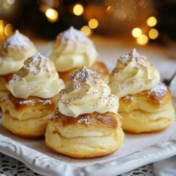 To make your eggnog cream puffs, gather these ingredients: - 1 cup water - 1/2 cup unsalted butter - 1 cup all-purpose flour - 1/4 teaspoon salt - 4 large eggs - 1/2 teaspoon vanilla extract - 1 cup heavy cream - 1/2 cup powdered sugar - 1 teaspoon nutmeg - 1/4 teaspoon cinnamon - 1/2 teaspoon vanilla extract (for the cream) These ingredients come together to make delightful puffs filled with rich eggnog cream. For the best flavor, choose a good-quality eggnog. Some top brands include: - Organic Valley - Hood - Southern Comfort - Evan Williams These brands offer creamy and rich eggnog, perfect for your cream puffs. Don't worry if you lack some items! Here are smart substitutions: - Unsalted butter: Use salted butter, but reduce added salt. - Heavy cream: Try half-and-half for a lighter filling. - All-purpose flour: Use gluten-free flour for a gluten-free option. These swaps help make the recipe work for you while keeping it tasty. {{ingredient_image_1}} To start, grab a medium saucepan. Pour in the water and add the unsalted butter. Heat them over medium. Stir until the butter melts completely. Then, all at once, add the all-purpose flour and salt. Stir it hard with a wooden spoon. Keep mixing until it turns into a ball. The dough should pull away from the pan's sides. Once you reach this point, take it off the heat. Let the dough cool for about five minutes. This cooling time is key. Now, add the eggs one by one. Mix well after each egg. The dough will become smooth and shiny. Finally, stir in the vanilla extract to add flavor. To make sure your pastries puff up nicely, preheat your oven to 400°F (200°C) before baking. Line a baking sheet with parchment paper. Use a pastry bag with a large round tip for piping. Pipe 1-inch mounds of dough. Make sure to space them about 2 inches apart. This space helps them puff up well. Do not open the oven while they bake. This can cause them to collapse. Bake the puffs for 20 to 25 minutes. Look for a golden brown color. Once done, take them out and let them cool on a wire rack. Now, let’s make the eggnog cream. In a mixing bowl, add the heavy cream, powdered sugar, nutmeg, cinnamon, and vanilla extract. Use an electric mixer to beat the mixture until soft peaks start to form. This means it’s ready! Once the puffs are cool, make a small slit in the side of each puff. Use a piping bag to fill each one with the eggnog cream. Fill them until they feel full but not too much. Overfilling can cause a mess! Now you have your eggnog cream puffs ready to enjoy. When making eggnog cream puffs, avoid some common errors. - Overmixing the Dough: Once you add eggs, mix just until smooth. Overmixing can make the puffs dense. - Skipping the Cooling Step: Let the dough cool before adding eggs. Hot dough can cook the eggs and ruin the texture. - Opening the Oven Door: Resist the urge to peek while baking. This can cause the puffs to collapse. If you have leftover cream puffs, store them properly. - Keep them in the fridge: Place them in an airtight container. This keeps them fresh for up to two days. - Freeze for later: If you want to save them longer, freeze the unfilled puffs. They can last up to a month. Just thaw and fill when you're ready to enjoy. Make your eggnog cream puffs look festive and inviting. - Use a festive platter: Arrange the puffs neatly. This makes for a beautiful display. - Garnish with spices: A light dusting of nutmeg or cinnamon adds a warm touch. - Drizzle with chocolate: A simple chocolate drizzle can elevate the look and taste. These tips will help you create the best eggnog cream puffs for your holiday gatherings! Pro Tips Tip for Perfect Choux: Ensure your mixture is fully combined and the dough pulls away from the pan before adding the eggs; this helps achieve the right consistency for puffing. Egg Temperature Matters: Using room temperature eggs will help them incorporate more easily into the dough, resulting in a smoother texture. Don’t Open the Oven: Avoid opening the oven door while baking, as this can cause the puffs to deflate and not rise properly. Filling Technique: When filling the cream puffs, insert the piping tip deep into the puff to ensure the filling reaches the center for maximum flavor. {{image_2}} You can switch the eggnog cream filling for a smooth eggnog custard. Begin by making a simple custard, using milk, egg yolks, sugar, and eggnog. Cook it gently over low heat until it thickens. This filling adds a rich, creamy layer to your puffs. It also brings a different texture that many will love. Want to spice things up? You can add different spices to your eggnog cream. Try adding a pinch of ground ginger or cloves. These spices bring warmth and complexity to the flavor. They can make your cream puffs stand out during the holiday season. Just keep the amounts small, so they do not overpower the eggnog flavor. For a fun twist, drizzle melted chocolate over the filled cream puffs. Simply melt some dark or milk chocolate and drizzle it on top. This adds a sweet touch and makes the puffs look even more festive. The chocolate pairs well with the eggnog cream, creating a delicious balance of flavors. To keep your eggnog cream puffs fresh, store them in an airtight container. Place parchment paper between layers to avoid sticking. Keep them in the fridge if you fill them with cream. This keeps the cream cold and safe to eat. If they are not filled, you can leave them at room temperature for a few hours. Just remember, cream puffs are best enjoyed fresh for the best texture. You can freeze unfilled cream puffs. Let them cool completely, then place them in a single layer on a baking sheet. Freeze them for about an hour. Once frozen, move them to a freezer bag or container. They will last for up to three months. When you’re ready to eat them, thaw in the fridge overnight. Fill them with eggnog cream right before serving for the best taste. Eggnog cream puffs last about two days in the fridge when filled. The pastry may become soggy if stored longer. Unfilled cream puffs can last up to a week at room temperature. For the best flavor and texture, eat them within the first two days. Enjoy these festive treats while they are fresh and delicious! You can make Eggnog Cream Puffs ahead of time. First, prepare the choux pastry and bake the puffs. Let them cool completely. Store the cooled puffs in an airtight container. You can keep them at room temperature for up to a day. For longer storage, freeze them for up to a month. When ready to serve, fill them with eggnog cream and enjoy! Yes, you can use store-bought eggnog for the filling. It saves time and still tastes great. Just make sure to whip it with heavy cream, powdered sugar, nutmeg, and cinnamon. This will give it a fresh taste. You can adjust the spices to your liking. This option makes making eggnog cream puffs even easier. If you need to substitute heavy cream, you have options. You can use whipped coconut cream for a dairy-free choice. Another option is to mix whole milk with melted butter. Use 3/4 cup of milk and 1/4 cup of butter to mimic heavy cream. This will still give you a rich flavor and texture in your cream filling. In this post, we explored how to make delicious eggnog cream puffs. First, we covered the ingredients, including brands and substitutions. Next, we detailed step-by-step instructions for making the choux pastry and filling. I shared tips to avoid common mistakes and storage advice. Finally, we discussed variations like eggnog custard and chocolate drizzle. These cream puffs offer fun twists on a classic dessert. Enjoy making them for any occasion!