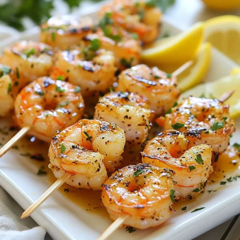 - 1 pound large shrimp, peeled and deveined - 4 garlic cloves, minced - 1/4 cup fresh lemon juice - Zest of 1 lemon - 1/4 cup olive oil - 1 tablespoon honey - 1 teaspoon smoked paprika - Salt and pepper to taste - Fresh parsley, chopped (for garnish) - Wooden or metal skewers When making Lemon Garlic Grilled Shrimp Skewers, gathering the right ingredients is key. I love using large shrimp because they hold up well on the grill. The fresh lemon juice and zest brighten the dish. Minced garlic adds a punch of flavor that is hard to resist. Olive oil keeps the shrimp moist and helps with grilling. Honey gives a nice touch of sweetness, while smoked paprika adds depth. Salt and pepper enhance all the flavors, and fresh parsley gives a pop of color on the plate. Make sure you have wooden or metal skewers ready. If you use wooden skewers, soak them first to prevent burning. Enjoy this fresh and tasty dish with friends and family! {{ingredient_image_1}} Start by whisking together the marinade ingredients. In a medium bowl, combine minced garlic, fresh lemon juice, lemon zest, olive oil, honey, smoked paprika, salt, and pepper. Make sure everything mixes well. Next, add the shrimp and toss until they are fully coated. Cover the bowl with plastic wrap and place it in the fridge for 30 minutes to 1 hour. This time lets the shrimp soak up all those fresh flavors. If you’re using wooden skewers, soak them in water for about 20 minutes. This step helps prevent them from burning on the grill. After soaking, take the shrimp out of the fridge. Now, thread the marinated shrimp onto the skewers. Place about 4 to 5 shrimp on each skewer, leaving a little space between each. This space allows the heat to cook them evenly. Preheat your grill or grill pan to medium-high heat. Once it's nice and hot, place the skewers on the grill. Cook them for 2 to 3 minutes on each side. Keep an eye on them! The shrimp should turn pink and opaque when they are done. Avoid overcooking, or they will become tough. When finished, remove the skewers from the grill and let them rest for a minute before serving. To make your shrimp really shine, adjust the garlic and lemon flavor to your taste. Love garlic? Add more minced cloves. Prefer a zesty kick? Increase the lemon juice or zest. I suggest marinating the shrimp for at least 30 minutes. You can go up to an hour for deeper flavor. Just don’t let them sit too long, or the shrimp can become mushy. Getting the grill temperature right is key. Preheat your grill to medium-high heat. This helps the shrimp cook evenly. Avoid overcooking by keeping an eye on them. Cook for 2-3 minutes on each side. You know the shrimp are done when they turn pink and opaque. This keeps them tender and juicy. For a pretty presentation, serve the skewers on a platter. Add lemon wedges and sprinkle chopped parsley on top. This makes the dish pop! Pair the shrimp with sides like grilled veggies or a fresh salad. These add color and texture to your meal. Enjoy the fresh and tasty flavors! Pro Tips Perfectly Marinated: For the best flavor, marinate the shrimp for at least 30 minutes, but not longer than 1 hour to avoid a mushy texture. Skewer Technique: When skewering shrimp, ensure they’re not too tightly packed; this allows for even cooking and prevents steaming. Temperature Check: Use medium-high heat on the grill to achieve a nice char without overcooking the shrimp, which should only take 2-3 minutes per side. Garnishing: Enhance visual appeal by garnishing with fresh parsley and serving with lemon wedges to add a pop of color and freshness. {{image_2}} You can easily change the taste of your lemon garlic grilled shrimp skewers. For a spicy kick, add some chili flakes to the marinade. This will give your shrimp a nice heat. You might find that the spicy shrimp skewers are a fun twist for a summer BBQ. Another great option is to infuse herbs into your marinade. You can use fresh thyme or oregano. These herbs add a fresh taste and aroma. They make the shrimp skewers feel gourmet without much extra work. Try mixing in herbs for a unique flavor. If you want to switch things up, try using chicken or tofu instead of shrimp. Chicken skewers can be just as tasty when marinated in the same lemon garlic mix. Just make sure to cook them thoroughly. Tofu is a great choice for a vegetarian option. It absorbs flavors well and gets a nice texture when grilled. Seafood lovers can also try scallops instead of shrimp. They grill quickly and pair well with lemon and garlic. You can even use a mix of shrimp and vegetables for a colorful and healthy dish. After enjoying your lemon garlic grilled shrimp skewers, you may have some leftovers. Here’s how to store them properly. - Refrigeration guidelines: Place the leftover skewers in an airtight container. Store them in the fridge for up to 2 days. This keeps the shrimp fresh and safe to eat. - Freezing recommendations: If you want to keep the shrimp longer, freeze them. Wrap the skewers tightly in plastic wrap, then place them in a freezer bag. They can last up to 3 months in the freezer. When you’re ready to eat, just thaw them in the fridge overnight. Reheating grilled shrimp can be tricky. You want to keep them tasty and not rubbery. - Best methods for reheating grilled shrimp: The microwave works, but it may dry out the shrimp. Instead, use a skillet on low heat. Add a splash of water or broth to help keep moisture in. Heat them up for a few minutes, turning gently. - Avoiding loss of texture and flavor: To keep the shrimp juicy, avoid cooking them too long. Just warm them until they’re heated through. Also, consider adding a bit of olive oil or lemon juice when reheating for extra flavor. You should marinate shrimp for 30 minutes to 1 hour. This time allows the shrimp to soak up all the delicious flavors. If you want a stronger taste, marinating for a full hour works best. Just remember, don't go too long. Over-marinating can make shrimp mushy. You can use either wooden or metal skewers. Wooden skewers are great but must be soaked in water for 20 minutes before grilling. This keeps them from burning. Metal skewers are a good choice too. They heat up quickly and can be reused. Plus, they don't need soaking. If you're looking for ease, metal is the way to go. Yes, you can cook shrimp skewers in the oven. Preheat your oven to 400°F (200°C). Place your skewers on a baking sheet lined with foil. Bake for about 8-10 minutes. Make sure to flip them halfway through for even cooking. Just like on the grill, look for that perfect pink color. Enjoy your shrimp skewers, no grill needed! This article covered how to make delicious shrimp skewers. You learned about the key ingredients, like shrimp and garlic, and how to marinate them for the best flavor. We walked through grilling steps, plus tips for perfecting your dish. Variations let you explore different flavors. Don’t forget storage tips for leftovers. Enjoy these skewers on any occasion. They are simple and tasty, making them a great choice for any meal. Try them out, and you'll impress your guests!
