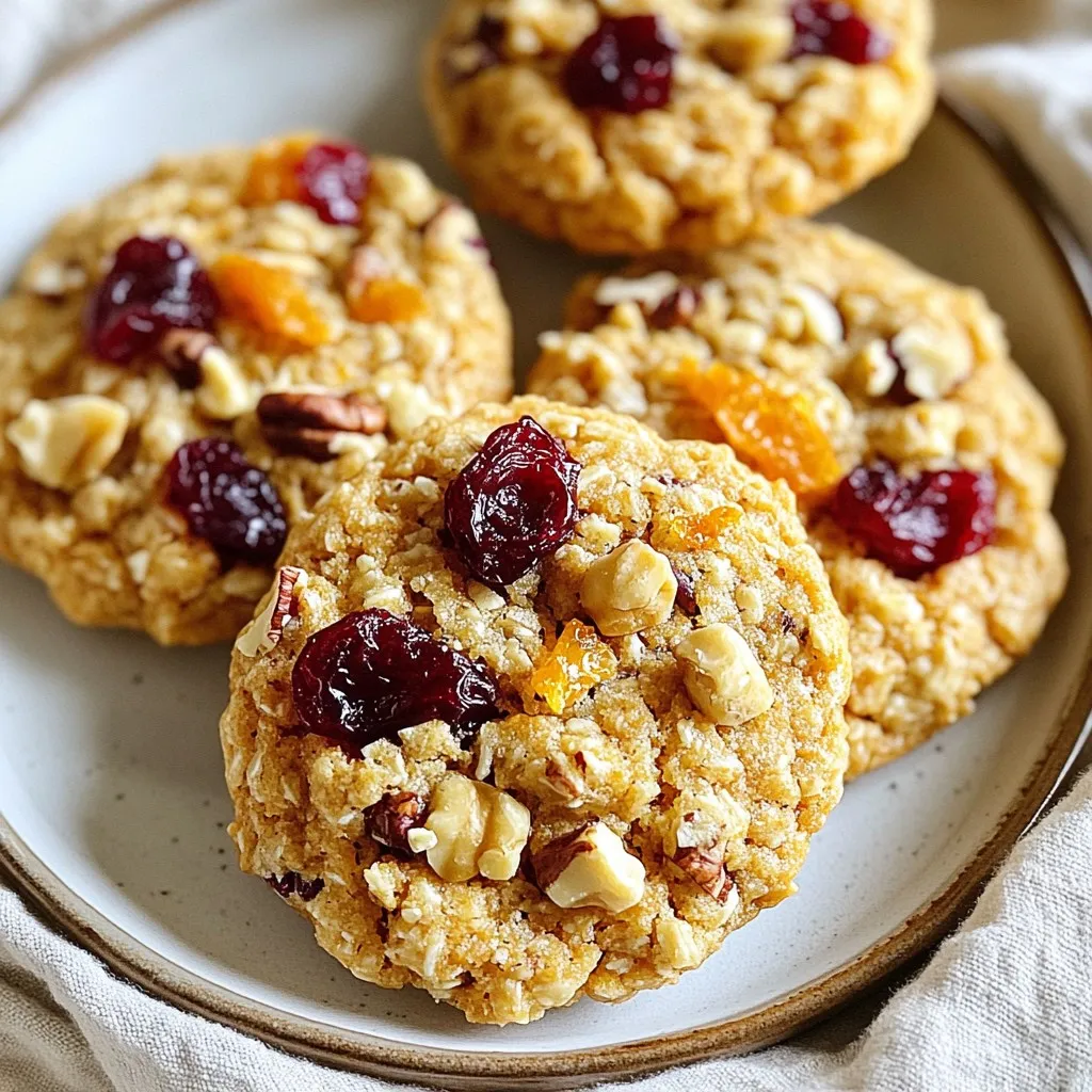 To make delicious cranberry orange breakfast cookies, you'll need a few simple ingredients. Here’s what you should gather: - 1 cup rolled oats - 1 cup whole wheat flour - 1/2 cup brown sugar, packed - 1/4 cup coconut oil, melted - 1/4 cup honey or maple syrup - 1 teaspoon baking soda - 1/2 teaspoon salt - Zest of 1 orange - 1/2 cup dried cranberries, chopped - 1/4 cup walnuts or pecans, chopped (optional) - 1/2 teaspoon vanilla extract - 1 large egg Each ingredient plays a role in making these cookies tasty and healthy. The rolled oats add fiber. Whole wheat flour gives a nutty flavor. Brown sugar adds sweetness and moisture. Coconut oil keeps them soft. Honey or maple syrup adds natural sweetness. Baking soda helps them rise. Salt enhances all the flavors. Orange zest gives a fresh, bright taste. Dried cranberries add sweetness and a chewy texture. Nuts add crunch and richness. Vanilla extract brings warmth. The egg binds everything together. Gather these ingredients, and you will be ready to bake! {{ingredient_image_1}} 1. Preheat your oven to 350°F (175°C). This step is key for even baking. 2. Combine the dry ingredients. In a large bowl, mix 1 cup of rolled oats, 1 cup of whole wheat flour, 1/2 cup of packed brown sugar, 1 teaspoon of baking soda, and 1/2 teaspoon of salt. Stir well until fully mixed. 3. Mix the wet ingredients. In another bowl, whisk together 1/4 cup of melted coconut oil, 1/4 cup of honey or maple syrup, 1 large egg, 1/2 teaspoon of vanilla extract, and the zest of 1 orange. Blend until smooth. 1. Combine the wet and dry ingredients. Pour the wet mixture into the dry ingredients. Stir gently until just combined. Do not overmix; a few lumps are okay. 2. Incorporate the cranberries and nuts. Gently fold in 1/2 cup of chopped dried cranberries and 1/4 cup of chopped walnuts or pecans if you like. Make sure they spread evenly in the dough. 1. Portion the dough. Use a tablespoon or cookie scoop to drop dough onto your prepared baking sheet. Leave about 2 inches between each cookie. 2. Bake and cool. Slightly flatten each cookie with the back of a spoon. Bake for 10-12 minutes until the edges turn a light golden brown. The centers should stay soft. Let the cookies cool on the sheet for 5 minutes before moving them to a wire rack. To keep your cookies soft in the center, bake them for a shorter time. Set your oven to 350°F (175°C). This temperature helps the cookies cook evenly. Remove them when the edges are golden, but the middle still looks soft. Let them cool on the sheet for a few minutes. This step helps keep them chewy. Serve your cookies on a bright orange plate. This adds a fun pop of color. Pair them with fresh fruit or creamy yogurt for a tasty breakfast. To make it sweeter, drizzle some honey over the warm cookies. This adds flavor and a nice touch. If you want a healthier sweetener, try using mashed banana or applesauce instead of brown sugar. For those who need a gluten-free option, swap whole wheat flour with almond flour or oat flour. Both make great alternatives and keep the cookies delicious. Pro Tips Freshness Matters: Use fresh orange zest for the best flavor. The oils in the zest provide a bright, citrusy aroma that enhances the cookie’s taste. Chill the Dough: For thicker cookies, chill the dough for 30 minutes before baking. This helps prevent spreading and results in a chewier texture. Nut Variations: Experiment with different nuts like almonds or pistachios for a unique twist. Toasting the nuts beforehand can also intensify their flavor. Storage Tips: Store cookies in an airtight container at room temperature for up to a week. For longer freshness, freeze them in a zip-top bag. {{image_2}} You can easily change the taste with some fun spices. Try adding cinnamon or nutmeg to give warmth. These spices blend well with the orange flavor. You can also swap in different fruits. Blueberries make a nice tart burst. Dried cherries add sweetness and chewiness. To change the texture, consider using different nuts or seeds. Chopped almonds or sunflower seeds add a great crunch. You can also mix in chocolate chips for a sweet touch. If you love coconut, add coconut flakes for a tropical twist. Each option adds a new layer of fun. If you want a vegan version, it’s simple! You can swap the egg for a flaxseed egg. Just mix one tablespoon of flaxseed meal with three tablespoons of water. Let it sit for a few minutes until it thickens. For honey, use maple syrup for sweetness. These changes keep the flavor while making it vegan-friendly. To keep your cranberry orange breakfast cookies fresh, proper storage is key. Place the cookies in an airtight container. This helps them stay soft and moist. You can stack them neatly, but don’t place hot cookies inside. Let them cool first. If you plan to eat them in a few days, store them at room temperature. For longer storage, consider the fridge. Here are some best practices for storing cookies: - Use a glass or plastic container. Glass works well to prevent moisture. - Add a slice of bread. This keeps the cookies soft. - Keep them away from heat. Store in a cool, dry place. Freezing is a great way to enjoy cookies later. You can freeze both the dough and the baked cookies. To freeze unbaked dough, scoop the dough onto a baking sheet. Make sure they are spaced out. Place the sheet in the freezer for about an hour. Once frozen, transfer the dough balls into a zip-top bag. Remove as much air as possible before sealing. For baked cookies, let them cool completely first. Then, place them in an airtight container or a zip-top bag. You can freeze them for up to three months. When you want a cookie, just thaw it at room temperature. Here are some quick steps for freezing: - For unbaked dough: Freeze scooped dough on a baking sheet first, then bag. - For baked cookies: Cool them before placing in bags or containers. This way, you can enjoy delicious cranberry orange breakfast cookies anytime! Can I make these cookies vegan? Yes, you can make these cookies vegan. Replace the egg with a flax egg. Mix 1 tablespoon of ground flaxseed with 2.5 tablespoons of water. Let it sit for 5 minutes until it thickens. Also, use maple syrup instead of honey. How long do these cookies stay fresh? These cookies stay fresh for about one week. Store them in an airtight container at room temperature. If you want them to last longer, you can freeze them. Can I use fresh cranberries instead of dried? You can use fresh cranberries, but the cookies may taste tart. Fresh cranberries have more moisture. You might need to adjust the sugar to balance the taste. Caloric content per cookie Each cookie contains about 130 calories. This can vary based on your additions, like nuts or sweeteners. Breakdown of key nutrients - Carbohydrates: 20g - Protein: 2g - Fat: 5g - Fiber: 2g These cookies provide a good balance of nutrients, thanks to the oats and nuts. What to do if cookies end up too dry or too moist? If your cookies are too dry, add a splash of milk or water to the dough. Mix gently until you get a better texture. If they are too moist, add a bit more flour. Remedies for uneven baking If cookies bake unevenly, check your oven temperature with an oven thermometer. Make sure to rotate the baking sheet halfway through baking. This helps cookies cook evenly. This post covers how to make delicious cookies from simple ingredients. We listed key ingredients and provided step-by-step instructions. You learned useful tips for baking, serving, and storing. We also shared variations to suit different tastes and dietary needs. Baking can be fun and rewarding. With the right tips, anyone can enjoy these tasty treats. Try different flavors and enjoy your creations!