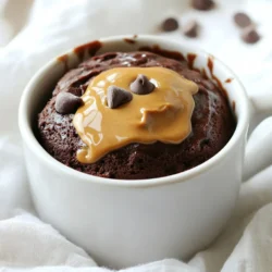 - 4 tablespoons all-purpose flour - 4 tablespoons sugar - 2 tablespoons cocoa powder - 1/4 teaspoon baking powder - 1/4 teaspoon salt - 3 tablespoons milk - 2 tablespoons vegetable oil - 1 tablespoon peanut butter (plus extra for topping) - 1 tablespoon chocolate chips (optional) For this Chocolate Peanut Butter Mug Cake, you need simple ingredients. Each one plays a key role. All-purpose flour gives the cake its structure. Using 4 tablespoons works great. Sugar adds sweetness. The 4 tablespoons help balance the cocoa's richness. Cocoa powder brings that deep chocolate flavor. Just 2 tablespoons make it perfect. Baking powder helps the cake rise. Only a small amount, 1/4 teaspoon, is needed. Salt enhances all flavors. Just 1/4 teaspoon makes a big difference. Milk keeps the cake moist. Use 3 tablespoons for the right texture. Vegetable oil adds moisture and richness. The 2 tablespoons help keep it soft. Peanut butter is the star of this cake. One tablespoon in the batter and extra for topping adds creaminess. Chocolate chips are optional but fun. A tablespoon gives extra chocolate joy. Now, you know what to gather for your mug cake. Each ingredient is easy to find and makes a big impact. Happy baking! {{ingredient_image_1}} 1. Mixing dry ingredients Grab a large, microwave-safe mug. It should hold about 12 oz. Add 4 tablespoons of all-purpose flour. Then, add 4 tablespoons of sugar, 2 tablespoons of cocoa powder, 1/4 teaspoon of baking powder, and 1/4 teaspoon of salt. Use a whisk to mix them well. Make sure there are no lumps. 2. Combining wet ingredients Now, add 3 tablespoons of milk and 2 tablespoons of vegetable oil to the dry mix. Then, add 1 tablespoon of peanut butter. Stir everything together until the batter is smooth. You should not see any dry spots. 3. Incorporating chocolate chips If you want more chocolate, fold in 1 tablespoon of chocolate chips. This step is optional but adds extra flavor. The chips will melt slightly while cooking, making the cake even tastier. 1. Recommended microwave times Place the mug in your microwave and cook on high. Start with 40 seconds. After that, check if the cake has risen and is firm in the center. If it needs more time, cook in 10-second bursts. Be careful not to overcook it. 2. Signs of doneness The mug cake is done when it has risen and is set in the middle. If it jiggles too much, it needs more time. 3. Cooling tips Once cooked, let the mug cake cool for about a minute. This step helps prevent burns. After it cools, you can top it with more peanut butter, extra chocolate chips, or a sprinkle of cocoa powder for added flair. Enjoy your treat right from the mug! - Avoiding overcooking: Keep a close eye on your cake while it cooks. Microwaves vary in power. Start with 40 seconds. Check if it’s done. If not, cook in 10-second bursts until it’s set. Overcooking makes it dry. - Achieving the best texture: For a soft and fluffy cake, mix well. Stir until no lumps remain. Use a large mug that holds at least 12 oz. This helps the cake rise nicely. - Suggested toppings for enhanced flavor: Once your cake is cool, add a dollop of peanut butter on top. You can also sprinkle more chocolate chips or cocoa powder. For a twist, try adding sliced bananas or a scoop of ice cream. - Best type of mug to use: Choose a microwave-safe mug. A larger mug helps keep the cake from overflowing. It should hold at least 12 oz. This gives the cake space to rise. - Microwave power considerations: Microwaves can cook differently. If yours is powerful, your cake may cook faster. If it's weak, it may take longer. Always check early and adjust cooking time as needed. Pro Tips Use a Larger Mug: Using a larger mug helps prevent overflow as the cake rises during microwaving. Check for Doneness: Microwave times can vary, so start with 40 seconds and add more time in 10-second increments if needed. Experiment with Mix-Ins: Feel free to add nuts, dried fruit, or different flavored chips to customize your mug cake. Serve Warm: Enjoy your mug cake warm for the best texture; it can harden as it cools down. {{image_2}} You can make this mug cake even more fun with different flavors. - Nut butter alternatives: Try almond, cashew, or sunflower butter instead of peanut butter. Each nut butter gives a new twist to the cake. Almond butter adds a light flavor. Sunflower butter is great for those with nut allergies. - Different types of chocolate: Use dark, milk, or white chocolate. Dark chocolate adds a rich taste. Milk chocolate makes it sweeter. White chocolate gives a creamy touch. You can mix and match to find your favorite. - Adding fruits or nuts: Toss in some banana slices or berries for a fruity kick. Chopped nuts like walnuts or pecans add crunch. Just a few pieces can change the whole cake. This mug cake is easy to tweak for different diets. - Gluten-free options: Swap all-purpose flour with almond flour or a gluten-free blend. Both options work well. You may need to adjust the liquid slightly. - Vegan substitutes: Use plant-based milk and oil instead of regular ones. For egg-free, just skip it; this recipe does not need eggs. You can still enjoy this cake without dairy. Feel free to experiment! Each change can make your mug cake a new delight. To store leftovers, let the mug cake cool completely. Cover it with plastic wrap or place it in an airtight container. Keep it in the fridge for up to two days. Reheating is easy. Just pop it in the microwave for about 10-15 seconds. Check if it’s warm enough. If not, heat it for a few more seconds. You can freeze the mug cake for later enjoyment. Allow it to cool completely, then wrap it tightly in plastic wrap. Place it in a freezer-safe bag. It can last for up to three months in the freezer. When you are ready to eat it, thaw the cake in the fridge overnight. For a quick thaw, you can microwave it on low for about 30 seconds. Just be careful not to overheat it. Enjoy your delicious treat anytime! Yes, you can use a different mug size. Just make sure it can hold at least 12 ounces. A smaller mug may cause the cake to overflow. A larger mug may need more cooking time. Keep an eye on it while it cooks. If you don’t have cocoa powder, you can use carob powder. This will give a different taste but is a good substitute. You could also skip it altogether. Your cake will still be tasty with just peanut butter. You can use an oven if you don’t have a microwave. Preheat your oven to 350 degrees Fahrenheit. Pour the batter into a small oven-safe dish. Bake it for about 15-20 minutes. Check for doneness with a toothpick. Yes, you can double the recipe. Just use a larger mug or dish. You will need to cook it longer. Start with 1-2 extra minutes in the microwave. Remember to check for doneness often! To sum up, we covered the key ingredients for your mug cake and how to make it step by step. I shared tips to get the best texture and avoid overcooking. We explored fun variations and dietary options to fit your needs. Finally, I explained how to store and reheat your cake. Use this guide to create your perfect mug cake. Enjoy each bite, and don’t hesitate to experiment with your flavors!