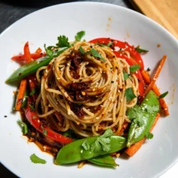For this dish, I love using whole wheat spaghetti. It gives a nice, nutty flavor. You need 8 oz. of your favorite noodles for this recipe. Fresh vegetables make this stir fry pop! Here’s what you’ll need: - 1 bell pepper (red or yellow), sliced - 1 cup snap peas, trimmed - 1 medium carrot, julienned - 3 green onions, chopped - 2 cloves garlic, minced - 1 teaspoon fresh ginger, grated These veggies add color and crunch, making your meal both tasty and healthy. The right sauces boost the flavors in your stir fry. Get these: - 3 tablespoons soy sauce (low-sodium preferred) - 2 tablespoons sriracha sauce (adjust to taste) - 1 tablespoon rice vinegar - 2 tablespoons sesame oil Finish with sesame seeds and fresh herbs like cilantro or basil for a nice touch. These ingredients create a perfect balance of flavors and heat. Enjoy cooking! {{ingredient_image_1}} First, bring a large pot of salted water to a boil. Add 8 oz. of whole wheat spaghetti or your favorite noodles. Cook them until they are al dente, following the package directions. Once cooked, drain the noodles and rinse them under cold water. This stops the cooking and keeps them firm. Set the noodles aside while you prepare the rest. Grab a small bowl and whisk together the sauce. Mix 3 tablespoons of soy sauce, 2 tablespoons of sriracha sauce, 1 tablespoon of rice vinegar, and freshly grated ginger. This sauce packs a flavorful punch. Set it aside for later use. In a large skillet or wok, heat 2 tablespoons of sesame oil over medium-high heat. Once hot, add 2 cloves of minced garlic. Sauté for about 30 seconds until it smells amazing. Then, toss in your sliced bell pepper, trimmed snap peas, and julienned carrot. Stir-fry these for about 3-4 minutes. You want them tender but still crisp. Now it’s time to bring it all together. Add the cooked noodles to the skillet with the sautéed vegetables. Pour in your prepared sauce and toss everything together. Make sure the noodles get fully coated in that tasty sauce. Heat everything through for about 2-3 minutes. Finally, stir in the chopped green onions and cook for one more minute. Taste the dish and adjust the seasoning if needed. Serve the spicy sesame noodle stir fry in deep bowls. Don’t forget to sprinkle some sesame seeds and fresh herbs on top for a beautiful finish. Enjoy your meal! To get the best noodles, use a big pot with lots of water. Add a pinch of salt to the water for flavor. Cook the noodles until they are al dente, which means they should have a slight bite. After draining, rinse them with cold water. This stops the cooking and keeps them from sticking. If you like it hot, add more sriracha. For a milder dish, start with less. You can also mix in some honey or sugar to balance the heat. Another option is to add more veggies, like carrots, to tone down the spice. When stir-frying, keep the heat high. This helps cook the veggies fast while keeping them crisp. Don’t overcrowd the pan; work in batches if needed. Make sure to stir often to cook everything evenly. Finally, add the sauce at the end to coat the noodles and veggies without burning them. Pro Tips Fresh Ingredients: Use fresh vegetables for the best flavor and texture. Crisp snap peas and vibrant bell peppers enhance the dish. Adjusting Spice: If you prefer a milder version, reduce the sriracha sauce or serve it on the side for individual spice control. Protein Boost: Add cooked chicken, shrimp, or tofu for a protein boost and a more filling meal. Meal Prep Friendly: This dish is great for meal prep! You can store leftovers in the fridge for up to 3 days; just reheat before serving. {{image_2}} You can add protein to this dish easily. Tofu works great for a vegetarian option. Use firm tofu for best results. Just cube and sauté it until golden. For meat lovers, chicken is a good choice. Cut it into small pieces and cook it in the skillet before adding veggies. If you prefer seafood, shrimp is another tasty option. Cook the shrimp until they turn pink, then mix them in with the noodles. Each protein adds its own flavor and texture. Feel free to switch up the veggies in your stir fry. Broccoli, zucchini, or mushrooms are fantastic choices. You can also add bok choy or baby corn for a fun twist. Just remember to cut them into bite-sized pieces. This helps them cook evenly. The key is to balance the flavors and textures. Use whatever veggies you enjoy or have on hand. The result will still be delicious and colorful. If you need a gluten-free meal, swap out the noodles. Use rice noodles or gluten-free spaghetti instead. Make sure to check the soy sauce, too. You can find gluten-free versions in stores. This way, you can still enjoy all the flavors without the gluten. Just follow the same cooking steps, and you'll have a tasty dish that fits your needs. After enjoying your spicy sesame noodle stir fry, let it cool completely. Then, place the leftovers in an airtight container. This keeps the noodles fresh. Store them in the fridge for up to three days. If you want to keep them longer, consider freezing. To reheat, take the noodles out of the fridge. You can use a microwave or a skillet. If using a microwave, heat in 30-second bursts. Stir in between to avoid hot spots. If using a skillet, add a splash of water or oil. Heat over medium-low until warm, stirring often. If you want to freeze the stir fry, use a freezer-safe container. It can last up to two months in the freezer. When ready to eat, let it thaw in the fridge overnight. Reheat as mentioned above for best results. You can use chili paste or hot sauce. These options can give you heat. If you want less spice, try sweet chili sauce. It adds flavor without much heat. Yes, you can easily make this dish vegetarian. Just leave out any meat. Use tofu for protein instead. It soaks up the flavors well and adds texture. To lower the spice, reduce the sriracha. Start with one tablespoon instead of two. You can also add more noodles or veggies to balance the heat. Great sides include spring rolls or a fresh salad. You can also serve it with steamed dumplings. They complement the flavors well and make your meal fun. Add protein like chicken, shrimp, or tofu. This boosts nutrition and makes it more filling. You can also serve it with a side of steamed broccoli or bok choy for extra greens. This blog post covered key ingredients for a tasty noodle stir fry, from noodles and vegetables to sauces. I shared a step-by-step guide to help you cook this dish perfectly. You learned about tips for great noodles, adjusting spice, and variations with protein or gluten-free options. Storing leftovers and reheating tips will keep your meal fresh. Stir fry brings together flavors and textures in a quick dish. I hope you feel ready to create your own delicious version. Enjoy your cooking adventure!