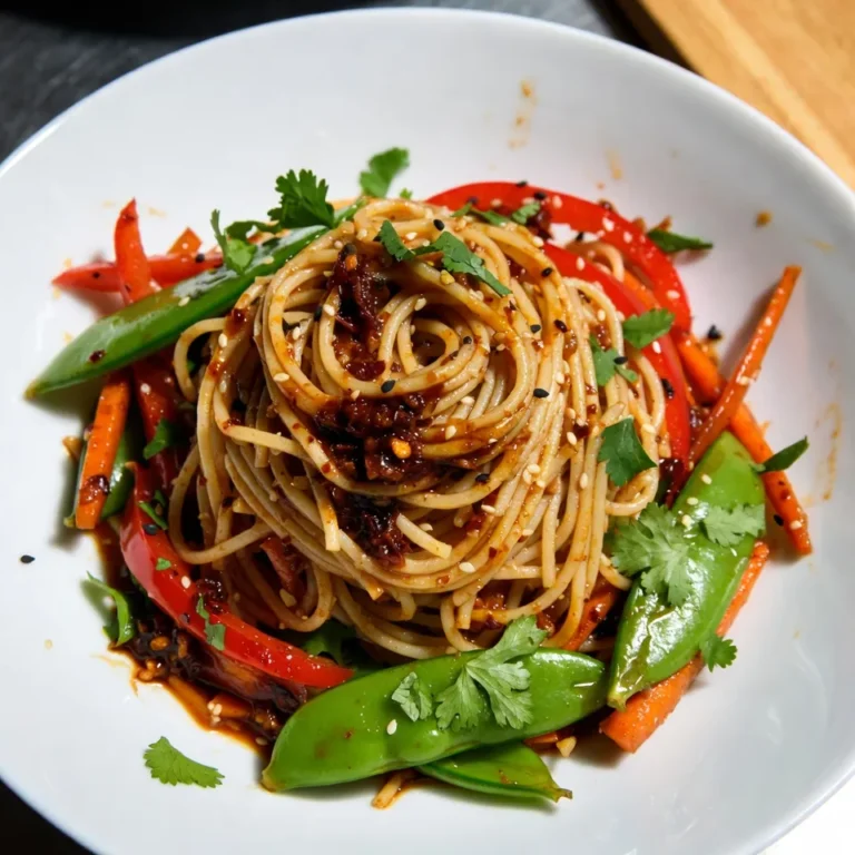 For this dish, I love using whole wheat spaghetti. It gives a nice, nutty flavor. You need 8 oz. of your favorite noodles for this recipe. Fresh vegetables make this stir fry pop! Here’s what you’ll need: - 1 bell pepper (red or yellow), sliced - 1 cup snap peas, trimmed - 1 medium carrot, julienned - 3 green onions, chopped - 2 cloves garlic, minced - 1 teaspoon fresh ginger, grated These veggies add color and crunch, making your meal both tasty and healthy. The right sauces boost the flavors in your stir fry. Get these: - 3 tablespoons soy sauce (low-sodium preferred) - 2 tablespoons sriracha sauce (adjust to taste) - 1 tablespoon rice vinegar - 2 tablespoons sesame oil Finish with sesame seeds and fresh herbs like cilantro or basil for a nice touch. These ingredients create a perfect balance of flavors and heat. Enjoy cooking! {{ingredient_image_1}} First, bring a large pot of salted water to a boil. Add 8 oz. of whole wheat spaghetti or your favorite noodles. Cook them until they are al dente, following the package directions. Once cooked, drain the noodles and rinse them under cold water. This stops the cooking and keeps them firm. Set the noodles aside while you prepare the rest. Grab a small bowl and whisk together the sauce. Mix 3 tablespoons of soy sauce, 2 tablespoons of sriracha sauce, 1 tablespoon of rice vinegar, and freshly grated ginger. This sauce packs a flavorful punch. Set it aside for later use. In a large skillet or wok, heat 2 tablespoons of sesame oil over medium-high heat. Once hot, add 2 cloves of minced garlic. Sauté for about 30 seconds until it smells amazing. Then, toss in your sliced bell pepper, trimmed snap peas, and julienned carrot. Stir-fry these for about 3-4 minutes. You want them tender but still crisp. Now it’s time to bring it all together. Add the cooked noodles to the skillet with the sautéed vegetables. Pour in your prepared sauce and toss everything together. Make sure the noodles get fully coated in that tasty sauce. Heat everything through for about 2-3 minutes. Finally, stir in the chopped green onions and cook for one more minute. Taste the dish and adjust the seasoning if needed. Serve the spicy sesame noodle stir fry in deep bowls. Don’t forget to sprinkle some sesame seeds and fresh herbs on top for a beautiful finish. Enjoy your meal! To get the best noodles, use a big pot with lots of water. Add a pinch of salt to the water for flavor. Cook the noodles until they are al dente, which means they should have a slight bite. After draining, rinse them with cold water. This stops the cooking and keeps them from sticking. If you like it hot, add more sriracha. For a milder dish, start with less. You can also mix in some honey or sugar to balance the heat. Another option is to add more veggies, like carrots, to tone down the spice. When stir-frying, keep the heat high. This helps cook the veggies fast while keeping them crisp. Don’t overcrowd the pan; work in batches if needed. Make sure to stir often to cook everything evenly. Finally, add the sauce at the end to coat the noodles and veggies without burning them. Pro Tips Fresh Ingredients: Use fresh vegetables for the best flavor and texture. Crisp snap peas and vibrant bell peppers enhance the dish. Adjusting Spice: If you prefer a milder version, reduce the sriracha sauce or serve it on the side for individual spice control. Protein Boost: Add cooked chicken, shrimp, or tofu for a protein boost and a more filling meal. Meal Prep Friendly: This dish is great for meal prep! You can store leftovers in the fridge for up to 3 days; just reheat before serving. {{image_2}} You can add protein to this dish easily. Tofu works great for a vegetarian option. Use firm tofu for best results. Just cube and sauté it until golden. For meat lovers, chicken is a good choice. Cut it into small pieces and cook it in the skillet before adding veggies. If you prefer seafood, shrimp is another tasty option. Cook the shrimp until they turn pink, then mix them in with the noodles. Each protein adds its own flavor and texture. Feel free to switch up the veggies in your stir fry. Broccoli, zucchini, or mushrooms are fantastic choices. You can also add bok choy or baby corn for a fun twist. Just remember to cut them into bite-sized pieces. This helps them cook evenly. The key is to balance the flavors and textures. Use whatever veggies you enjoy or have on hand. The result will still be delicious and colorful. If you need a gluten-free meal, swap out the noodles. Use rice noodles or gluten-free spaghetti instead. Make sure to check the soy sauce, too. You can find gluten-free versions in stores. This way, you can still enjoy all the flavors without the gluten. Just follow the same cooking steps, and you'll have a tasty dish that fits your needs. After enjoying your spicy sesame noodle stir fry, let it cool completely. Then, place the leftovers in an airtight container. This keeps the noodles fresh. Store them in the fridge for up to three days. If you want to keep them longer, consider freezing. To reheat, take the noodles out of the fridge. You can use a microwave or a skillet. If using a microwave, heat in 30-second bursts. Stir in between to avoid hot spots. If using a skillet, add a splash of water or oil. Heat over medium-low until warm, stirring often. If you want to freeze the stir fry, use a freezer-safe container. It can last up to two months in the freezer. When ready to eat, let it thaw in the fridge overnight. Reheat as mentioned above for best results. You can use chili paste or hot sauce. These options can give you heat. If you want less spice, try sweet chili sauce. It adds flavor without much heat. Yes, you can easily make this dish vegetarian. Just leave out any meat. Use tofu for protein instead. It soaks up the flavors well and adds texture. To lower the spice, reduce the sriracha. Start with one tablespoon instead of two. You can also add more noodles or veggies to balance the heat. Great sides include spring rolls or a fresh salad. You can also serve it with steamed dumplings. They complement the flavors well and make your meal fun. Add protein like chicken, shrimp, or tofu. This boosts nutrition and makes it more filling. You can also serve it with a side of steamed broccoli or bok choy for extra greens. This blog post covered key ingredients for a tasty noodle stir fry, from noodles and vegetables to sauces. I shared a step-by-step guide to help you cook this dish perfectly. You learned about tips for great noodles, adjusting spice, and variations with protein or gluten-free options. Storing leftovers and reheating tips will keep your meal fresh. Stir fry brings together flavors and textures in a quick dish. I hope you feel ready to create your own delicious version. Enjoy your cooking adventure!