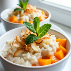 To make the Mango Coconut Rice Pudding, you need these simple items: - 1 cup Arborio rice - 2 cups coconut milk - 1 cup water - 1/2 cup sugar - 1 ripe mango, diced - 1 teaspoon vanilla extract - 1/4 teaspoon salt - 1/2 teaspoon ground cardamom - Toasted coconut flakes (for garnish) - Fresh mint leaves (for garnish) Each ingredient plays a key role in making this dessert creamy, sweet, and full of flavor. The Arborio rice gives it a nice texture, while coconut milk adds a rich taste. Mango brings a fruity twist that makes every bite special. You can find these ingredients at your local grocery store. Fresh mango is best, but you can use frozen if that’s easier. The toasted coconut flakes and mint leaves are perfect for a beautiful finish. They not only look great but also add extra flavor. Enjoy gathering these items for your delightful dessert! {{ingredient_image_1}} - Rinse the Arborio rice under cold water. This helps remove extra starch. - Dice the ripe mango into small pieces. You want them to be bite-sized. - In a medium saucepan, combine the rice, coconut milk, and water. Stir well. - Add the sugar, salt, and ground cardamom to the mix. Stir to blend. - Bring the mixture to a simmer over medium heat. Keep stirring to prevent sticking. - Lower the heat and cover the saucepan. Let it simmer for 20-25 minutes. The rice should be tender. - Once cooked, remove from heat and stir in the vanilla extract and diced mango. Mix gently. - Let the pudding cool for a bit at room temperature. You can also chill it in the fridge for 30 minutes. - To serve, spoon the pudding into bowls. Top with toasted coconut flakes and fresh mint leaves for a nice touch. To make your rice pudding creamy, use Arborio rice. This rice has a high starch content, which helps thicken the pudding. When you cook it, the starch releases and creates a smooth texture. Stir the mixture often to keep it from sticking to the bottom of the pot. When simmering, start with medium heat. This brings the mix to a gentle boil. Once it boils, reduce the heat to low and cover the pot. Let it simmer for 20 to 25 minutes. This slow cooking makes the rice tender and creamy. To add depth to your pudding, consider spices like cinnamon or nutmeg. These spices boost the flavor profile without overpowering the dish. You can also experiment with the sweetness. If you like it sweeter, add a little more sugar. Taste as you go, so it suits your preference. For a beautiful presentation, use toasted coconut flakes as a garnish. This adds a nice crunch. Fresh mint leaves also bring a pop of color and freshness. Serve the pudding in clear cups or bowls to show off its creamy texture and vibrant mango pieces. Pro Tips Use Fresh Mango: For the best flavor, choose a ripe mango that is slightly soft to the touch. This will enhance the sweetness and freshness of your pudding. Control the Creaminess: If you prefer a creamier texture, you can add an extra 1/2 cup of coconut milk towards the end of cooking. Cardamom Variation: Experiment with different spices like cinnamon or nutmeg instead of cardamom for a unique twist on the flavor profile. Serving Suggestions: Serve warm or chilled, and consider adding a drizzle of honey or maple syrup on top for extra sweetness. {{image_2}} You can try different rice types for this pudding. Jasmine rice gives a light scent. Long-grain rice works too, but it may change the texture. Arborio rice is ideal for creaminess. For milk options, you can use almond or oat milk. These choices give a unique taste. If you want a richer flavor, try heavy cream. Each swap changes the pudding a bit. Adding fruits or nuts can enhance the taste. Chopped bananas or berries work well. You can also mix in nuts like almonds or cashews for crunch. Using flavored extracts can add depth. Almond or coconut extract can make it special. Just a few drops can change the whole dish. If you want a vegan version, simply use coconut milk and skip the dairy. This pudding remains creamy and rich without milk. For a gluten-free option, this recipe is already safe! Just ensure your ingredients are certified gluten-free. You can enjoy this treat without worry. To store leftover mango coconut rice pudding, place it in an airtight container. Refrigerate it within two hours to keep it fresh. The pudding will stay good in the fridge for up to three days. If you want to keep it longer, you can freeze it. Use a freezer-safe container and leave some space at the top for expansion. It can last up to two months in the freezer. When stored properly, the pudding lasts three days in the fridge. In the freezer, it can last up to two months. Signs of spoilage include an off smell, a change in texture, or mold. If you notice any of these, it's best to throw it away. Always check for freshness before eating leftovers. To reheat the pudding, gently warm it in a saucepan over low heat. Stir it often to keep it smooth. You can also use the microwave. Heat it in short bursts, stirring in between. This method helps prevent texture loss. If the pudding seems thick after reheating, add a splash of coconut milk to restore creaminess. You can use short-grain rice or sushi rice. Both types have a similar texture. These rice types will help you achieve a creamy pudding. Avoid long-grain rice, as it won't work well in this recipe. Yes, you can make this pudding a day before. Just store it in the fridge. This will help the flavors blend nicely. When ready to serve, simply garnish with coconut flakes and mint. Absolutely! Canned coconut milk works great in this recipe. It adds rich flavor and creaminess. Make sure to shake the can well before using for the best results. The pudding needs about 30 minutes to cool in the fridge. If you prefer it at room temperature, let it cool for about 15 minutes. Cooling helps the flavors develop fully. Yes, frozen mango is a good option. Just thaw it before adding to the pudding. This will ensure a nice texture and flavor. Fresh or frozen mango both taste delicious! In this post, we explored a tasty mango coconut rice pudding. We covered all the ingredients needed, from Arborio rice to fresh mint. You learned step-by-step how to prepare and cook it for the best texture and taste. We shared tips on flavor upgrades and various ways to present the dish. Finally, we discussed storage methods to keep your pudding fresh. I hope you feel ready to try this delicious recipe. Enjoy making it your own!
