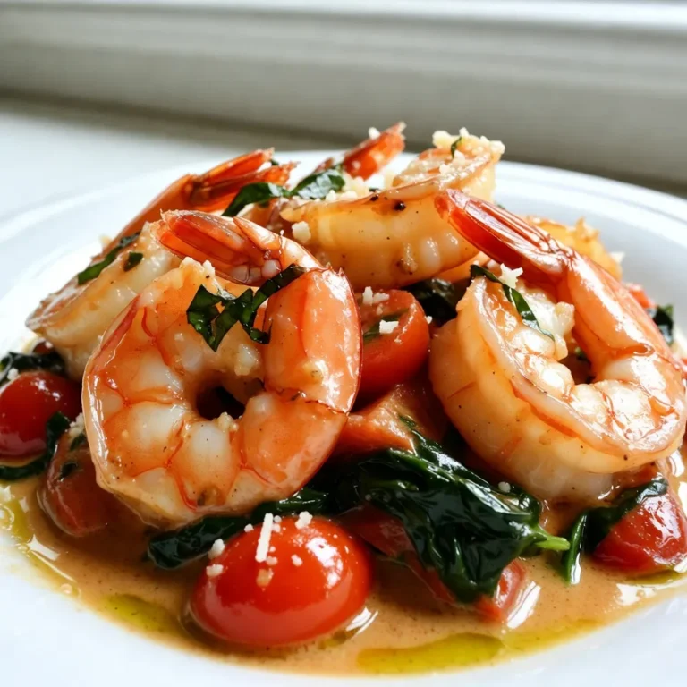 - 1 lb large shrimp, peeled and deveined - 2 tablespoons olive oil - 3 cloves garlic, minced - 1 cup cherry tomatoes, halved - 1 cup baby spinach - 1 cup heavy cream - ½ cup grated Parmesan cheese - 1 teaspoon Italian seasoning - Salt and pepper to taste - Fresh basil leaves for garnish The main ingredients create a tasty dish. Shrimp brings protein and flavor. Olive oil adds richness. Garlic gives a lovely aroma. Cherry tomatoes add sweetness and color. Baby spinach provides freshness and nutrients. For the creamy sauce, you need heavy cream. Grated Parmesan cheese thickens and flavors the sauce. Italian seasoning blends herbs for extra taste. Salt and pepper enhance all flavors. Fresh basil leaves make a bright garnish. With these ingredients, you can make a delicious meal in no time! {{ingredient_image_1}} How to perfectly cook shrimp To cook shrimp well, heat your olive oil on medium-high. When it shimmers, add the shrimp. Cook them for about 2-3 minutes on each side. Look for a bright pink color and firm texture. This shows they are done. Remove the shrimp from the skillet to prevent overcooking. Ensuring a smooth sauce texture To get a smooth sauce, make sure to stir the heavy cream slowly. After adding it to the skillet, let it simmer gently. Then, mix in the grated Parmesan cheese. This helps to avoid lumps. Stir until the cheese melts completely into the cream. Suggested seasonings and herbs Italian seasoning works great, but feel free to add more. Fresh herbs like thyme or rosemary can boost the flavor. A touch of lemon zest also brightens the dish. Adding spice or heat options If you like heat, try adding red pepper flakes. Start with a pinch and adjust to your taste. You can also use a dash of hot sauce for a different kick. Best ways to plate the dish For a stunning plate, use a shallow bowl. Place the creamy shrimp in the center. Use a spoon to drizzle extra sauce around the edges. This adds a nice touch. Ideas for garnishing Fresh basil leaves make a lovely garnish. You can also sprinkle some extra Parmesan cheese on top. A slice of lemon on the side brightens the dish visually and adds flavor. You can swap heavy cream for half-and-half or coconut cream. These options still bring a creamy texture but with less fat. For a lighter dish, Greek yogurt works well too. If you want to try different seafood, scallops and fish like salmon or tilapia fit nicely in this recipe. They add unique flavors and textures to the dish. Consider adding bell peppers or zucchini for extra color and nutrition. Mushrooms also blend well with the sauce. For seasonal variations, use asparagus in spring or butternut squash in fall. These vegetables bring fresh taste and crunch to your meal. Creamy Tuscan shrimp pairs wonderfully with pasta or rice. You can serve it over fettuccine for a classic touch. If you prefer something lighter, try it with quinoa or cauliflower rice. For creative side dishes, consider garlic bread or a fresh salad. These sides balance the rich flavors of the shrimp and sauce. Pro Tips Fresh Shrimp: Use the freshest shrimp you can find for the best flavor and texture. Look for shrimp that are firm and have a slightly sweet smell. Customize the Cream: Feel free to add a splash of white wine before the cream for an extra layer of flavor. It pairs beautifully with the shrimp and tomatoes. Thicker Sauce: For a thicker sauce, let the cream simmer a bit longer before adding the shrimp. This will help it reduce and become creamier. Herb Variations: Experiment with different herbs like thyme or oregano in place of Italian seasoning to customize the flavor profile to your liking. {{image_2}} To store leftovers, place them in an airtight container. This keeps the dish fresh. Make sure to cool it down to room temperature before sealing. You can store it in the fridge for up to three days. When you reheat it, do so gently on low heat. Stir often to keep the sauce smooth. For best practices, keep the shrimp and sauce separate if you can. This helps keep the shrimp from getting too soft. If you have extra ingredients, such as tomatoes or spinach, store them separately. This way, they stay fresh longer. Can Creamy Tuscan Shrimp be frozen? Yes, but it’s best to freeze the sauce and shrimp separately. This helps with texture when thawing. Pour the cooled sauce into a freezer-safe bag. Make sure to remove all the air before sealing. Store shrimp in their own bag, too. When you are ready to eat, thaw everything overnight in the fridge. To reheat, warm the sauce in a pan over low heat. Add the shrimp once the sauce is hot. Stir until everything is heated through. The expected longevity of the stored dish is about three days in the fridge. If frozen, the shrimp and sauce can last up to two months. Always check for signs of spoilage before eating. If you see any off smells or changes in color, it’s best to toss it out. - Each serving has about 400 calories. - Here is the macronutrient breakdown: - Protein: 30g - Carbohydrates: 6g - Fat: 30g - This dish is not gluten-free due to the heavy cream. - You can make it dairy-free by using coconut cream. - Shrimp is low in calories but high in protein. - Spinach adds vitamins A and K, boosting nutrition. - Tomatoes offer antioxidants, which are good for health. This post guided you through making Creamy Tuscan Shrimp. We discussed key ingredients like shrimp, garlic, and cherry tomatoes, plus delicious tips for cooking and serving. You now have techniques to swap ingredients and enhance flavors, making this dish your own. In closing, this dish is not just a recipe; it's a canvas for creativity. Enjoy cooking and sharing this fantastic meal!