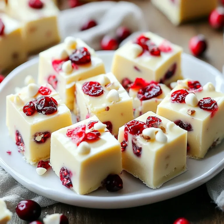 To make this tasty fudge, you need a few key items: - 2 cups white chocolate chips - 1 can (14 oz) sweetened condensed milk - 1 teaspoon vanilla extract - 1 cup dried cranberries, chopped - Pinch of salt These ingredients create a creamy and sweet base. The white chocolate chips are the star, giving the fudge its rich flavor. The sweetened condensed milk adds a smooth texture. The cranberries provide a fruity pop that pairs well with the chocolate. You can enhance your fudge with some optional ingredients: - 1/2 cup walnuts, chopped (optional) - Extra dried cranberries and white chocolate chips for topping Adding walnuts gives a nice crunch. If you love cranberries, sprinkle extra on top for a festive look. These options let you customize your fudge to your taste. You will need a few simple tools to make this fudge: - 8x8 inch square baking dish - Parchment paper - Medium saucepan - Spatula Using parchment paper helps you lift the fudge out easily. A medium saucepan is perfect for melting the chocolate and milk. A spatula ensures you mix and spread everything well. With these tools, making fudge becomes a breeze! {{ingredient_image_1}} Before cooking, gather your ingredients. You need: - 2 cups white chocolate chips - 1 can (14 oz) sweetened condensed milk - 1 teaspoon vanilla extract - 1 cup dried cranberries, chopped - 1/2 cup walnuts, chopped (optional) - Pinch of salt - Extra dried cranberries and white chocolate chips for topping Also, get your tools ready. You will need a medium saucepan, an 8x8 inch square baking dish, and a spatula. Prepare the baking dish by lining it with parchment paper. Leave some paper hanging over the sides. This helps you lift the fudge out later. 1. Melt the Chocolate: Place the white chocolate chips and sweetened condensed milk in the saucepan. Cook on low heat. Stir often until the chocolate melts and the mix is smooth. 2. Add Flavor: Take the saucepan off the heat. Stir in the vanilla extract and a pinch of salt. This adds great taste! 3. Mix in the Good Stuff: Gently fold in the chopped dried cranberries and walnuts if you want them. Make sure they are spread evenly. 4. Pour and Spread: Pour the fudge mix into your lined baking dish. Use a spatula to spread it out evenly. 5. Add Toppings: Sprinkle extra dried cranberries and white chocolate chips on top. Press them in lightly to keep them from falling off. 6. Chill: Put the fudge in the fridge for at least 3 hours. It needs to set completely before you cut it. 7. Cut and Serve: Once set, lift the fudge out using the parchment paper. Cut it into small squares. Enjoy your tasty treat! To ensure your fudge turns out smooth, keep the heat low while melting the chocolate. Stir often to avoid burning. If the fudge is too thick, you can add a little more sweetened condensed milk. Also, make sure to mix in the ingredients gently. This keeps the fudge light and fluffy. When making cranberry white chocolate fudge, some mistakes can ruin the fun. Here are a few to watch for: - Not using low heat: Always melt white chocolate on low heat. High heat can burn it. - Skipping the salt: A pinch of salt balances the sweet taste. Don't leave it out. - Overmixing after adding cranberries: Gently fold them in. Overmixing can make the fudge grainy. - Not chilling long enough: This fudge needs at least three hours to set properly. Be patient. For smooth and creamy fudge, follow these tips: - Use good quality chocolate: High-quality white chocolate chips melt better. - Stir constantly: Mixing the chocolate and condensed milk keeps it smooth. - Check for lumps: Make sure the mixture is completely melted before adding extras. - Let it cool slightly: Allow the mixture to cool for a few minutes before pouring it into the dish. This helps it set evenly. This fudge is a treat for the eyes and taste buds. Here are some fun ideas for serving: - Plate it nicely: Stack fudge squares on a decorative plate. Add chopped cranberries for color. - Wrap for gifts: Use clear cellophane to wrap individual pieces. They make great gifts! - Pair with drinks: Serve with hot cocoa or coffee for a cozy treat. - Add a scoop of ice cream: A small scoop of vanilla ice cream pairs well with fudge. Pro Tips Use High-Quality Chocolate: Opt for premium white chocolate chips for a smoother, richer flavor in your fudge. Chill for Perfect Texture: Allow the fudge to chill for a full 3 hours or more to achieve the ideal firmness. Enhance with Spices: Add a pinch of cinnamon or nutmeg to the mixture for a warm, holiday-inspired flavor. Store Properly: Keep the fudge in an airtight container in the refrigerator to maintain freshness for up to 2 weeks. {{image_2}} You can switch things up with your fudge. Try adding different nuts like almonds or pecans. If you want a fruity twist, mix in dried cherries or blueberries. You can also use coconut for a tropical flair. Each mix-in adds a unique taste and texture. Making vegan fudge is easy. Use dairy-free white chocolate chips and coconut milk. For a gluten-free option, just check the labels on your ingredients. Most white chocolate chips are gluten-free, but it’s always good to confirm. These simple swaps let everyone enjoy the treat. Add a splash of orange zest for a bright flavor. It pairs well with cranberries. A sprinkle of cinnamon adds warmth and spice. You can also mix in a hint of peppermint extract for a festive touch. Each flavor enhancement makes your fudge more special and fun. To keep your cranberry white chocolate fudge fresh, store it in an airtight container. Use parchment paper between layers to prevent sticking. This keeps the fudge from drying out and helps maintain its creamy texture. Always place the container in a cool, dry area. Avoid direct sunlight or heat sources, as they can melt the fudge. When stored properly, fudge can last up to two weeks at room temperature. If you want to keep it longer, refrigerate it. In the fridge, it can last for about three weeks. Always check for any signs of spoilage, like an off smell or changes in texture. You can freeze fudge for even longer storage. Cut the fudge into squares and wrap each piece tightly in plastic wrap. Place the wrapped fudge in a freezer bag or airtight container. It can stay in the freezer for up to three months. To thaw, simply take out the fudge and let it sit at room temperature for a few hours. Enjoy your delicious treat once it’s soft and ready to eat! Yes, you can use other chocolates. Dark chocolate gives a rich taste. Milk chocolate makes it sweeter. Keep in mind that the fudge's texture may change. White chocolate creates a creamy base that pairs well with cranberries. Experiment with flavors to find your favorite. To cut fudge easily, use a sharp knife. Lightly grease the knife to help it glide. You can also warm the knife under hot water. Wipe it dry before cutting. For neat squares, cut while the fudge is cold. Remove it from the pan using the parchment paper. To reduce the sweetness, try using less sweet chocolate. You can mix in some unsweetened cocoa powder. Another option is to add more dried cranberries. They add tartness and balance the sweetness. Taste the mixture before pouring it into the dish. Adjust until you find a flavor you love. Cranberry white chocolate fudge is easy to make with the right mix of ingredients. We covered essential and optional items, and tools you need. Following step-by-step cooking tips helps ensure smooth fudge. Remember to avoid common mistakes for the perfect texture. You can explore fun mix-ins and modifications too. Store your fudge properly to enjoy it longer. With this guide, you can create delicious fudge that fits your taste. Happy cooking, and enjoy sharing your fudge with friends and family!