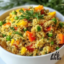 - 1 cup quinoa, rinsed - 2 cups vegetable broth - 1 tablespoon olive oil - 1 small onion, finely chopped - 2 garlic cloves, minced - 1 cup bell peppers (any color), diced - 1 carrot, diced - 1/2 cup peas (fresh or frozen) The main ingredients create a base for our pilaf. Quinoa is the star. It cooks up fluffy and full of protein. Use vegetable broth for rich flavor. A touch of olive oil adds nice depth. Onion and garlic give a sweet aroma. Bell peppers and carrot add crunch and color. Peas bring a pop of sweetness. - Zest of 1 lemon - Juice of 1 lemon - 1 tablespoon fresh parsley, chopped - 1 tablespoon fresh dill, chopped - Salt and pepper to taste Herbs and seasonings bring life to the dish. Lemon zest and juice give bright flavor. Fresh parsley and dill add a burst of green goodness. Salt and pepper balance the flavors. These simple ingredients make the pilaf shine. - Medium saucepan - Measuring cups and spoons - Knife and chopping board You need just a few tools to make this dish. A medium saucepan works best for cooking quinoa. Use measuring cups and spoons for accuracy. A knife and chopping board help prepare your veggies. With these items, you are ready to cook! {{ingredient_image_1}} - Rinse quinoa: Start by placing one cup of quinoa in a fine-mesh sieve. Rinse it under cold water for about 30 seconds. This removes the bitter coating called saponin. Rinsing helps your quinoa taste nice and fresh. - Chop vegetables: Next, finely chop one small onion and mince two garlic cloves. Dice one cup of bell peppers, any color you like. Then, dice one carrot and get half a cup of peas ready. Fresh or frozen peas work well. - Sauté onions and garlic: Heat one tablespoon of olive oil in a medium saucepan over medium heat. Add the chopped onion and sauté for 3-4 minutes. When the onion turns translucent, add the minced garlic. Cook for another 2-3 minutes until fragrant. - Add bell peppers, carrots, and peas: Now, toss in the diced bell peppers, carrots, and peas. Stir everything together and let it cook for 2 more minutes. This helps the veggies soften and mix their flavors. - Stir in quinoa and vegetable broth: Add the rinsed quinoa to the pan and mix well with the veggies. Then, pour in two cups of vegetable broth. Raise the heat until it boils. Once boiling, reduce the heat to low, cover, and let it simmer for about 15 minutes. The quinoa will soak up all the broth and become fluffy. - Fluff quinoa after resting: When the quinoa is cooked, remove the pan from the heat. Let it sit covered for 5 minutes. This extra time helps the grains finish cooking. Then, use a fork to fluff the quinoa gently. - Stir in lemon and herbs: Finally, mix in the zest and juice of one lemon, along with one tablespoon each of chopped parsley and dill. Season with salt and pepper to taste. This adds a fresh, bright flavor to your pilaf. Serve it warm and enjoy! - To ensure perfect quinoa texture, rinse it well before cooking. This step removes bitterness. - Adjust cooking time based on quinoa type. White quinoa cooks in about 15 minutes. Red or black quinoa may take a bit longer. - You can add spices like cumin or paprika for extra warmth. These spices boost the dish’s flavor. - Mix in different vegetables, like zucchini or corn. This change keeps the pilaf fresh and exciting. - Pair this pilaf with grilled chicken or fish. The lightness of quinoa complements these proteins well. - Serve it as a salad base. Add fresh greens and a light dressing for a bright meal. Pro Tips Rinse the Quinoa: Always rinse quinoa under cold water before cooking to remove its natural coating, called saponin, which can give a bitter taste. Use Homemade Broth: If possible, use homemade vegetable broth for a fresher flavor. Store-bought broths can be high in sodium, so choose low-sodium options if necessary. Add More Veggies: Feel free to add more vegetables like zucchini or spinach for additional flavor and nutrition. Just adjust cooking times accordingly. Let it Sit: After cooking, let the quinoa sit covered for a few minutes to allow it to fluff up perfectly before serving. {{image_2}} You can easily make this dish gluten-free by checking your vegetable broth. Most brands are gluten-free, but always read labels. For a vegan version, simply ensure your broth is plant-based. This recipe is already vegan-friendly, so you can enjoy it without any changes. For a Mediterranean twist, add olives and sun-dried tomatoes. These ingredients add a salty punch. A spicy version is fun too! Just toss in some diced jalapeños for heat. This gives the pilaf a whole new kick and makes it exciting. Using seasonal vegetables can make this dish even better. In spring, try adding fresh asparagus or peas. In summer, zucchini or cherry tomatoes work well. Fall brings sweet potatoes or butternut squash, while winter is great for hearty vegetables like Brussels sprouts or carrots. Mixing in these fresh veggies can enhance the taste and nutrition of your pilaf. To keep your Lemon Herb Quinoa Pilaf fresh, store it in an airtight container. Place the container in the fridge. It stays good for about 3 to 5 days. If you want to save it longer, you can freeze it. Use a freezer-safe container or bag, and it can last for up to 2 months. When you are ready to eat the leftovers, you can reheat quinoa pilaf in a few ways. The best method is to use the microwave. Place the pilaf in a bowl, add a splash of water, and cover it. Heat for 1 to 2 minutes, stirring halfway. You can also reheat it on the stove. Just add it to a pan over low heat and stir until warm. In the fridge, Lemon Herb Quinoa Pilaf lasts about 3 to 5 days. In the freezer, it can last for up to 2 months. After this time, the quality may drop, but it is still safe to eat. Always check for signs of spoilage before consuming. To make quinoa fluffy, follow these steps: - Rinse the quinoa before cooking. This removes bitter saponins. - Use the right water-to-quinoa ratio. For every cup of quinoa, use two cups of liquid. - Bring the liquid to a boil first. This helps the quinoa cook evenly. - Cover the pot and reduce heat to low. This keeps the steam in. - Let it sit covered after cooking. This step is key for fluffiness. Fluff the quinoa gently with a fork after it rests. This separates the grains and gives a light texture. Yes, you can use water instead of broth. However, using broth adds more flavor. If you choose water, consider adding herbs or spices to boost taste. You might use a bit more salt too. Adjust the seasoning to keep the dish tasty. Lemon Herb Quinoa Pilaf pairs well with many dishes: - Grilled chicken or fish for protein. - Roasted veggies for a hearty meal. - A fresh salad for a lighter option. - Stuffed peppers for a fun twist. This pilaf works as a great side dish or a light main course. Feel free to mix and match with your favorite proteins and veggies! This blog post covered how to make a tasty lemon herb quinoa pilaf. We explored main ingredients, herbs, and equipment needed. I shared step-by-step instructions and helpful tips for perfect texture. We also discussed dietary variations and storage. In conclusion, this dish offers flexibility and flavor. You can personalize it or enjoy it as is. Now, it's your turn to try making this healthy meal!