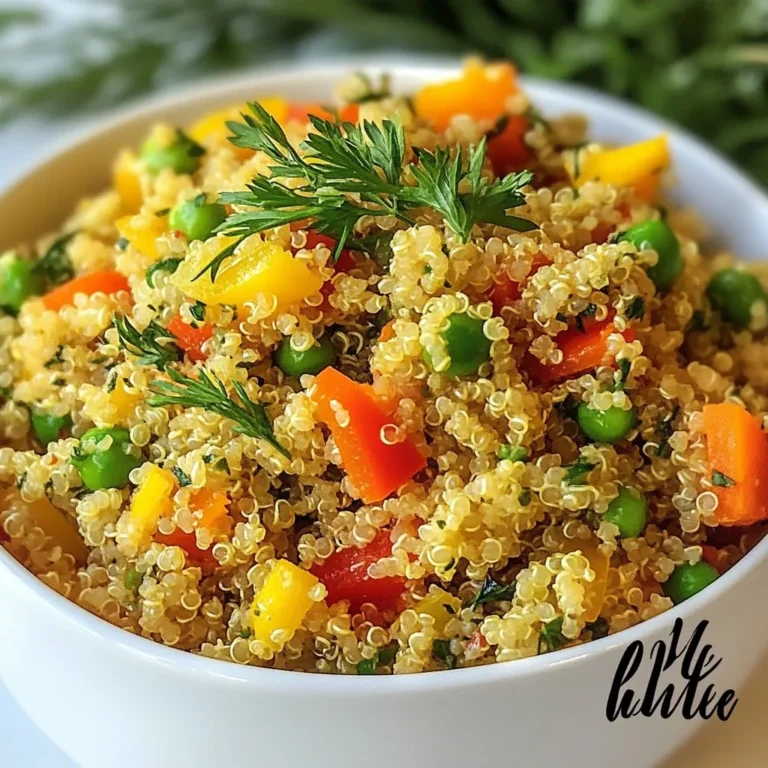 - 1 cup quinoa, rinsed - 2 cups vegetable broth - 1 tablespoon olive oil - 1 small onion, finely chopped - 2 garlic cloves, minced - 1 cup bell peppers (any color), diced - 1 carrot, diced - 1/2 cup peas (fresh or frozen) The main ingredients create a base for our pilaf. Quinoa is the star. It cooks up fluffy and full of protein. Use vegetable broth for rich flavor. A touch of olive oil adds nice depth. Onion and garlic give a sweet aroma. Bell peppers and carrot add crunch and color. Peas bring a pop of sweetness. - Zest of 1 lemon - Juice of 1 lemon - 1 tablespoon fresh parsley, chopped - 1 tablespoon fresh dill, chopped - Salt and pepper to taste Herbs and seasonings bring life to the dish. Lemon zest and juice give bright flavor. Fresh parsley and dill add a burst of green goodness. Salt and pepper balance the flavors. These simple ingredients make the pilaf shine. - Medium saucepan - Measuring cups and spoons - Knife and chopping board You need just a few tools to make this dish. A medium saucepan works best for cooking quinoa. Use measuring cups and spoons for accuracy. A knife and chopping board help prepare your veggies. With these items, you are ready to cook! {{ingredient_image_1}} - Rinse quinoa: Start by placing one cup of quinoa in a fine-mesh sieve. Rinse it under cold water for about 30 seconds. This removes the bitter coating called saponin. Rinsing helps your quinoa taste nice and fresh. - Chop vegetables: Next, finely chop one small onion and mince two garlic cloves. Dice one cup of bell peppers, any color you like. Then, dice one carrot and get half a cup of peas ready. Fresh or frozen peas work well. - Sauté onions and garlic: Heat one tablespoon of olive oil in a medium saucepan over medium heat. Add the chopped onion and sauté for 3-4 minutes. When the onion turns translucent, add the minced garlic. Cook for another 2-3 minutes until fragrant. - Add bell peppers, carrots, and peas: Now, toss in the diced bell peppers, carrots, and peas. Stir everything together and let it cook for 2 more minutes. This helps the veggies soften and mix their flavors. - Stir in quinoa and vegetable broth: Add the rinsed quinoa to the pan and mix well with the veggies. Then, pour in two cups of vegetable broth. Raise the heat until it boils. Once boiling, reduce the heat to low, cover, and let it simmer for about 15 minutes. The quinoa will soak up all the broth and become fluffy. - Fluff quinoa after resting: When the quinoa is cooked, remove the pan from the heat. Let it sit covered for 5 minutes. This extra time helps the grains finish cooking. Then, use a fork to fluff the quinoa gently. - Stir in lemon and herbs: Finally, mix in the zest and juice of one lemon, along with one tablespoon each of chopped parsley and dill. Season with salt and pepper to taste. This adds a fresh, bright flavor to your pilaf. Serve it warm and enjoy! - To ensure perfect quinoa texture, rinse it well before cooking. This step removes bitterness. - Adjust cooking time based on quinoa type. White quinoa cooks in about 15 minutes. Red or black quinoa may take a bit longer. - You can add spices like cumin or paprika for extra warmth. These spices boost the dish’s flavor. - Mix in different vegetables, like zucchini or corn. This change keeps the pilaf fresh and exciting. - Pair this pilaf with grilled chicken or fish. The lightness of quinoa complements these proteins well. - Serve it as a salad base. Add fresh greens and a light dressing for a bright meal. Pro Tips Rinse the Quinoa: Always rinse quinoa under cold water before cooking to remove its natural coating, called saponin, which can give a bitter taste. Use Homemade Broth: If possible, use homemade vegetable broth for a fresher flavor. Store-bought broths can be high in sodium, so choose low-sodium options if necessary. Add More Veggies: Feel free to add more vegetables like zucchini or spinach for additional flavor and nutrition. Just adjust cooking times accordingly. Let it Sit: After cooking, let the quinoa sit covered for a few minutes to allow it to fluff up perfectly before serving. {{image_2}} You can easily make this dish gluten-free by checking your vegetable broth. Most brands are gluten-free, but always read labels. For a vegan version, simply ensure your broth is plant-based. This recipe is already vegan-friendly, so you can enjoy it without any changes. For a Mediterranean twist, add olives and sun-dried tomatoes. These ingredients add a salty punch. A spicy version is fun too! Just toss in some diced jalapeños for heat. This gives the pilaf a whole new kick and makes it exciting. Using seasonal vegetables can make this dish even better. In spring, try adding fresh asparagus or peas. In summer, zucchini or cherry tomatoes work well. Fall brings sweet potatoes or butternut squash, while winter is great for hearty vegetables like Brussels sprouts or carrots. Mixing in these fresh veggies can enhance the taste and nutrition of your pilaf. To keep your Lemon Herb Quinoa Pilaf fresh, store it in an airtight container. Place the container in the fridge. It stays good for about 3 to 5 days. If you want to save it longer, you can freeze it. Use a freezer-safe container or bag, and it can last for up to 2 months. When you are ready to eat the leftovers, you can reheat quinoa pilaf in a few ways. The best method is to use the microwave. Place the pilaf in a bowl, add a splash of water, and cover it. Heat for 1 to 2 minutes, stirring halfway. You can also reheat it on the stove. Just add it to a pan over low heat and stir until warm. In the fridge, Lemon Herb Quinoa Pilaf lasts about 3 to 5 days. In the freezer, it can last for up to 2 months. After this time, the quality may drop, but it is still safe to eat. Always check for signs of spoilage before consuming. To make quinoa fluffy, follow these steps: - Rinse the quinoa before cooking. This removes bitter saponins. - Use the right water-to-quinoa ratio. For every cup of quinoa, use two cups of liquid. - Bring the liquid to a boil first. This helps the quinoa cook evenly. - Cover the pot and reduce heat to low. This keeps the steam in. - Let it sit covered after cooking. This step is key for fluffiness. Fluff the quinoa gently with a fork after it rests. This separates the grains and gives a light texture. Yes, you can use water instead of broth. However, using broth adds more flavor. If you choose water, consider adding herbs or spices to boost taste. You might use a bit more salt too. Adjust the seasoning to keep the dish tasty. Lemon Herb Quinoa Pilaf pairs well with many dishes: - Grilled chicken or fish for protein. - Roasted veggies for a hearty meal. - A fresh salad for a lighter option. - Stuffed peppers for a fun twist. This pilaf works as a great side dish or a light main course. Feel free to mix and match with your favorite proteins and veggies! This blog post covered how to make a tasty lemon herb quinoa pilaf. We explored main ingredients, herbs, and equipment needed. I shared step-by-step instructions and helpful tips for perfect texture. We also discussed dietary variations and storage. In conclusion, this dish offers flexibility and flavor. You can personalize it or enjoy it as is. Now, it's your turn to try making this healthy meal!