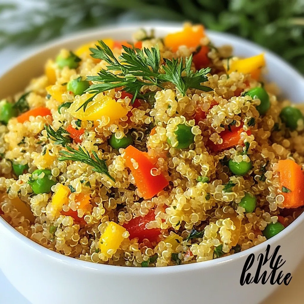 - 1 cup quinoa, rinsed - 2 cups vegetable broth - 1 tablespoon olive oil - 1 small onion, finely chopped - 2 garlic cloves, minced - 1 cup bell peppers (any color), diced - 1 carrot, diced - 1/2 cup peas (fresh or frozen) The main ingredients create a base for our pilaf. Quinoa is the star. It cooks up fluffy and full of protein. Use vegetable broth for rich flavor. A touch of olive oil adds nice depth. Onion and garlic give a sweet aroma. Bell peppers and carrot add crunch and color. Peas bring a pop of sweetness. - Zest of 1 lemon - Juice of 1 lemon - 1 tablespoon fresh parsley, chopped - 1 tablespoon fresh dill, chopped - Salt and pepper to taste Herbs and seasonings bring life to the dish. Lemon zest and juice give bright flavor. Fresh parsley and dill add a burst of green goodness. Salt and pepper balance the flavors. These simple ingredients make the pilaf shine. - Medium saucepan - Measuring cups and spoons - Knife and chopping board You need just a few tools to make this dish. A medium saucepan works best for cooking quinoa. Use measuring cups and spoons for accuracy. A knife and chopping board help prepare your veggies. With these items, you are ready to cook! {{ingredient_image_1}} - Rinse quinoa: Start by placing one cup of quinoa in a fine-mesh sieve. Rinse it under cold water for about 30 seconds. This removes the bitter coating called saponin. Rinsing helps your quinoa taste nice and fresh. - Chop vegetables: Next, finely chop one small onion and mince two garlic cloves. Dice one cup of bell peppers, any color you like. Then, dice one carrot and get half a cup of peas ready. Fresh or frozen peas work well. - Sauté onions and garlic: Heat one tablespoon of olive oil in a medium saucepan over medium heat. Add the chopped onion and sauté for 3-4 minutes. When the onion turns translucent, add the minced garlic. Cook for another 2-3 minutes until fragrant. - Add bell peppers, carrots, and peas: Now, toss in the diced bell peppers, carrots, and peas. Stir everything together and let it cook for 2 more minutes. This helps the veggies soften and mix their flavors. - Stir in quinoa and vegetable broth: Add the rinsed quinoa to the pan and mix well with the veggies. Then, pour in two cups of vegetable broth. Raise the heat until it boils. Once boiling, reduce the heat to low, cover, and let it simmer for about 15 minutes. The quinoa will soak up all the broth and become fluffy. - Fluff quinoa after resting: When the quinoa is cooked, remove the pan from the heat. Let it sit covered for 5 minutes. This extra time helps the grains finish cooking. Then, use a fork to fluff the quinoa gently. - Stir in lemon and herbs: Finally, mix in the zest and juice of one lemon, along with one tablespoon each of chopped parsley and dill. Season with salt and pepper to taste. This adds a fresh, bright flavor to your pilaf. Serve it warm and enjoy! - To ensure perfect quinoa texture, rinse it well before cooking. This step removes bitterness. - Adjust cooking time based on quinoa type. White quinoa cooks in about 15 minutes. Red or black quinoa may take a bit longer. - You can add spices like cumin or paprika for extra warmth. These spices boost the dish’s flavor. - Mix in different vegetables, like zucchini or corn. This change keeps the pilaf fresh and exciting. - Pair this pilaf with grilled chicken or fish. The lightness of quinoa complements these proteins well. - Serve it as a salad base. Add fresh greens and a light dressing for a bright meal. Pro Tips Rinse the Quinoa: Always rinse quinoa under cold water before cooking to remove its natural coating, called saponin, which can give a bitter taste. Use Homemade Broth: If possible, use homemade vegetable broth for a fresher flavor. Store-bought broths can be high in sodium, so choose low-sodium options if necessary. Add More Veggies: Feel free to add more vegetables like zucchini or spinach for additional flavor and nutrition. Just adjust cooking times accordingly. Let it Sit: After cooking, let the quinoa sit covered for a few minutes to allow it to fluff up perfectly before serving. {{image_2}} You can easily make this dish gluten-free by checking your vegetable broth. Most brands are gluten-free, but always read labels. For a vegan version, simply ensure your broth is plant-based. This recipe is already vegan-friendly, so you can enjoy it without any changes. For a Mediterranean twist, add olives and sun-dried tomatoes. These ingredients add a salty punch. A spicy version is fun too! Just toss in some diced jalapeños for heat. This gives the pilaf a whole new kick and makes it exciting. Using seasonal vegetables can make this dish even better. In spring, try adding fresh asparagus or peas. In summer, zucchini or cherry tomatoes work well. Fall brings sweet potatoes or butternut squash, while winter is great for hearty vegetables like Brussels sprouts or carrots. Mixing in these fresh veggies can enhance the taste and nutrition of your pilaf. To keep your Lemon Herb Quinoa Pilaf fresh, store it in an airtight container. Place the container in the fridge. It stays good for about 3 to 5 days. If you want to save it longer, you can freeze it. Use a freezer-safe container or bag, and it can last for up to 2 months. When you are ready to eat the leftovers, you can reheat quinoa pilaf in a few ways. The best method is to use the microwave. Place the pilaf in a bowl, add a splash of water, and cover it. Heat for 1 to 2 minutes, stirring halfway. You can also reheat it on the stove. Just add it to a pan over low heat and stir until warm. In the fridge, Lemon Herb Quinoa Pilaf lasts about 3 to 5 days. In the freezer, it can last for up to 2 months. After this time, the quality may drop, but it is still safe to eat. Always check for signs of spoilage before consuming. To make quinoa fluffy, follow these steps: - Rinse the quinoa before cooking. This removes bitter saponins. - Use the right water-to-quinoa ratio. For every cup of quinoa, use two cups of liquid. - Bring the liquid to a boil first. This helps the quinoa cook evenly. - Cover the pot and reduce heat to low. This keeps the steam in. - Let it sit covered after cooking. This step is key for fluffiness. Fluff the quinoa gently with a fork after it rests. This separates the grains and gives a light texture. Yes, you can use water instead of broth. However, using broth adds more flavor. If you choose water, consider adding herbs or spices to boost taste. You might use a bit more salt too. Adjust the seasoning to keep the dish tasty. Lemon Herb Quinoa Pilaf pairs well with many dishes: - Grilled chicken or fish for protein. - Roasted veggies for a hearty meal. - A fresh salad for a lighter option. - Stuffed peppers for a fun twist. This pilaf works as a great side dish or a light main course. Feel free to mix and match with your favorite proteins and veggies! This blog post covered how to make a tasty lemon herb quinoa pilaf. We explored main ingredients, herbs, and equipment needed. I shared step-by-step instructions and helpful tips for perfect texture. We also discussed dietary variations and storage. In conclusion, this dish offers flexibility and flavor. You can personalize it or enjoy it as is. Now, it's your turn to try making this healthy meal!