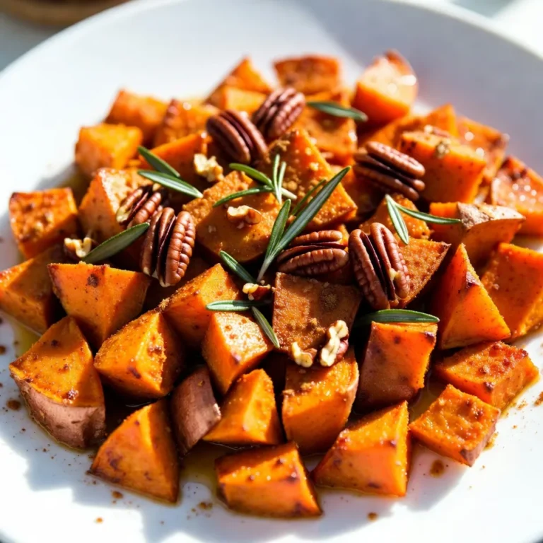To make maple cinnamon roasted sweet potatoes, you need: - 4 medium sweet potatoes, peeled and cubed - 3 tablespoons olive oil - 1/4 cup pure maple syrup - 1 teaspoon ground cinnamon - 1/2 teaspoon nutmeg - Salt and pepper to taste - 1 tablespoon fresh rosemary, chopped (optional) - Chopped pecans or walnuts for garnish (optional) You can make your dish even better with a few optional items. Fresh rosemary adds a nice touch. Nuts like pecans or walnuts give a great crunch. They also add healthy fats. You can use other spices, like ginger or allspice, for extra flavor. Using high-quality ingredients makes a big difference. Fresh sweet potatoes have a better taste. Pure maple syrup is key for rich flavor. It’s worth it to avoid imitation syrups. Good oil, like olive oil, adds depth to the dish. Fresh herbs also elevate the taste. Always choose the best you can find. Good ingredients lead to great meals! {{ingredient_image_1}} Start by gathering all your ingredients. You need: - 4 medium sweet potatoes, peeled and cubed - 3 tablespoons olive oil - 1/4 cup pure maple syrup - 1 teaspoon ground cinnamon - 1/2 teaspoon nutmeg - Salt and pepper to taste - 1 tablespoon fresh rosemary, chopped (optional) - Chopped pecans or walnuts for garnish (optional) Next, preheat your oven to 425°F (220°C). This heat will help caramelize the sweet potatoes. Line a large baking sheet with parchment paper. This makes cleaning easier later. In a large mixing bowl, add the cubed sweet potatoes. Pour in the olive oil and maple syrup. Then sprinkle the ground cinnamon and nutmeg. Season with salt and pepper. Mix everything well. Make sure each sweet potato piece gets a nice coat. Spread the sweet potatoes out on the prepared baking sheet. Arrange them in a single layer. Avoid crowding the pan. This helps them roast evenly. Now, place the baking sheet in the oven. Roast for 25 to 30 minutes. Halfway through, give them a stir. You want them tender and caramelized. If you like, sprinkle fresh rosemary over the sweet potatoes for the last 5 minutes of roasting. This adds extra flavor. Once they are done, take them out and let them cool a bit. If you want, garnish with chopped pecans or walnuts before serving. To get the best results, make sure the sweet potatoes are cut evenly. This helps them cook at the same rate. Keep an eye on them as they roast. If they start to brown too fast, lower the oven temperature slightly. For added crunch, try using nuts as a topping. They pair well with the soft sweet potatoes. Finally, feel free to experiment with spices. You can add cayenne for heat or swap in other herbs for flavor. Enjoy your cooking! To get that lovely caramelization, cut your sweet potatoes into even pieces. This helps them cook evenly. Coat them well with olive oil and maple syrup. This mix not only adds flavor but also helps them brown nicely. Spread them out on the baking sheet. Make sure they are not too close together. When they roast, they need space to caramelize. Stir them halfway through cooking. This ensures all sides get that nice, golden look. If you want to switch things up, try different spices! Instead of cinnamon, use ginger or allspice. You can also add a pinch of cayenne for a spicy kick. For a savory twist, sprinkle garlic powder or smoked paprika. Fresh herbs like thyme or sage can add a nice touch. Feel free to experiment and find your favorite mix! These roasted sweet potatoes are great on their own. But you can make them even better! Serve them as a side dish with roasted chicken or grilled fish. They also taste amazing in a salad with greens and nuts. Top them with yogurt for a creamy contrast. You can even use them in tacos for a fun twist. Enjoy them hot or at room temperature! Pro Tips Choose the Right Sweet Potatoes: For the best flavor and texture, select firm sweet potatoes that are free of blemishes and soft spots. Customize the Sweetness: Adjust the amount of maple syrup based on your preference for sweetness; you can reduce it for a less sweet dish or increase it for a sweeter profile. Ensure Even Cooking: Cut sweet potatoes into uniform cubes to ensure they cook evenly and achieve that perfect caramelization. Use Fresh Herbs: Fresh rosemary adds a wonderful aroma and flavor; try experimenting with other herbs like thyme or sage for a different twist. {{image_2}} This recipe is naturally vegan and gluten-free. Sweet potatoes are great for everyone. They are sweet, creamy, and full of nutrients. Use pure maple syrup to keep it vegan. Olive oil is also a good choice. You can enjoy this dish without any animal products or gluten. You can change the flavors by swapping some ingredients. Try adding a pinch of cayenne for heat. You could also use brown sugar instead of maple syrup. For a citrus twist, add orange juice or zest. If you want a nutty flavor, toss in some almond extract. Each swap gives a new taste to the dish. To make this dish a full meal, add some protein. Chickpeas or black beans work well. You can toss them in with the sweet potatoes before roasting. For meat lovers, add diced chicken or sausage. This way, you get a hearty meal that is both filling and tasty. Store your leftover maple cinnamon roasted sweet potatoes in an airtight container. They will stay fresh in the fridge for up to 5 days. Make sure to let them cool down before sealing. This helps prevent moisture build-up. You can also layer paper towels in the container to absorb extra moisture. To reheat, place the sweet potatoes on a baking sheet. Preheat your oven to 350°F (175°C). Bake for about 10-15 minutes until they are warm. You can also use the microwave. Just heat them in short bursts of 30 seconds, stirring in between. This keeps them soft and tasty. You can freeze these sweet potatoes if you want to save them for later. First, let them cool completely. Then, spread them on a baking sheet in a single layer. Freeze until solid. After that, transfer them to a freezer-safe bag. They can last for up to 3 months in the freezer. When you are ready to eat, thaw them in the fridge before reheating. Yes, you can use other potatoes, but sweet potatoes work best. They have a natural sweetness that pairs well with maple and cinnamon. If you choose regular potatoes, like russets or Yukon golds, the taste will change. Their texture will also differ, so keep that in mind. Leftover sweet potatoes can last up to 4 days in the fridge. Store them in an airtight container to keep them fresh. If you want to enjoy them later, try freezing them. They can last up to 3 months in the freezer. These sweet potatoes make a great side dish. They pair well with roasted meats, like chicken or pork. You can also serve them with quinoa or a fresh salad for a light meal. Add a dollop of yogurt for some creaminess and extra flavor. This blog post explored the key ingredients and steps for making maple cinnamon roasted sweet potatoes. We discussed quality ingredients, cooking instructions, and tips for perfect results. I shared useful tricks for caramelization and variations to suit your taste. You also learned about storing leftovers and reheating them effectively. In conclusion, using fresh ingredients and following these steps will help you make a delicious dish. Enjoy experimenting with flavors and serving it in different ways!