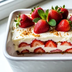 To make the Strawberry Cheesecake Icebox Cake, gather these simple ingredients: - 2 cups fresh strawberries, hulled and sliced - 1 cup heavy whipping cream - 1 cup cream cheese, softened - ½ cup powdered sugar - 1 teaspoon vanilla extract - 1 cup graham cracker crumbs - ½ cup unsweetened coconut flakes (optional) - Fresh mint leaves for garnish Each ingredient adds a special touch. The fresh strawberries bring a burst of flavor. Heavy cream and cream cheese create a rich and creamy filling. Powdered sugar sweetens the mixture just right. Vanilla extract adds warmth. Graham cracker crumbs form the crust and layer, while coconut flakes add a fun twist. Finally, fresh mint leaves offer a bright finish. Using quality ingredients makes a big difference. Choose ripe strawberries for the best taste. Fresh ingredients ensure your cake is both tasty and beautiful. {{ingredient_image_1}} 1. Whipping the heavy cream: Start by pouring 1 cup of heavy whipping cream into a mixing bowl. Use a hand mixer to whip it. Keep mixing until you see soft peaks. This should take about 3-5 minutes. Set it aside for now. 2. Beating the cream cheese: In another bowl, take 1 cup of softened cream cheese. Use the mixer to beat it until smooth. Gradually add ½ cup of powdered sugar and 1 teaspoon of vanilla extract. Mix it well until it combines into a creamy blend. 3. Combining ingredients for the filling: Take the whipped cream and gently fold it into the cream cheese mixture. Use a spatula and be careful not to deflate the whipped cream. Mix until everything is fluffy and well combined. This creamy filling is what makes the cake special! 1. Creating the first layer: Grab a 9x9 inch baking dish. Start by sprinkling a thin layer of graham cracker crumbs at the bottom. You want just enough to cover the base lightly. 2. Adding filling and strawberries: Next, spread a layer of the cream cheese filling over the crumbs. Then, add a layer of sliced strawberries. Use about 1 cup of fresh strawberries, hulled and sliced. 3. Repeating the layering process: Keep repeating this process. Add more graham cracker crumbs, then the cream cheese mixture, and more strawberries. Do this until you finish all the ingredients. End with a layer of the cream cheese mixture on the top. 1. Adding coconut flakes: If you like coconut, sprinkle ½ cup of unsweetened coconut flakes over the top layer of the cream cheese filling. This adds a nice texture and flavor. 2. Covering and refrigerating the cake: Cover the dish with plastic wrap or a lid. Refrigerate the cake for at least 4 hours. If you can, let it chill overnight. This time helps all the flavors mix and makes the cake set. Enjoy your delightful Strawberry Cheesecake Icebox Cake! - Look for bright red strawberries. They should be firm, not squishy. - Check for green caps. Fresh green leaves mean fresh berries. - Rinse the strawberries gently under cold water. Hull and slice them for the cake. Using ripe strawberries gives the best flavor. They make the cake sweet and juicy. Slice them thin for even layering. This helps in creating a smooth texture in each bite. - Chill your mixing bowl and beaters. Cold tools help the cream whip better. - Start at a low speed, then increase to medium. This helps avoid splatters. - Stop whipping when soft peaks form. Over-whipping can make the cream grainy. Whipped cream adds lightness to the cheesecake filling. Keep an eye on it while whipping. You want it fluffy, not butter! - Garnish with extra strawberries on top. Fresh mint leaves also add a nice touch. - Serve with iced tea or lemonade. These drinks pair well with the cake's sweetness. A beautiful presentation makes the cake even more inviting. People eat with their eyes first, so make it look great! Pro Tips Use Fresh Strawberries: For the best flavor and texture, always opt for fresh, ripe strawberries. They're sweeter and juicier, making your icebox cake even more delicious. Chill Your Ingredients: Ensure your cream cheese is softened to room temperature for easier mixing, and chill your whipped cream for a fluffier texture when whipped. Let It Set: For the best results, refrigerate the cake overnight. This allows the layers to meld together, enhancing the overall flavor and texture. Customize Your Toppings: Feel free to add other fruits like blueberries or raspberries, or nuts for an added crunch. Experiment with flavors to make it your own! {{image_2}} You can enjoy this cake even if you're gluten-free. Here are some ideas: - Alternative crust options: Instead of graham cracker crumbs, try using crushed gluten-free cookies or almond flour. Both give a nice base. - Substituting ingredients: Use gluten-free powdered sugar and check labels on cream cheese to ensure no gluten is present. Want to make your cake even tastier? Here’s how: - Adding citrus zest: A little lemon or lime zest gives a fresh twist. Just mix it into the cream cheese filling. - Using different berries: Swap strawberries for blueberries or raspberries. Each berry adds its own unique flavor. Make your cake look special for any event with these tips: - Creative serving styles: Serve slices on colorful plates. You can also layer individual servings in clear cups for a fun touch. - Decorating for special occasions: Add whipped cream swirls on top. Sprinkle some extra berries and fresh mint leaves. This makes it look festive and inviting. To keep your Strawberry Cheesecake Icebox Cake fresh, store it in the fridge. Use a covered dish to avoid drying out. I recommend a glass or plastic container with a tight lid. This will help keep the cake moist and tasty. If you don’t have a lid, wrap the dish with plastic wrap. Make sure it covers all the edges. The cake lasts about 3 to 5 days in the fridge. You can safely enjoy it for a few days after making it. For longer storage, consider freezing it. To freeze, slice the cake first. Wrap each slice in plastic wrap. Then, place the wrapped slices in a freezer-safe bag. This method helps keep each slice fresh. You can store it in the freezer for up to a month. When ready to eat, simply thaw in the fridge overnight. Yes, you can use frozen strawberries in this recipe. First, thaw them by placing them in the fridge overnight. This keeps them firm and helps prevent mushiness. Drain any extra liquid before using them. This ensures a tasty layer in your icebox cake. The icebox cake needs at least 4 hours in the fridge to set. For the best flavor and texture, I recommend letting it chill overnight. This time allows the flavors to blend well. It also helps the cake hold its shape when you slice it. Absolutely! This icebox cake is perfect for making ahead. You can prepare it up to two days before serving. Just store it in the fridge, well covered. This makes it a great option for parties or gatherings. This icebox cake is easy to make and perfect for any occasion. With fresh strawberries, creamy filling, and simple layers, it brings joy to your table. Remember to use ripe strawberries and whip your cream well for the best taste. You can try different berries or make it gluten-free for variety. Plus, this cake stores well in the fridge, lasting several days. Enjoy making and sharing this delightful dessert with friends and family. Your culinary skills will shine, and everyone will love it!