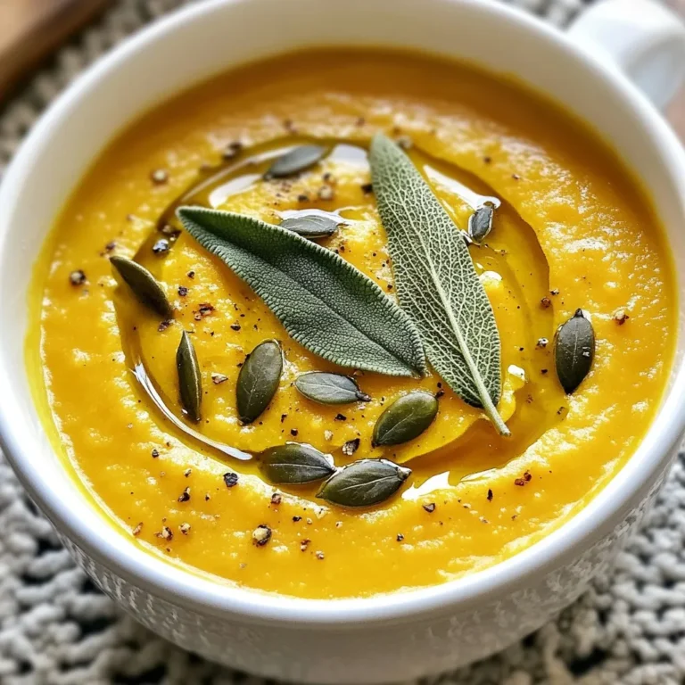 To make this soup, you need some key items: - 1 medium pumpkin (about 3-4 lbs), halved and seeds removed - 2 tablespoons olive oil - 1 onion, chopped - 3 cloves garlic, minced - 4 cups vegetable broth - 1 teaspoon dried sage or a handful of fresh sage leaves, chopped - 1 teaspoon ground cinnamon - 1/2 teaspoon nutmeg - Salt and pepper to taste - 1 cup coconut milk (for creaminess) These ingredients will create a rich and tasty soup. The pumpkin gives it a sweet flavor, while sage adds warmth. The spices really make the dish pop! You can add a few extras to make the soup even better: - Pumpkin seeds for crunch - Fresh sage leaves for garnish - A drizzle of olive oil for added richness These optional items will give your soup a lovely finish. They add texture and flavor, making it feel more special. When picking a pumpkin, look for these points: - Choose a pumpkin that feels heavy for its size. - Look for a firm skin with no soft spots. - A deep orange color means it's ripe and sweet. Selecting a quality pumpkin makes a big difference in flavor. The best pumpkins yield a sweeter and creamier soup that everyone will love! {{ingredient_image_1}} Start by preheating your oven to 400°F (200°C). Take your medium pumpkin, about 3-4 lbs. Cut it in half and remove the seeds. Brush the cut sides with olive oil and sprinkle salt on them. Place the pumpkin halves cut-side down on a baking sheet. Roast them for 40-50 minutes. You want the flesh to be soft. Once done, let it cool a bit. Scoop out the flesh with a spoon and set it aside. Discard the skin. This step brings out the pumpkin's sweet flavor. In a large pot, heat 2 tablespoons of olive oil over medium heat. Add the chopped onion and cook it for about 5-7 minutes. You want it soft and translucent. Then, add 3 cloves of minced garlic and cook for one more minute. This will make the kitchen smell amazing! Next, stir in the roasted pumpkin flesh, 4 cups of vegetable broth, 1 teaspoon of dried sage or fresh chopped sage, 1 teaspoon of ground cinnamon, and 1/2 teaspoon of nutmeg. Season with salt and pepper. Bring this mixture to a boil, then reduce the heat. Let it simmer for 15 minutes. This helps the flavors blend well. Now comes the fun part! Use an immersion blender to puree the soup until it’s smooth. If you don’t have one, carefully transfer the soup to a standard blender and blend it in batches. After blending, stir in 1 cup of coconut milk. This adds creaminess to the soup. Heat it for another 5 minutes, adjusting the seasoning if needed. Serve the soup hot. You can garnish it with pumpkin seeds, fresh sage leaves, or a drizzle of olive oil for extra flavor. Enjoy your delicious roasted pumpkin sage soup! To get that creamy texture, use coconut milk. It adds richness and flavor. Start by stirring in one cup of coconut milk after blending the soup. If you want more creaminess, add a bit more. You can also use heavy cream, but coconut milk keeps it dairy-free. Roasting the pumpkin gives it a deep flavor. Preheat your oven to 400°F. Brush the pumpkin halves with olive oil. This helps them roast evenly. Place them cut-side down on a baking sheet. Roast for 40 to 50 minutes. The flesh should be soft and tender. Let it cool before scooping out the flesh. This makes it easier to handle. Taste as you go! Start with the basic spices: sage, cinnamon, and nutmeg. Add salt and pepper to bring out the flavors. If you want a bolder taste, add more sage or a pinch of chili flakes for heat. You can also play with sweetness by adding a touch of maple syrup. Adjust the seasonings until it’s just right for you. Pro Tips Choose the Right Pumpkin: Opt for a sugar pumpkin or pie pumpkin for the best flavor and texture in your soup. Add Depth of Flavor: Consider roasting the garlic with the pumpkin for a sweeter, richer garlic flavor. Adjusting Consistency: If the soup is too thick, add more vegetable broth or water until you reach your desired consistency. Storage Tips: This soup can be stored in an airtight container in the refrigerator for up to 5 days or frozen for up to 3 months. {{image_2}} To make this soup vegan or dairy-free, simply skip the coconut milk or replace it with another plant-based milk. Almond milk or cashew cream works well. You can add more roasted pumpkin for creaminess. Using vegetable broth keeps it vegan-friendly. This way, you still enjoy rich flavors without any dairy. You can add other veggies for extra flavor and nutrition. Carrots, sweet potatoes, or even butternut squash blend well with pumpkin. Just roast them alongside the pumpkin. For a creamy texture, make sure to blend them into the soup. This gives your dish a colorful look and a mix of tastes. If you like heat, add some spice! You can include a chopped jalapeño or a pinch of cayenne pepper. Stir these in when you add the garlic. This adds warmth to the soup without overpowering the pumpkin flavor. Top with a swirl of hot sauce for an extra kick! After enjoying your roasted pumpkin sage soup, you may have some left. To store it, let the soup cool down first. Then, pour it into an airtight container. Make sure to leave some space at the top. This helps the soup expand if it freezes. You can keep the soup in the fridge for up to five days. If you want to save the soup for later, freezing is a great choice. Place the cooled soup in freezer-safe containers. You can also use freezer bags for easy storage. Just remember to label them with the date. The soup will stay fresh for about three months in the freezer. When you are ready to use it, just take it out and let it thaw in the fridge overnight. To reheat your soup, pour it into a pot and warm it over medium heat. Stir it often to prevent sticking. You may need to add a splash of water or broth if it thickens too much. If you prefer, you can also microwave it. Use a microwave-safe bowl and cover it to avoid splatters. Heat for one to two minutes, stirring halfway through. Enjoy your warm soup! Yes, you can use canned pumpkin. It saves time and is easy to use. Look for pure pumpkin, not pumpkin pie filling. One can (about 15 ounces) works well for this recipe. Canned pumpkin gives you a smooth texture and great flavor. If you want to skip coconut milk, try almond milk or cashew cream. Both options add creaminess without the coconut flavor. You can also use regular milk for a dairy option. Just remember to adjust the amount to keep the soup creamy. Roasted pumpkin sage soup can last up to five days in the fridge. Store it in an airtight container. If you want to keep it longer, consider freezing it. Just make sure to cool it first before freezing. This blog post walked you through making a delicious roasted pumpkin sage soup. You learned about key ingredients, step-by-step prep, and tips for perfect texture. We explored variations for different diets and discussed safe storage. To enjoy a tasty bowl anytime, remember to use fresh pumpkin and adjust flavors to your liking. With these tips, you can create a comforting soup that impresses every time. Happy cooking!