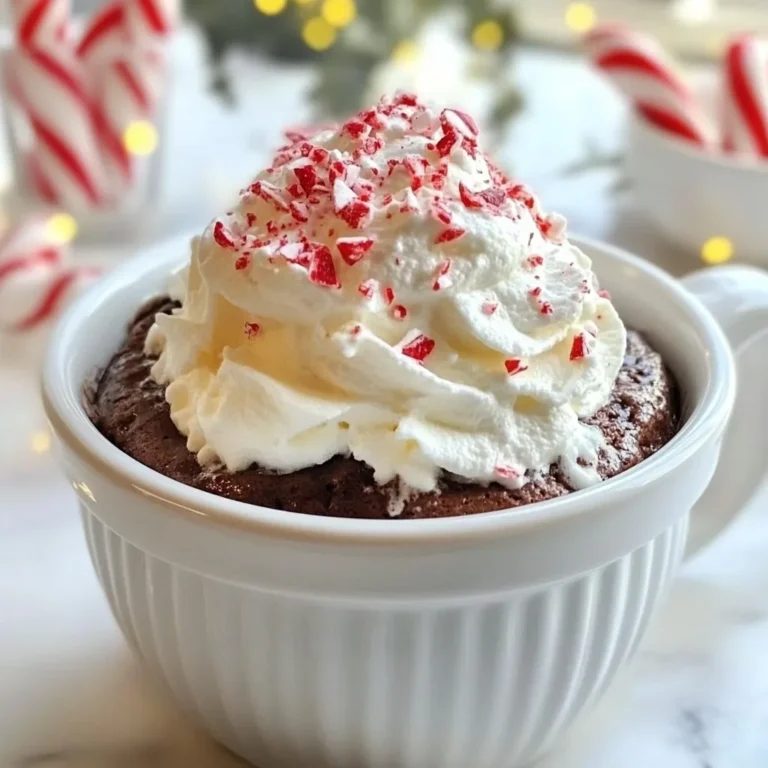 To make the Chocolate Peppermint Mug Cake, you will need: - 4 tablespoons all-purpose flour - 4 tablespoons granulated sugar - 2 tablespoons unsweetened cocoa powder - 1/8 teaspoon baking powder - 1/8 teaspoon salt - 3 tablespoons milk - 2 tablespoons vegetable oil - 1/4 teaspoon peppermint extract - 1 tablespoon mini chocolate chips (optional) - Whipped cream and crushed candy canes for topping You can make your mug cake even more special with toppings. Here are some ideas: - Whipped cream for a creamy touch - Crushed candy canes for a festive crunch - Drizzle of chocolate sauce for extra sweetness - Sprinkles for a fun look If you don’t have some ingredients on hand, here are easy swaps: - Use whole wheat flour instead of all-purpose flour. - Replace granulated sugar with brown sugar for a richer taste. - Use almond milk or oat milk in place of regular milk. - Coconut oil can replace vegetable oil for a unique flavor. - If you don’t like peppermint, use vanilla extract instead. This way, you can enjoy a delicious mug cake that suits your taste! {{ingredient_image_1}} Start with a microwave-safe mug. Add 4 tablespoons of all-purpose flour. Next, add 4 tablespoons of granulated sugar. Then, mix in 2 tablespoons of unsweetened cocoa powder. Don’t forget 1/8 teaspoon of baking powder and 1/8 teaspoon of salt. Use a whisk to combine these dry ingredients well. This step is key for a smooth mug cake. Make sure there are no lumps. Now it’s time for the wet ingredients. Pour in 3 tablespoons of milk. Then add 2 tablespoons of vegetable oil. Mix this into the dry ingredients. Stir until the batter is smooth. You want to see no dry bits left. For a minty kick, add 1/4 teaspoon of peppermint extract. If you like chocolate, toss in 1 tablespoon of mini chocolate chips. Stir everything well to ensure even flavor. Place the mug in your microwave. Cook it on high for 1 minute and 30 seconds. When the timer goes off, check the center. If it still looks wet, microwave it for 10 more seconds. Repeat this until it's fully cooked. Let the mug cake cool for a minute. Top it with whipped cream and crushed candy canes. Enjoy your delicious treat! To get the best texture, mix the dry ingredients well. This helps all the flavors blend. When you add milk and oil, stir until no lumps remain. If you see lumps, your cake may not rise well. The right mix gives you a soft and fluffy cake. Cooking time is key for a perfect mug cake. Start with 1 minute and 30 seconds. After that, check if the center is wet. If it is, microwave in 10-second bursts. Be careful not to overcook, or your cake will be dry. Each microwave is different, so you may need to adjust the time. If you want to change it up, try different mix-ins. Instead of chocolate chips, use white chocolate or butterscotch chips. Chopped nuts can add a nice crunch. If you prefer no chips, skip them altogether. The cake will still taste great with just peppermint flavor! Pro Tips Use a larger mug: This will help prevent overflow as the cake rises in the microwave. Check the cake frequently: Microwave ovens vary in power, so start with 1 minute and add extra time as needed to avoid overcooking. Mix thoroughly: Ensure all ingredients are well combined to avoid dry spots and achieve a uniform texture. Add toppings just before serving: This keeps the whipped cream and candy canes fresh and prevents them from becoming soggy. {{image_2}} You can have fun with flavors in your Chocolate Peppermint Mug Cake! Try using different extracts. Instead of peppermint, use vanilla for a classic taste. Almond extract can add a nice twist too. If you love citrus, orange zest will brighten the flavor. You can also mix in spices, like cinnamon or nutmeg, for a cozy vibe. Adding a little espresso powder can enhance the chocolate taste, too. Be brave and experiment with what you enjoy! If you need a gluten-free treat, I have you covered! Swap the all-purpose flour for a gluten-free blend. Make sure it contains xanthan gum for better texture. Almond flour is another option, but it will change the cake's density. You might need to add a bit more liquid if you use almond flour. Always check the labels on your ingredients to ensure they are gluten-free. Enjoy your cake without worry! Making this cake vegan is easy and fun! Replace the milk with almond or oat milk. Use a plant-based oil, like coconut or canola oil, instead of vegetable oil. For the egg, you can use a flax egg. Mix one tablespoon of flaxseed meal with two and a half tablespoons of water. Let it sit for a few minutes to thicken. Finally, choose dairy-free chocolate chips if you want to add those. You can still enjoy a rich, delicious treat without any animal products! If you have any mug cake left, store it in an airtight container. This keeps it fresh. Place the container in the fridge. It will stay good for about two days. If you leave it out, it may dry out quickly. To reheat your mug cake, use the microwave. Place the mug in for about 10 to 15 seconds. Check if it’s warm enough. If it’s still cold, heat it for a few more seconds. This keeps the texture soft. Avoid overheating, or it may become tough. You can freeze the mug cake if you want to save it longer. First, let it cool completely. Wrap it well in plastic wrap, then place it in a freezer bag. It can stay frozen for about a month. When you want to eat it, thaw it in the fridge overnight and reheat as needed. Yes, you can make this mug cake ahead of time. However, I suggest you eat it fresh. Mug cakes taste best right after they cook. If you must prepare it early, mix the dry ingredients and store them in a sealed container. When you are ready to eat, just add the wet ingredients and microwave. You can tell if your mug cake is done by checking the center. After microwaving for 1 minute and 30 seconds, look for a dry top. If it still looks wet, microwave for 10 more seconds at a time. The cake is ready when a toothpick comes out clean. Yes, you can use different flavor extracts. Vanilla, almond, or orange extracts work well. Just remember to adjust the amount, so the flavors balance nicely. You want your cake to taste great and not too strong! This blog post showed you how to make a delicious mug cake. We covered key ingredients, optional toppings, and tasty substitutions. The step-by-step guide made it easy to mix, combine, and microwave your cake. With tips for perfect texture and cooking time, plus flavor variations, you can customize your treat. Finally, I shared storage tips to keep your cake fresh. Enjoy your mug cake adventure, and let your creativity shine!